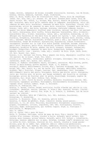 homme. bosièr, ramasseur de bouse; scarabée stercoraire. bosigon, tas de bouse.
bosòla, ventre, bedaine, Castres. étym. Incertaine.
bòsc, m. Bois, forêt; bois de construction: fust, fusta; bois de chauffage;
lenha. Var. bòs, Cév., pl. bòsses. Pl. de bòsc: bòsques.Bosc levat, bois de
haute futaie. Dér. bòsca, f., bocage, Mtp. boscal, massif de plantes à fleurs,
Rgt. boscalha, menu bois qu'on ramasse dans la campagne. boscalhaire, celui qui
ramasse du menu bois. boscalhar, ramasser du menu bois. boscalhat, fourré, Aur.
boscalhatge, action de ramasser du menu bois. boscalhon, fragment menu de bois.
boscan, -ana, adj., des bois, sauvage. boscana, chataigne commune. boscar,
gagner les bois; déguerpir; souffler avec violence, secouer les bois (en parlant
du vent). boscarassa, bois touffu, futaie épaisse. boscardièr, Cév., b-cheron.
boscardièra Cév., b-cher. boscarenc, -enca, adj., sylvestre. boscarida, ce mot
désigne les fauvettes et les becs fins du genre (r) sylvia ¯. Syn. boscatièira,
boscarla, bosquèrla, boscarèla. boscàs, grand bois; mauvais bois. boscàs, -assa,
adj., sauvage, bâtard. boscassièr, b-cheron, Quer.; adj., qui habite les bois.
boscassièra, serpe de b-cheron. boscassilha, boscassina, arbres forestiers;
sauvageons, pousses sur la tige d'un arbre greffé. boscatge, bocage. boscata,
petit bois. boscaton, petit bois. boscatièr, b-cheron. boscatièira, b-cher.
bosquejar, produire du bois, gagner les bois. bosquet, bosquet. bosquetièr,
bocager. bosquilhar, ramasser du menu bois. bosquilhon, bosquet. bosquin,
bâtard. bosc¢s, -osa ~ boscut, -uda, adj., couvert de bois. étym. Germ. bosk.
cf. All. Busch. Cat. bosc.
boscar, v.tr. Secouer les flots, Mtp.; gagner les bois, déguerpir; souffler fort
(en parlant de la bise). étym. Occ. bòsc.
boscar,v.tr. Chercher, rechercher; quêter; attraper, escroquer. Dér. bosca, f.,
recherche. étym. Got. busca. Cat. buscar.
bosena, f. Tumeur; renflement; heurt, accident, rencontre. Mala bosena, peste.
Portar la mala bosena, porter malheur. étym. L. V. bodina.
bosiga,f. Essart; défrichement; friche, Aur., Castres; écobuage, Rgt. Var.
boïga, Rgt. Dér. bosic, m., ver de terre, Gui. bosigar, défricher; essarter;
écobuer, Rgt.; fouiller, fouger, Castres. Syn. desbosigar, Cent. bosigada,
défrichement; boutis des porcs. bosigador, boutis des porcs; groin. bosigaire,
celui qui fouille avec le groin, qui mange salement; qui bousille un ouvrage.
bosigatge, action de fouiller avec le groin, bousillage. bosiguet, espèce de
mousseron, Gui. étym. Gaul. bodica. Cat. boïga.
bosinar, v. intr. Faire du bruit; gronder; murmurer; bourdonner; bruire. Dér.
bosinaire, tapageur; grondeur. bosinament, bourdonnement; bruissement. bosin,
tapage; bruit confus; rumeur. étym. L. bucinare.
bosoire, m. Précipice, Cév.
bosòla, f. Borne, limite; terme; monticule; touffe d'herbe qui abrite un nid,
Corbières. (Bedaine, ventre, Castres. V. bosa.) Dér. bosolar, borner, limiter.
bosolut, -uda, adj., ventru, Fux. étym. B. L. bodula. L. bodones, tas de terre
servant de limites.
boson, m. Bourdon, mâle de l'abeille, Gui. Dér. bosonar, bourdonner.
bossariga, V. mossariga.
bossòla, f. Boussole. étym. It. bussola, petite boîte.
bossòla, f. Nasse de pêcheur. étym. limousin: bossa, grand panier.
bosticar, v. tr. et intr. Fouiller, bouleverser; fourgonner; aiguillonner,
piquer, tourmenter, irriter, inquiéter, Cév. Dér. bostiquejar, fureter,
fouiller, Agde. bostiquejaire, qui furète; taquin. étym. L. fustigare ?
bostifalha, f. Mangeaille.
bot, V. nebot.
bot, m. Outre, Cév.; peau de bouc.
bota, f. Tonneau, barrique, outre de peau de bouc, Fux.; vessie. Dér. botada,
contenu d'un tonneau. botana, cruchon à huile. botanèl, petit enfant, Alb.
botard, gros tonneau, grosse vessie. botarèl, petit f-t. botari , tonnellerie.
botariga, vessie; ampoule sur la peau. botatge, tonnage (imp"t seigneurial sur
la vente du vin). botejar, charrier du vin. botelh, cruchon à large panse;
mollet, gras de la jambe. Syn. pompilh; ombilic (Umbilicus pendulinus);
grappillon, Rgt. Syn. mamèla, moissèl, lambrusca. botelha, bouteille; cruche en
terre. Syn. dorna, cruga; gourde; courge, potiron; grain de raisin Cév.
 