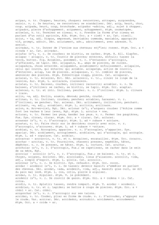 acipar, v. tr. Chopper, heurter, choquer; rencontrer, attraper, surprendre,
saisir. v. r. Se heurter, se rencontrer; se scandaliser. Dér. acip, heurt, choc,
coup. acipada, heurt, coup, bronchade. acipador -adoira, adj., sujet à chopper.
acipador, pierre d'achoppement. acipament, achoppement. étym. onomatopée.
aciselar, v. tr. Terminer en ciseau. v. r. Prendre la forme d'un ciseau en
parlant d'un outil agricole, Alb. étym. Occ. a + cisèl + ar. Cat. cisell.
aciut, - ta, adj. Dispos, empressé, serviable; commode, maniable, approprié;
vif, prompt, adroit. Dér. aciutament, adv., adroitement, avec adresse. V.
assiut.
acivadar, v. tr. Donner de l'avoine aux chevaux; enj"ler; rosser. étym. Occ. a +
civada + ar. Cat. acivadar.
aclafar (s'), v. r. Se courber; se blottir, se cacher. étym. H. All. klapfen.
aclapar ~ aclapir, v. tr. Couvrir de pierres; enterrer, enfouir; tasser la
terre, butter. fig. Accabler, assommer. v. r. S'entasser; s'accroupir,
s'affaisser, se tapir. Dér. aclapad¡s, m., amas de pierres, de ruines.
aclapadura, chose enterrée. aclapament, accablement; enfouissement. aclapaire,
celui qui couvre, qui enterre; qui accable. aclapatge, action de couvrir,
d'enterrer. aclap, tas de pierres. aclapassar, v. tr. combler de pierres,
amonceler des pierres. étym. Préceltique clapp, pierre. Cat. aclaparar.
aclarar, v. tr. éclairer, Bit. Dér. aclaresir, v. tr., rincer le linge de la
lessive, Aur. étym. L. acclarare, clarescere.
aclatar, v. tr. Baisser, courber, incliner; recouvrir; accabler. v. r. Se
baisser, s'incliner; se cacher, se blottir, se tapir. étym. Occ. acaptar.
aclencar, v. tr. et intr. Incliner, pencher. v. r. S'incliner. étym. L. clinare
+ icare.
aclin, -a, adj. Enclin, soumis, dévoué; penché, courbé.
aclinar, v. tr. Incliner, courber, pencher; accabler, harasser. v. r.
S'incliner, se pencher. Var. aclenar. Dér. aclinament, inclination, penchant.
aclinant, -a, adj., accablant. étym. L. acclinis, acclinare.
aclon, m. Arc-en-ciel, Rgt. Dér. aclonar (s'), s'arquer; courber l'échine comme
font les vaches à leur lever, Rgt. étym. L. arculus + one.
aclucar, v. tr. Fermer les yeux, bander les yeux. v. r. Fermer les paupières,
Fux. Syn. clocar, clucar. étym. Occ. a + clucar. Cat. aclucar.
acoassar (s'), v. r. S'accroupir. étym. L. ad + cubare + acciare.
acoatar, v. tr. Faire choir sur le derrière; couvrir avec soin. v. r.
S'accroupir, s'accouver. étym. L. ad + cubare + -attare.
acoblar, v. tr. Accoupler, apparier. v. r. S'accoupler, s'apparier. Syn.
apariar. Dér. acoblament, accouplement. acoblaire, qui s'accouple, qui accouple.
étym. L. ad + copulare. Cat. acoblar.
acocarrar ~ acocarrir, v. tr. et r. Acoquiner, encanailler. étym. Occ. cocarro.
acochar ~ acoitar, v. tr. Poursuivre, chasser; presser, expédier, hâter,
dépêcher. v. r. Se presser, se hâter. étym. L. coctare. Cat. acuitar.
acocholar (s'), v. r. S'accroupir, Fux.; se rapetisser, se cacher dans le sein
de sa mère, Rgt.
acocolar ~ acocolir (s'), v. r. S'accroupir, Fux.; se baisser. v. tr. et r.
Choyer, soigner, dorloter. Dér. acocolador, lieux d'aisances. acocolit, -ida,
adj., simple d'esprit. étym. L. glocix. Cat. acocolir.
acoconar (s'), v. r. Se blottir. Syn. refaudir. étym. Occ. cocon.
acodar ~ acodesir (s'), v. r. Se tasser; devenir massif; s'emmêler en parlant
des cheveux. Dér. acodat, -ada, acodesit, -ida, adj., massif; gras cuit, se dit
du pain mal levé. étym. L. cos, cotis, pierre à aiguiser.
acodar, v. tr. Aiguiser. étym. V. le précédent.
acodenir (s'), v. r. Se couvrir de gazon. étym. Occ. a + codena + ir. Cat.
cotna.
acodir, v. tr. Aplatir; tasser, rendre compact. étym. V. acodar ~ acodesir.
acodolar, v. tr. et r. Lapider; se battre à coups de pierres. étym. Occ. a +
còdol + ar. Cat. còdol.
acogonchar (s'), v. r. S'accroupir sur ses talons.
acoidar, v. tr. Couder, plier en forme de coude. v. r. S'accouder, s'appuyer sur
le coude. Var. acoirar. Dér. acoidador, accoudoir. acoidament, accoudement.
étym. Occ. a + coide + ar.
 