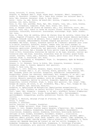botsa, botsicòt, V. borsa, borsicòt.
bòupret, m. Beaupré (mar.). étym. moyen Angl. bouspret. Néerl. boegspriet.
bovet, m. Bouvreuil (oiseau), Cév.; rabot pour creuser les rainures dans le
bois. Dér. bovetar, bouveter. étym. L. bos, bovis.
bovin ~ boïn, -a, adj. Bovin, de boeuf.Dér. bovina, l'espèce bovine. étym. L.
bovinus. Cat. bovi, bovina.
brac, m. Pus. Syn. postèma. Boue, Rgt. Dér. brag¢s, -osa, adj., sale, boueux,
crasseux. braguejar, suppurer. étym. Gaul. bracu. Cat. brac.
brac, m. Braque (race de chiens de chasse); adj., fou, écervelé; court. Dér.
braquet, -eta, adj., boeuf ou vache de couleur rousse. bracon, braque. braconar,
braconner. braconièr, braconnier. braconatge, braconnage. étym. Germ. brakko.
Cat. brac.
braç, m. Bras. Braç de cadièra, bâton de chaise; braç de carreta, limon; braç de
cebas, chapelet d'oignons. Dér. braça, travail à bras; brasse (mesure maritime).
braçadèl, échaudé (sorte de gâteau), Toul.; espèce de filet pour porter le foin,
Castres. braçada, embrassement; brassée (espace que parcourt un nageur d'un
mouvement des bras). braçal, brassard (partie de l'armure); gantelet pour jouer
à la balle. braçalet, bracelet. braçar, remuer avec les bras; changer la
direction d'une voile (mar.). braçat, brassée; a bèl braçat, à bras-le-corps.
bracejar, gesticuler. bracejaire, qui gesticule. bracèl, petit tas de foin dans
le champ, veillotte, Rgt.; brassée de foin; petite ligne de palangre. bracèla,
filet à foin. bracelièra, bretelles de tablier ou de jupe. bracièr, ouvrier qui
travaille avec ses bras. bracièra, brassière; bras de rivière; grand fossé;
corset. bracièr, -ièra, adj., brachial. braçon, petit bras; rais d'une roue,
Castres. étym. L. bracchium. Cat. braç.
bracamard ~ bracomard, m. Braquemart. étym. It. bergamasco, épée de Bergame?
bracanar, V. barracanar.
braçar, v. tr. Brasser, faire la bière. Dér. braçaire, brasseur. braçari ,
brasserie. étym. L. braces, épeautre (mot gaulois).
brada, f. Haie vive, Ag.
bradalar, v. intr. Brailler, beugler, mugir, braire. étym. L. V. bragitare.
braga, f. élingue (mar.). f. pl. Culotte, braie, pantalon. Var. braias, Cév.
Dér. bragada, plein les culottes. bragairon, arbalétrier (charpenterie).
bragaironar, placer les chevrons, chevronner, Aur. bragalet, s. et adj., mal
culotté, Minervois. bragar, mettre les culottes. braguet ~ bragòt, canon de
culotte, Hérault; pantalon; pendeur, sorte de cordage (mar.). bragueta,
braguette. braguetar, mettre la culotte. braguièr, mamelles des animaux.
braguilhon, culotte d'enfant. étym. L. braca (mot gaulois). Cat. brag¢. Comp.
bragas de coguol, de cocut, f. pl. Primevère, Mtp., Rgt., Toul. bragas de lop,
f. pl. Ellébore. Syn. marsiule, mars¡vol.
bragalon, m. Aphyllanthe de Montpellier (Aphyllanthes monspeliensis).
bragar, v. intr. Piaffer; se vanter; briller; fleurir; prospérer; faire le fier,
Toul., Quer. Dér. bragaire ~ bragard, s. et adj., piaffeur; faiseur d'embarras;
fat; pimpant, élégant; fier, brave. bragardament, adv., fastueusement;
gaillardement. bragarditge, piaffe, prétention; fierté, Cév. étym. Occ. braga,
culotte.
bragèia, f. Mouture, mélange d'orge et d'avoine, Cév.
braia, V. braga.
bralhar, V. braulhar.
bralle, brallar, V. brandar, brandolar.
brama, f. Brême (poisson). étym. Franc. brahsima.
bramar, v. intr. Bramer; braire; mugir; beugler, s'égosiller. Dér. bramada,
cris, pleurs. bramad¡s, bramadissa, braiement, hurlement, beuglement;
criailleries. bramador, gosier. bramaire, brailleur, braillard; machine à
nettoyer le blé. bramal, braiement, hurlement. bramari , criaillerie,
beuglements. bramèca, pleureur, geignard, Castres. bramejar, geindre, gémir.
bramicar, gémir, pleurer. étym. Germ. bramm"n. Cat. bramar. Comp. bramafam, m.
Homme toujours affamé; ibéride pinnée (Iberis pinnata), plt. bramafèr, m. Terre
ingrate qui demande beaucoup de travail et use les outils. bramapan, m. V.
bramafam. bramasopa, m. Meurt-de-faim. bramavaca, f. Colchique d'automne
(Colchicum autumnale), plt; gratiole officinale (Gratiola officinalis), plt.
 