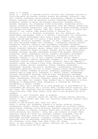 brana, f. V. branda.
branc, m. ~ branca, f. Branche; portion, division. Dér. brancada, feuilles et
fruits que porte une branche. brancar, pousser des branches. brancarut, -uda,
adj., branchu. brancassa, grosse branche. brancassejar, ramasser du branchage.
brancat, brancard, limon de charrette; civière. brancatge, branchage.
branquejar, étendre ou agiter ses branches; gesticuler. branquet, petite
branche. branqueta, id., branquièr, b-cher de branches. branquilha, petite
branche. branquilh, petite branche. branquilhar, jeter des rameaux. branquilhon,
très petite branche. branquilhut, -uda, adj., plein de menues branches. brancum,
les branches d'un arbre. brancut, -uda, adj., branchu. étym. B. L. branca (mot
gaulois ?). Cat. branca. Comp. branca orsina, f. Acanthe, plt.
brançolar, v. tr. et r. Balancer, se balancer, Bit. Var. grançolar. Dér.
brançolament, balancement. étym. L. V. branca, * branciolare. Cat. bransolejar.
brand, m. Branle; balancement; choc: sonar a brand, sonner à toute volée;
espadon (grosse épée que l'on maniait à deux mains); tison. Dér. brandada,
branlement, agitation, mouvement. brandal, -a, adj., flambant: fòc brandal, feu
qui jette une grande flamme, Toul. brandalar ~ brandalhar, branler, secouer.
brandalisa, désordre, confusion, Rgt. brandament, branlement, mouvement.
brandant, -a, adj., qui br-le avec flamme. brandar, branler, remuer, brimbaler;
bouger, balancer, chanceler, danser; tanguer (mar.); br-ler, éclairer, embraser.
brandejar, brandiller; danser le branle. brandet, petite ronde, petit branle.
brandida, secousse, saccade, réprimande; attaque d'une maladie. brandilhar,
brandiller, agiter. brandimard, vaurien, flandrin. brandiment, branlement.
brandin, -ina, désoeuvré, vaurien. brandinejar, fainéanter; aller en se
dandinant. brandir, v. tr. et intr., brandir; secouer; agiter, remuer;
brandiller; terminer, bâcler; réprimander vivement; v. r., se remuer, balancer.
brandissa, volée de coups. brandol, branle, agitation. Sonar las campanas a
brandols, sonner les cloches à toute volée. brandolar ~ brandolhar, brandiller,
dandiner, tituber, secouer; fainéanter. Conjug. brandòla. brandolada ~
brandolhada, secousse, oscillation. brandolejar ~ brandolhejar, brandiller
fréquemment, pendiller; dorloter un enfant. brandon, branle (danse); brandade
(cuisine); brandon (flambeau de paille). brandonar, brandonner, planter des
brandons dans un champ saisi. brandussa, m., dandin, flâneur. brandussada,
secousse, ébranlement; bourrade; volée de coups. brandussatge, branlement.
brandussar, branler, agiter, secouer. brandussari , habitude de se dandiner, de
flâner. brandussejar, vaciller, chanceler, agiter dans divers sens. étym. Germ.
brand, tison, épée. Cat. brandar. Comp. branda-l'ala, m. Gobe-mouche à collier.
brandacoa, m. Bergeronnette jaune. brandacuol, m. Personne qui frétille.
brandapinta, m. Buveur, ivrogne.
branda, f. Haie, Cent.; maladie de la vigne marquée par le jaunissement et le
rougissement des feuilles, Rgt.; cloison, Narb.; bruyère (Erica vulgaris), Toul.
Syn. brana. Dér. brandissa, haie de roseaux; étendue de bruyère, Narb. brandar,
clore d'une haie. étym. Germ. brand, tison, dans le sens de plante qui br-le
aisément.
brandalar, v. intr. Criailler, Quer. V. bradalar.
branduèlh, Rgt. V. vertuèlh. Autres Var. bertuèl, bretuèl, bartuèl, bertriòl.
brantar, v. intr. Tonner, Rgt. étym. Occ. barrontar, brandiller, secouer; faire
du bruit, Dauphiné.
braquet, m. Nom de boeuf, Quer. étym. Occ. brac.
brasa, f. Braise. Dér. brasadura, soudure à la braise. brasaire, braseur,
chaudronnier, étameur. brasar, braser, souder, passer sur la braise. brasàs,
grand brasier. brasatge, action de braser. brasejar, brasiller, griller sur la
braise. brasièr, m., brasier. brasièra, bassin pour la braise; cocotte qu'on
couvre de braise, Aur. brasièr ~ -ièra, adj., qui concerne la braise. Teula
brasièira, pierre de l'âtre, Aur. brasigar, tisonner. brasigada, r"tie de
châtaignes. brasilhar, faire griller sur la braise. brasidura, scories.
brasilhada, grillade. brasucar ~ brasugar, tisonner, Quer.; griller, Rgt.
brasucada, r"tie de châtaignes. brasucaire, tisonneur. brasuquejar, tisonner,
Cév. brasuquet, tison, Agde. étym. Germ. brasa. Cat. brasa.
brasc, -a, adj. Cassant, rude au toucher, raboteux, Cév. Syn. braste, Rgt.
brasèl, m. Petite meule de foin, Rgt.
 