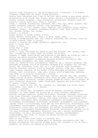 broccus. Comp. bròcacuol, m. Jeu de broche-en-cul: a bròcacuol, à la diable,
vivement; l'épée dans les reins; surnom péjoratif.
bròc,m. Broc (récipient pour l'eau ou le vin); petit baquet à deux anses; goulot
de bouteille ou de cruche. Dér. brocal, bocal. brocari , boissellerie. brocat,
cruche, cruchon. broquièr, -ièra, boisselier, boisselière. broquet, tuyau de
pressoir à huile; petit broc. étym. L. brocchus.
bròda, f. Paresse, fainéantise, indolence, Gév., Mtp. Syn. canha, pigresa. Dér.
brodar, paresser; lambiner. brod¢s, -osa, paresseux, lambin.
brodar, v. tr. et intr. Broder; orner, embellir. Dér. brodaire, -aira, brodeur,
brodeuse. brodari , broderie. brodadura, broderie. étym. Germ. brozd"n; anc.
Occ. broidar, brodar. Cat. brodar.
brofoni , V. bofani .
broga, brogal, V. bruga, brugal, à bruc.
bròia, Hérault, bròla, Quer., Toul., f. Boue, fange, vase.
broïna, f. Gelée blanche, Alb. Syn. albièra, albairada. Dér. broïnar, faire de
la gelée blanche. étym. L. pruina.
broine, m. Armoise des champs (Artemisia campestris), Toul.
bròl, m. Sauce, Quer.
bròla, V. bròia.
bròle, Mtp. V. brèu.
brolhar, V. bruèlh.
broma, f. Taret (mollusque qui perce le bois des navires). Dér. bromat, -ada,
adj., attaqué par le taret. étym. Gr. br"ma, ver du bois.
bromech, m. Appât constitué par des poissons ou des débris de viande qui sert à
attirer les petits poissons, Sète. étym. Gr. br"mê, nourriture.
bronbron, m. Bruissement; tintamarre; personne bruyante, hurluberlu; adv.,
étourdiment, bruyamment, Cév. étym. Onomatopée.
bronc, m. Noeud de bois; protubérance; aspérité; adj., cassant, hargneux. Dér.
broncada, bronchade, action de broncher; escapade d'un troupeau. Var. brucada,
brucal, Rgt. broncaire, -aira, adj. et s., qui bronche, sujet à broncher.
broncar, broncher, heurter, faire un faux-pas. broncut, -uda, adj., grossier,
rude; rugueux, raboteux. Ce mot paraît s'être développé en borronca, souche
d'arbre, Cent. borroncelut, -uda, adj., noueux, plein d'aspérités, raboteux,
Fux. étym. L. V. bruncus, de broccus + truncus.
bronda, f. Frondaison, rameau, feuillage, ramille, bourrée, Rgt. Dér. brondàs,
rameau servant de balai. brondasson, petit balai de ramée. bronde, taillis, Aur.
brondèl, rameau, brindille, trochet, pousse; grappe de raisin, Quer.; quignon de
pain. brondilha, broutilles, ramée. brondilhar, ramasser des broutilles. étym.
L. branca + frons, frondis.
bronha, f. Boule de pin, Don. Dér. bronhon, m., enveloppe d'un fruit; fruit,
noix, pêche, Toul. étym. L. V. prunea.
br¢nher, V. br£nher.
bronze, m. Bronze. Dér. bronzament, action de bronzer. bronzaire, bronzeur.
bronzant, -a, rude, sévère (en parlant de la voix); brusque, rébarbatif.
bronzar, bronzer; aguerrir, griser; se bronzer. bronzatge, bronzage. bronzeire,
loup (jouet d'enfant). bronzelhar, bronzer, Don. bronzida, bruit strident; son
ronflant, rumeur. bronzidor, -idoira, loup (jouet d'enfant). bronzidura, hâle;
brouissure. bronziment, hâle; grondement, ronflement; bruissement. bronzin,
bruissement, bourdonnement. bronzinada, ronflement, bruissement; bouillonnement
rapide; cuèire a la bronzinada, cuire par une vive ébullition. bronzinad¡s, long
bruissement, bourdonnement. bronzinad¡s, -adissa, adj., bourdonnant, murmurant.
bronzinaire, -aira, adj., qui bourdonne, qui gronde. bronzinatge, action de
bourdonner. bronzinament, bourdonnement. bronzinar, bronzinejar, bruisser sur un
ton aigu; bourdonner légèrement. bronzin¢s -osa, adj., sonore, bourdonnant.
bronzissent, -a, adj., bruissant, bourdonnant. bronzor, bourdonnement,
vrombissement, Rgt. étym. It. bronzo, du persan birind? Cat. bronze.
bronzir, V. brausir.
bròs, m. Char à deux roues ouvert à l'arrière, Gui.
bros, m. Petit lait, Aur.; fromage pétri et fermenté; caillebotte, Rgt. Dér.
brossa, caillebotte, lait caillé; fromage frais, Cév. brossar, v. tr. et intr.,
grumeler, se tourner, se réduire en caillebottes.
 