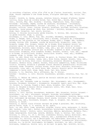 la sorcière; s'agiter, aller d'un c"té ou de l'autre. brueissòt, sorcier, Fux.
étym. Paraît répondre à une forme broxa, d'origine ibérique. Esp. bruja. Cat.
bruixa.
bruèlh ~ bruòlh, m. Germe, pousse, rejeton; breuil, bouquet d'arbres; jeunes
taillis, bois, bord de rivière boisé. Var. bròlh Rgt., brolh, Rgt., brèlh,
Cent., briòlh, Mtp. Dér. bruèlha ~ bruòlha, végétation; fane, feuillage.
brolhada ~ brulhada, cépée, touffe de rejetons. brolhadura ~ brulhadura,
germination, bourgeonnement. brolhar ~ brulhar, v. intr., germer, éclore;
pousser, croître, lever. Conjug. bruèlhi, bruèlhas, brolham, brolhatz, bruèlhan.
brolhicòt, jeune pousse de chou, Fux. brolhon ~ brulhon, bourgeon, rejeton.
étym. Gaul. brogilos. Cat. brull, brullar.
bruina, f. Bruine; brouillard; gelée blanche. V. broïna. Dér. bruinar, faire de
la gelée blanche. étym. L. pruina.
brulhegar, v. intr. Bêler, Fux. Dér. brulhèc, bêlement, mugissement.
bruma, f. Nuage, Cent.; brouillard, Cent.; brouée, influence de l'atmosphère
malsaine sur les plantes et les animaux; écume, Quer.; flegme. Dér. brumaca,
brouée, bruine, Alb. brumada, couche de brouillard. brumairòl, nuée, Don.
brumalh, nuage, Fux. brumar, donner de la brume, être brumeux; brouir les
plantes; geler en surface (en parlant des eaux); écumer; être en colère.
brumassejar, bruiner, Quer. brumat, -ada, adj., qui est couvert de nuages; qui
est couvert de mousse; atteint par la brouée; argenté ou doré. brumatge,
brouillard. brumejar, être nuageux; écumer, mousser. brumiu, -iva, adj., exposé
à la brume, au brouillard. brumor, brouillard. brum¢s, -osa, adj., brumeux,
nuageux. étym. L. bruma. Cat. bruma.
brun, -a, adj. Brun; bis (en parlant du pain). m. Couleur brune. Dér. bruna,
brune, crépuscule. brunàs, -assa, adj., brun foncé, basané. brunèl, -èla, adj.,
qui tire sur le brun, brun clair. bruneleta, brunelle (Brunella vulgaris).
brunesir, devenir brun, sombre. brunet, Psalliota campestris, Aude; Tricholoma
tristis. bruneta, brunelle à grandes fleurs (Brunella grandiflora); Tricholoma
terrenus, Aude. brunetat, couleur brune, teint brun. brunidor, brunissoir.
brunissòt, -ota, adj., au teint brun, Rgt. brunir, brunir; polir les métaux;
commencer à faire nuit. étym. Germ. brun. Cat. bru, bruna.
bruncar, v. tr. Heurter, Aur.; effleurer, Ag. V. brucar.
br£nher ~ brunhir, v. intr. Bruire; bourdonner, gronder, retentir, Fux. Var. br
¢nher.
bruòtja, f. Défaut de labour, partie de terrain oubliée par la charrue par
inadvertance. V. bruèg.
brusc, -a, adj. Brusque; rude au toucher. Dér. bruscament, adv., brusquement.
bruscar, brusquer. bruscari , brusquerie. brusquièr (pan), pain bis, Rgt. étym.
It. brusco. L. ruscum, fragon x Gaul. bruc, bruyère. Cat. brusc.
brusc, m. Bruyère à balais (Erica scoparia); ajonc, Cév. étym. Gaul. bruc.
brusc, m. Ruche, Cév. Var. brus.
brusent, V. brausent.
brusir, v. intr. Bruire, bourdonner, murmurer. Dér. brusejar, bruire. brusent ~
brusissent, -a, adj., bruissant, bruyant. brusida, bruissement prolongé.
brusidor, -idoira, adj., bruissant. brusiment, bruissement. brusina, menue corde
d'un instrument de musique. brusor, bruit sourd, lointain. Var. borjor, Mtp.
brus¢s, -osa, adj., bruissant, bruyant. étym. L. brugere. Cat. brusir.
br£stia, V. brost.
br£stia, f. Boîte; claie d'osier servant de piège à punaises. Dér. brustieta,
petite boîte. étym. L. V. buxita, du Gr. pyxis.
brut, -a, adj. Brut, rude, grossier; stupide, niais; sale, malpropre. f. Brute.
Dér. brutal, -ala, adj., brutal. brutalejar, brutaliser. brutalitat, brutalitge,
brutalité. brutar ~ brutir, salir. brutissa, débris, épluchures, déchets, Fux.,
Aude; malpropreté. brutitge, saleté, déchets. étym. L. brutus. Cat. brut.
brutlar, v. intr., tr. et r. Br-ler, incendier; brouir, havir; distiller. Dér.
brutladura, br-lure. brutlador, -adoira, adj., susceptible d'être br-lé.
brutlador, m., br-loir, sac à décortiquer les châtaignes. brutlad¡s, br-lure,
dégât d'un incendie; bois br-lé. brutlaire, br-leur, incendiaire; distillateur.
brutlat, m., le br-lé. brutlament, br-lement. brutlant, -a, adj., br-lant.
brutlason, crémation. brutle (al), en br-lant le pavé, Rgt. brutlòt, br-lot.
 