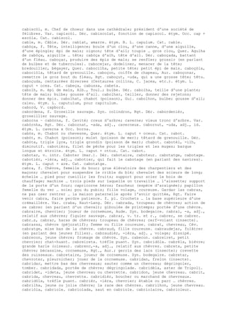 cabiscòl, m. Chef de choeur dans une cathédrale; président d'une société de
félibres. Var. capiscòl. Dér. cabiscolat, fonction de capiscol. étym. Occ. cap +
escòla. Cat. cabiscol.
cable, m. Câble. Dér. cablat, amarre. étym. B. L. capulum. Cat. cable.
cabòça, f. Tête, intelligence; boule d'un clou, d'une canne, d'une aiguille,
d'une épingle; épi de maïs; oignon; tête d'ail; toupie … gros clou, Quer. Agulha
de cabòça, aiguille … tête; cabòça d'alh, tête d'ail. Dér. caboçada, battant
d'un fléau. caboçar, produire des épis de maïs; se renfler; grossir (en parlant
de bulbes et de tubercules). cabocejar, dodeliner, menacer de la tête;
bredouiller, bégayer, Quer. cabocilha, petite tête; petit épi de maïs. caboçòla,
cabociòla, têtard de grenouille. caboçon, coiffe de chapeau, Aur. caboçonar,
remettre le gros bout du fléau, Rgt. caboçut, -uda, qui a une grosse tête; têtu.
caboçuda, centaurées diverses (Centaurea collina, C. jacea, etc.). étym. L.
caput + ocea. Cat. cabeça, cabussa, cabeta.
cabolh, m. épi de maïs, Alb., Toul.; bulbe. Dér. cabolha, teille d'une plante;
tête de maïs; bulbe; gousse d'ail. cabolhar, teiller, donner des rejetons;
donner des épis. cabolhat, chabot (poisson), Gui. cabolhon, bulbe; gousse d'ail;
caïeu. étym. L. caputulum, pour capitulum.
cabord, V. capbord.
cabordena, f. Groseille sauvage. Syn. colindron, Rgt. Dér. cabordenièr,
groseillier sauvage.
caborna ~ cabòrna, f. Cavité; creux d'arbre; caverne; vieux tronc d'arbre. Var.
cabòrnha, Rgt. Dér. cabornat, -ada, adj., caverneux. cabornut, -uda, adj., id.
étym. L. caverna x Occ. borna.
cabòs, m. Chabot ou chevesne, Quer. étym. L. caput + oceus. Cat. cabot.
cabòt, m. Chabot (poisson); mulet (poisson de mer); têtard de grenouille. Dér.
cabòta, trigle lyre, trigle grondin (poisson de mer); chabot. cabotèl, -ilh,
diminutif. cabotièra, filet de pêche pour les trigles et les muges; barque
longue et étroite. étym. L. caput + ottus. Cat. cabot.
cabotar, v. intr. Caboter (mar.). Dér. cabotaire, caboteur. cabotatge, cabotage.
cabotièr, -ièra, adj., cabotier, qui fait le cabotage (en parlant des navires).
étym. L. caput + are. Cat. cabotatge.
cabra, f. Chèvre, femelle du bouc; grue élévatoire des charpentiers et des
maçons; chevalet pour suspendre le crible du blé; chevalet des scieurs de long;
échelle … pied pour cueillir les fruits; support pour scier le bois de
chauffage; machine … trois pieds sur laquelle on travaille … l'aissette; support
de la porte d'un four; capricorne héros; faucheur (espèce d'araignée); papillon
femelle du ver … soie; pou du pubis; fille volage, coureuse. Gardar las cabras,
ne pas oser rentrer … la maison paternelle après l'avoir quittée, Rgt. Faire
venir cabra, faire perdre patience. f. pl. Crochets … la base supérieure d'une
crémaillère. Var. craba, Haut-Lang. Dér. cabrada, troupeau de chèvres; action de
se cabrer (en parlant d'un cheval); giboulée de printemps; portée d'une chèvre.
cabraire, chevrier; joueur de cornemuse, Aude. Syn. bodegaire. cabral, -a, adj.,
relatif aux chèvres; figuier sauvage. cabrar, v. tr. et r., cabrer, se cabrer.
cabr…s, cabrar, haras de chèvres; troupeau de chèvres; cerf-volant (insecte).
cabrassa, chèvre (péjoratif); femme ou fille coureuse. cabrat, chevreau, Cév.
cabratge, mise bas de la chèvre. cabraud, fille coureuse. cabraudejar, folâtrer
(en parlant des jeunes filles). cabraudièr, -ièra, adj. , volage; dissipé.
cabrecon, jeune chèvre; fromage de chèvre. Syn. cabecon. cabreiret, petit
chevrier; chat-huant. cabreireta. trèfle puant. Syn. cabridòla. cabrèla, bièvre;
grande harle (oiseau). cabrenc,-a, adj., relatif aux chèvres. cabreta, petite
chèvre; bécassine, cornemuse, Rgt., Aur.; gerris des lacs (insecte); crevette
des ruisseaux. cabretaire, joueur de cornemuse. Syn. bodegaire. cabretar,
chevroter, pleurnicher; jouer de la cornemuse. cabridan, frelon (insecte).
cabridar, mettre bas des chevreaux; sauter comme un chevreau; dégringoler,
tomber. cabridada, portée de chèvre; dégringolade. cabridèla, aster de Tripoli.
cabridet, -ideta, jeune chevreau ou chevrette. cabridon, jeune chevreau. cabrit,
cabrida, chevreau, chevrette. cabridièr, boucher ou marchand de chevreaux.
cabridòla, trèfle puant. cabrièr, -ièra, chevrier; étable ou parc … chèvres.
cabrilha, jeune ou jolie chèvre; la race des chèvres. cabrilhon, jeune chevreau.
cabriòla, cabriole. cabriolada, saut en cabriole. cabriolaire, cabrioleur.
 