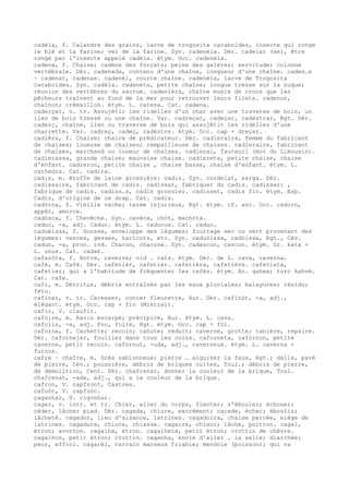 cadèla, f. Calandre des grains, larve de trogosita caraboïdes, insecte qui ronge
le blé et la farine; ver de la farine. Syn. cadenèla. Dér. cadelar (se), être
rongé par l'insecte appelé cadèla. étym. Occ. cadenèla.
cadena, f. Chaine; cadène des forçats; peine des galères; servitude; colonne
vertébrale. Dér. cadenada, contenu d'une chaîne, longueur d'une chaîne. caden…s
~ cadenat, cadenas. cadenèl, courte chaîne. cadenèla, larve de Trogosita
caraboïdes. Syn. cadèla. cadeneta, petite chaîne; longue tresse sur la nuque;
réunion des vertèbres du sacrum. cadenièra, chaîne munie de crocs que les
pêcheurs traînent au fond de la mer pour retrouver leurs filets. cadenon,
chaînon; crémaillon. étym. L. catena. Cat. cadena.
caderçar, v. tr. Assujétir les ridelles d'un char avec une traverse de bois, un
lien de bois tressé ou une chaîne. Var. cadreçar, cadeçar, cadestrar, Rgt. Dér.
caderç, chaîne, lien ou traverse de bois qui assujétit les ridelles d'une
charrette. Var. cadreç, cadeç, cadèstre. étym. Occ. cap + dreçar.
cadièra, f. Chaise; chaire de prédicateur. Dér. cadieraira, femme du fabricant
de chaises; loueuse de chaises; rempailleuse de chaises. cadieraire, fabricant
de chaises, marchand ou loueur de chaises. cadieral, fauteuil (mot du Limousin).
cadierassa, grande chaise; mauvaise chaise. cadiereta, petite chaise, chaise
d'enfant. cadieron, petite chaise , chaise basse, chaise d'enfant. étym. L.
cathedra. Cat. cadira.
cad¡s, m. étoffe de laine grossière: cadis. Syn. cordelat, sarga. Dér.
cadissaire, fabricant de cadis. cadissar, fabriquer du cadis. cadissari ,
fabrique de cadis. cadiss…s, cadis grossier. cadisset, cadis fin. étym. Esp.
Cadiz, d'origine de ce drap. Cat. cadis.
cadòrna, f. Vieille vache; terme injurieux, Rgt. étym. cf. anc. Occ. cadorn,
appât, amorce.
cadòsca, f. Chevêche. Syn. cavèca, chòt, machòta.
caduc, -a, adj. Caduc. étym. L. caducus. Cat. caduc.
caduèissa, f. Gousse, enveloppe des légumes; fourrage sec ou vert provenant des
légumes: vesces, gesses, haricots, etc. Syn. caduòissa, cadòissa, Rgt., Cév.
cadun, -a, pron. ind. Chacun, chacune. Syn. cadascun, cascun. étym. Gr. kata +
L. unus. Cat. cada£.
cafaròta, f. Antre, caverne; nid … rats. étym. Dér. de L. cava, caverna.
cafè, m. Café. Dér. cafetièr, cafetier. cafetièra, cafetière. cafetista,
cafetier; qui a l'habitude de fréquenter les cafés. étym. Ar. qahwa; turc kahvé.
Cat. cafe.
cafi, m. Détritus, débris entraînés par les eaux pluviales; balayures; résidu;
fétu.
cafinar, v. tr. Caresser, conter fleurette, Aur. Dér. cafinòt, -a, adj.,
élégant. étym. Occ. cap + fin (Mistral).
cafir, V. claufir.
cafoire, m. Ravin escarpé; précipice, Aur. étym. L. cava.
cafolin, -a, adj. Fou, folle, Rgt. étym. Occ. cap + fòl.
caforna, f. Cachette; recoin; cahute; réduit; caverne, grotte; tanière, repaire.
Dér. cafornejar, fouiller dans tous les coins. caforneta, cafornon, petite
caverne, petit recoin. cafornut, -uda, adj., caverneux. étym. L. caverna +
furnus.
cafre ~ chafre, m. Grès sablonneux; pierre … aiguiser la faux, Rgt.; dalle, pavé
de pierre, Cév.; poussière, débris de briques cuites, Toul.; débris de pierre,
de démolition, Cent. Dér. chafrenar, donner la couleur de la brique, Toul.
chafrenat, -ada, adj., qui a la couleur de la brique.
cafron, V. capfront, Castres.
cafuòc, V. capfuòc.
çaganhar, V. cigonhar.
cagar, v. intr. et tr. Chier, aller du corps, fienter; s'ébouler; échouer;
céder, lâcher pied. Dér. cagada, chiure, excrément; cacade, échec; éboulis;
lâcheté. cagador, lieu d'aisance, latrines. cagadoira, chaise percée, siège de
latrines. cagadura, chiure, chiasse. cagaire, chieur; lâche, poltron. cagal,
étron; avorton. cagalha, étron. cagalheta, petit étron; crottin de chèvre.
cagalhon, petit étron; crottin. caganha, envie d'aller … la selle; diarrhée;
peur, effroi. cagarèl, terrain marneux friable; mendole (poisson); qui va
 