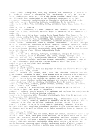 longues jambes. cambapilhat, -ada, adj. Boiteux, Fux. cambaroja, f. Persicaire,
plt. cambar¢s, -rossa, f. Pariétaire, plt. cambaterrar, v. intr. Mettre pied …
terre. cambatorrat, -ada, adj. Qui a les jambes brulées. cambatrincat, -ada,
adj. Estropié, Fux. cambavirar, v. tr. Culbuter, renverser. v. r. Pâlir,
s'évanouir; trépasser. cambavirotat, m. Champignon vénéneux au pied tordu.
cambitòrt, -a, adj. bancroche, boiteux. cambitòrta, f. V. captòrta.
cambajon, m. Jambon. Var. cammajon, Cent., cambicon. étym. Gaul. camba. Cat.
gambaj¢.
cambalòt, Aur. V. camelòt.
cambaròt, m. ~ cambaròta, f., Narb. Crevette. Var. carambòt, caramòta, Hérault;
gambe. Syn. civada, langostin, salicòt. étym. L. gammarus, du Gr. kammaros. Cat.
gambarrot.
cambe, Alb., Aur., Cév., Fux.~ carbe, Cent. Fux., Toul., Cév. Chanvre. Var.
cande, candi, cambi, Rgt. Dér. cambeta, brin de chanvre, chanvre mal venu, Narb.
cambinièra, chènevière. Var. caminièira, Rgt. carbenal, chènevière. carbaira,
femme qui travaille le chanvre. carbenassa, eupatoire (Eupatoria cannabina).
canab-: canabal, chènevière. canab…s, canevas. canabassari , toilerie, fabrique
de toile. canabassièr, fabricant de toile. canabon, chènevis. canabièra, chène-
vière. étym. L. V. cannapus. L. Cl. cannabis. Cat. c…nem. Comp. carbe bastard,
érigéron du Canada (Erigeron canadensis). carbe salvatge, pied de loup (Lycopus
europ‘us); chanvre d'eau (Bidens tripartita), Toul.
cambi, V. cambe.
cambiar, v. tr. et r. Changer, échanger, substituer, changer de costume, de
linge; se changer, faire sa toilette. Dér. cambi, change, échange, troc.
cambiad¡s, -adissa, adj., échangeable; variable, changeant. cambiaire, s. et
adj., qui change; changeur, banquier; volage. cambiament, changement. cambiant,
-a, adj., changeant. cambiotejar, changer souvent, Alb., Cév. étym. B. L.
cambiare, origine gauloise. Cat. canviar.
cambiron, V. environ.
cambon, m. Champ fertile.
cambon, m. Genou, pièce de bois sur laquelle on cloue les planches d'une barque,
Alb. étym. Gaul. camb, courbe.
cambra, f. Chambre. Var. cramba, Cent., Toul. Dér. cambrada, chambrée, contenu
d'une chambre; chambrée de vers … soie élevés sous la conduite d'un ® magnanier
¯. cambrar, cambrer, arquer légèrement, courber en arc; v. r., se cambrer; se
vo–ter; v. intr., avoir des cavités (en parlant par exemple d'un saucisson).
cambrassa, grande chambre. cambrejar, partager une chambre … deux. cambrièr,
-ièra, chambrier, valet de chambre, chambrière, femme de chambre. cambrèl,
cambrilh, cambrilhon, cambron, petite chambre. cambròt, -òta, petite chambre.
étym. L. camera. Cat. cambra.
cambròl ~ cambruèl, m. échauboulure, éruption brusque de petits boutons … la
surface de la peau, Cév. étym. L. capreolus .
cambusa, f. Cambuse (mar.); endroit d'un vaisseau qui renferme les provisions de
bouche. étym. Néerl. kombuis, kabuis, cuisine.
camedre, m. Germandrée, plt. (Teucrium chamaedrys). Syn. èrba de garolha. étym.
L. chamaedrys. Cat. camedris.
camèl, m. Chameau; chevron; laine grossière; fig. , déplaisant; niais, nigaud;
badaud. Dér. camèla, chamelle, femelle du chameau; tas de sel pyramidal destiné
… égoutter le sel dans les salines. camelada, sottise, bêtise, niaiserie.
camelar, s'élever, faire de la houle (mar.). camelejar, badauder, dire des
bêtises, Alb., Cév. camelièr, chamelier. camelòt, étoffe originairement en poil
de chameau, puis en poil de chèvre ou en laine grossière. étym. L. camelus. Cat.
camell.
cami , cami…s, V. camisa.
camin, m. Chemin; route. Far son camin, faire son chemin, prospérer; èsser a cap
de camin, être … bout, être près d'une faillite, de la mort; bonis camins, bon
voyage. Dér. caminada, traite de chemin. caminaire, marcheur, voyageur; agent-
voyer, cantonnier; roulette d'enfant; lisière d'enfant pour apprendre … marcher.
caminar, cheminer, marcher. caminarèl, -èla, adj., propre … la marche, qui
marche beaucoup. camin…s, grand chemin. caminatge, action d'aller, transport,
camionnage. caminejar, cheminer … petits pas. caminetas, lisières d'enfant.
 