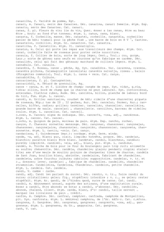 cananilha, f. Variété de pomme, Rgt.
canari, m. Canari, serin des Canaries. Dér. canarina, canari femelle. étym. Esp.
canario, serin des Canaries. Cat. canari.
canas, f. pl. Fleurs du vin; lie du vin, Quer. èsser a las canas, être au bas;
être … bout; au fond d'un tonneau. étym. L. canus, cana, blanc.
canasta, f. Corbeille, manne. Dér. canastèl, corbeille. canastèla, corbeille;
panier de bât; tramail pour la pêche fixé … une barre de bois en ® V ¯, Castres.
canastelon, corbillon. étym. Gr. canastron. Cat. canastra.
canatilha, f. Cannetille. étym. It. cannatiglia.
canaton, m. Celui qui porte les repas aux travailleurs des champs. étym. Occ.
canat, corbeille faite de roseaux pour porter cette nourriture.
canaula, f. Collier de bois, sorte de joug léger, Cent., Toul.; cou, gorge,
Laur.; sorte de gâteau sans oeufs en couronne qu'on fabrique en carême. Dér.
canaulièr, celui qui fait des gâteaux; marchand de colliers légers. étym. L.
cannabula. Cat. canaula.
canavèra, f. Roseau, canne … pêche, Ag. Syn. canadièra. Var. caravena, cravena.
canavèra pichona, Calamagrostis lanceolata; canavèra salvatja, roseau … balais
(Phragmites communis), Toul. étym. L. canna + vera. Cat. canya.
cancabièlha, f. Culbute.
cancarinetas, f. pl. Castagnettes.
cancarinhòl, m. Têtard de grenouille, Ag.
cance ~ cança, m. et f. Lisière de champ; rangée de ceps. Syn. vidat, g…via,
tièra; sillon, bord de champ que la charrue ne peut labourer. Syn. contornièras,
anteradas. Clathrus ruber, Aude. Dér. cancièra, billon, planche de labour; bord
du toit, Fux. étym. L. cancer.
cancèl, m. Grille; sanctuaire, courbet de bât; ridelle d'une charrette; piquets
de roseaux, Mtp.; tas de I0 … I2 gerbes, Aur. Dér. cancelar, fermer, Aur.; can-
celler, biffer, radier; griller; terminer. cancelièr, chancelier. cancelièira,
grande barre de saule. cancelari , chancellerie. cancilhon, barreau de ridelle;
roulon. étym. L. cancellus. Cat. cancell.
c…ncer, m. Cancer; signe du zodiaque. Dér. cancer¢s, -osa, adj., cancéreux.
étym. L. cancer. Cat. cancer.
c…ncho, m. Quignon de pain, morceau de pain. étym. Esp. cancho, rocher.
cançon, f. Chanson; sornette; mensonge. Dér. cançonar, chansonner. cançonejar,
chansonner. cançonejaire, chansonnier. cançonièr, chansonnier. cançoneta, chan-
sonnette. étym. L. cantio, -onis. Cat. canço.
candarissa, f. Guinderesse (mar.): cordage. étym. Germ. winda.
cande, -a, adj. Blanc; pur, clair, limpide; honnête, propre. Dér. candejar,
blanchir; paraître blanc; être blanc. candetat, candor, blancheur, candeur;
pureté; limpidité. candinèl, -ela, adj., blanc, pur. étym. L. candidus.
candèl, m. Torche de bois pour le four du boulanger; pain trop cuit; allumette
au soufre; chènevotte. Dér. candèla, chandelle; glaçon; pendant; roupie; stalac-
tite; axe d'une meule de moulin; poinçon de charpente; timon de charrue. candèla
de Sant Joan, bouillon blanc, absinthe. candelaire, fabricant de chandelles.
candeleta, arbre fourchu; culbute; cabriole; suppositoire. candelar, v. tr. et
r., dresser; lever. candelari , fabrique de chandelles. candelièr, chandelier
stramonium. Candelièira, Candelosa, Chandeleur. candelon, petite chandelle.
étym. L. candela. Cat. candela.
candi, V. cambe ~ carbe.
candi, adj. Candi (en parlant du sucre). Dér. candir, v. tr., faire candir du
sucre; cristalliser; geler; fig., stupéfier; interdire ; v. r., se geler; rester
stupéfait. étym. Ar. qandi, de l'hindou qand, sucre de canne. Cat. candi.
candol, m. Abonnement annuel, auprès des artisans, d'une exploitation rurale.
èsser a candol, être abonné; se botar a candol, s'abonner. Dér. candolièr,
abonné, chaland, client. étym. cande, blanc, d'o— candol, taille servant …
marquer les livraisons de pain … crédit.
canfre, m. Camphre. Dér. canfrar, camphrer. canfrada, camphrée de Montpellier,
plt. Syn. canforata. étym. L. médiéval camphora, de l'Ar. kâfo–r. Cat. c…mfora.
cangrena, f. Gangrène. Dér. cangrenar, gangrener. cangren¢s, -osa, adj., gan-
greneux. étym. L. gangraena, du Gr., gaggraina. Cat. gangrena.
canh, V. can.
 
