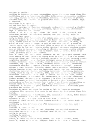canidar, V. ganidar.
canilha, f. Chenille; personne tracassière; morve. Syn. eruga, arna, tòra. Dér.
canilhaira, qui a la forme d'une chenille; inflorescence du sarrazin. canilhat,
-ada adj., couvert ou rongé de chenilles. canilhat, les chenilles en général.
canilh¢s -osa, adj., morveux (en parlant d'un enfant); boeuf mal châtré. étym.
L. canicula.
canitòrta, f. V. captòrta.
canjar, Ag., Aur. V. cambiar.
canonge ~ canorgue, m. Chanoine; désoeuvré; mendiant. Dér. canorgui , chapitre
de chanoines. canorga, chanoinie, canonicat, église canonicale; chanoinesse.
étym. L. canonicus. Cat. canonge.
cansar, v. tr. et r. Fatiguer, lasser. Dér. cansa, fatigue, lassitude, Fux.
cansadèra, fatigue, Fux. cansièra, fatigue, Fux. Syn. lassièra. étym. L.
quassare. Cat. cansar.
cant, m. Bord; c“té; face étroite d'un objet; coin, angle, arête. Dér. cantèl,
chanteau; quignon de pain; morceau; bord de fossé; coin, morceau d'étoffe;
angle, dosse; pièce de fond de tonneau. De cantèl, per cantèl, de champ, en
biais, de c“té. cantelar, couper le pain en chanteaux. cantièr, planche de
jardin: negre coma cantièr. cantièra, femme de mauvaise vie. canton, coin; coin
de rue; coin du feu, Aur.; recoin; angle. cantonar, cantonner, acculer; pousser
dans un coin; se cantonner, s'acculer, se blottir. cantonada, recoin; endroit
reculé et caché; coin de rue; coin de maison. étym. L. canthus, bande de la
jante, peut-être gaulois. Cat. cantell.
cant, m. Chant. Dér. canta, chant. cantable, -a, adj., qu'on peut chanter. can-
tada, séance de chant; durée d'un chant; appel de gibier … l'aide d'un appeau.
cantad¡s, -issa, adj., chantant, musical. cantad¡s, cantadissa, cantate, choeur,
symphonie. cantador ~-aire, chanteur. cantatge, action de chanter; service
funèbre. cantament, chant. cantanha, envie de chanter; besoin, manie de chanter.
cantant-a, adj., qui aime le chant, chantant; appeau. cantarèla, chanteuse;
chanterelle (musique); trompette d'écorce. cantarelejar, chanter … mi-voix.
cantari , chant incessant. cantason, désir, besoin de chanter. cantassejar,
chanter beaucoup et mal. cantejar, fredonner. cantic, cantique. cantonejar,
chantonner. cantoral, chantre. cantorlar, cantorlejar, chantonner, fredonner.
cantòt, chant de coq, Gui. canturla, tête, bon sens. cantussar, cantussejar,
chantonner. cantussièr, lutrin. étym. L. cantus, cantare. Cat. cant, cantar.
Comp. cantacalamèl, m. Chalumeau, Ag. cantacigala, m. Lieu aride. cantaucèl, m.
Pipeau, appeau. cantaucelaire, m. Chasseur … la pipée. cantaucelar, v. intr.
Piper. cantagal, m. Orchis. cantagrilh, m. Terrain aride et pierreux.
cantamerlon, m. Mets aurillacois: tome + crème + mie de pain. cantaperditz, m.
Terrain aride et pierreux; garou, plt., Mtp.; appeau pour les perdreaux.
cantaplora, m. Entonnoir; siphon; robinet de bois; arrosoir; tire-lait; glas;
pleurard; mal inconnu, Ag.
cantalés, m. Vacher qui soigne les vaches et fait le fromage en montagne;
vent,Quer. Dér. cantalesa, bise venue du sud ouest. Syn. bisa negra. étym. Occ.
Cantal.
cantarida ~ cantarilha, f. Cantharide. Dér. cantaridièr ~ -ilhièr, frêne (arbre)
étym. L. cantharis, -idis. Cat. cantarida.
cantaròt, m. Pot … vin; broc; vase de nuit. étym. L. cantharus.
cantena, f. Spare canthène: poisson (Sparus annularis). Syn. cant¢. étym. L.
cantharus.
cantibais, m. Bois défectueux d'un c“té (charpenterie). étym. Occ. cant +
baissar.
cantilha, f. Chenille, Toul.
cantina, f. Bouteille; cantine. Dér. cantinada, contenu d'une bouteille.
cantinièr, cantinier. étym. It. cantina, cave, de cant. Cat. cantina.
cant¢, V. cantena.
cantòrta, V. captòrta.
cantulh, m. Roseau, Fux.
canuda, f. Labre (poisson de mer); frimas, Gui. étym. L. canutus, blanc.
canut, m. Cépage du Lot et de l'Aveyron, blanc et noir. étym. L. canutus, blanc.
 