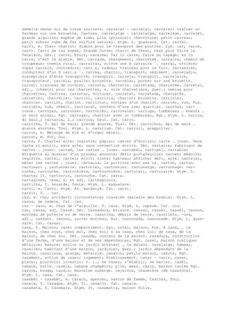 semelle neuve sur de vieux souliers. carrelar ~ cairelar, carreler; traîner un
fardeau sur une brouette, Castres. carrelatge ~ cairelatge, carrelage. carrelet,
grande aiguille; espèce de lime; plie (poisson); chevrotine; petit carreau;
petit arbre; cube de fer sulfuré naturel. étym. L. quadrare. Cat. cairar.
carri, m. Char; chariot; diable pour le transport des poutres. Syn. car, carre,
carro. Carri de las armas, Grande Ourse; charri de fenar, char pour faire la
fenaison, Gév.; carre, bruit, vacarme; far lo carre, faire du tapage; es lo
carre, c'est le diable. Dér. carrada, chargement, charretée. carraira, chemin de
troupeaux; chemin rural. carrairar, suivre une ® carraira ¯. carral, ornière;
copar carrals, contredire. carr…s, radeau; traineau pour le foin. carrassièr,
conducteur d'un ® carr…s ¯. carreg, charroi, transport, sédiment. carrejad¡s,
susceptible d'être transporté; transport. carreja, transport. carrejaire,
transporteur. carrèla, poulie; brouette. carrelar, porter sur une brouette.
carret, traîneau de cordier. carreta, charrette. carretada, charretée. carretal,
adj., (chemin) pour les charrettes, s. voie charretière, Quer.; remise pour
charrettes, Castres. carretar, voiturer. carretat, carretada, charretée.
carretièr, charretier. carriòl, carriòla, chariot; brouette. carriolar,
charrier. carriòt, chariot. carriotat, contenu d'un chariot. carrièr, rue, Fux.
carrièra, rue, chemin. carrierat, contenu d'une rue; quartier. carròça, car-
rosse. carroçar, carrosser. carrocièr, carrossier. carruga, tombereau … boeufs …
un seul animal, Rgt. carrugar, charrier avec un tombereau, Rgt. étym. L. carrus,
du Gaul.; carraria, L.; carruca, Gaul. Cat. carro.
carrolha, f. épi de mais; grande gousse, Toul. Dér. carrolhon, épi de maïs …
grains avortés, Toul. étym. L. carulium. Cat. carroll, grappiller.
carron, m. Mélange de blé et d'orge; méteil.
carròt, m. Pot, Gui.
carta, f. Charte; acte; registre; papier; cahier d'écolier; carte … jouer. Sens
carta ni escrit, sans acte, sans convention écrite. Dér. cartaire, fabricant de
cartes … jouer. cartam, les cartes … jouer. cartabèl, cartipèl, cartable;
étiquette au dossier d'un procès; annonce; défi; portefeuille; carnet; mémoire;
registre. cartèl, cartel; écrit; liste; tableau; affiche; défi, acte. cartejar,
mêler les cartes … jouer. cartaula, la poitrine avec ses os. carton, carton.
cartonari , cartonnerie. cartonièr, cartonnier. cartonatge, cartonnage. car-
tocha, cartouche. cartochièra, cartouchière. cartulari, cartulaire. étym. L.
charta; It. cartoccio, cartouche. Cat. carta.
cartaginés, -esa, s. et adj. Carthaginois.
cartilha, f. Lézarde, fente. étym. L. exquatare.
carvi, m. Carvi. étym. Ar. karâwiyâ. Cat. carvi.
carzir, V. … car.
cas, m. Cas; accident; circonstance; clavelée (maladie des brebis). étym. L.
casus, de cadere. Cat. cas.
cas ~ caus, m. Chas de l'aiguille. V. caus. étym. L. capsum. Cat. cos.
cas, cassa, adj. Cassé. Dér. cassadura, brisure. cassar, casser. cassèl, tesson,
morceau de poterie ou de verre. cassilha, débris de verre. cassilh¢s, -osa,
adj., cassant. casson, sucre; morceau, Aur. cassonada, cassonade. étym. L. quas-
sare. Cat. cassar.
casa, f. Maison; case; compartiment. Syn. ostal, maison, Fux. A casa, … la
maison, chez nous, chez moi, chez soi; a sa casa, chez lui; de casa, de la
maison, de chez soi. Dér. casada, contenu de la maison. casadura, construction
d'une ferme, d'une maison et de ses dépendances, Rgt. casal, maison rustique;
métairie; masure; enclos ou jardin attenant … la maison. casalatge, hameau.
casalièr, habitant d'une maison, jardinier, Quer.; jardin dépendant de la
maison. casalissa, grange, métairie. casalon, petite maison, cahute, Rgt.
casament, action de caser; logement; établissement. casar ~ casir, caser,
placer, pourvoir; investir; v. r., se caser, s'établir, se marier. casèl,
cabane, hutte. casèla, cabane champêtre; pile, amas. casin, maison isolée Rgt.
casina, bouge, taudis; mauvaise auberge. cajaròca, chaumière (de casaròca).
étym. L. casa. Cat. casa.
casabèc ~ casabèt, m. Caraco, spencer, veston de femme, Castres, Toul.
casaca, f. Casaque. étym. It. casacco. Cat. casaca.
casamata, f. Casemate. étym. It. casamatta, maison folle.
 