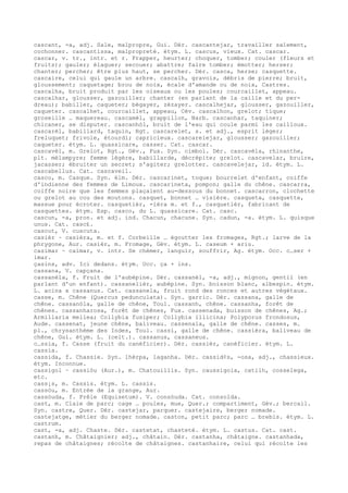 cascant, -a, adj. Sale, malpropre, Gui. Dér. cascantejar, travailler salement,
cochonner. cascantissa, malpropreté. étym. L. cascus, vieux. Cat. cascar.
cascar, v. tr., intr. et r. Frapper, heurter; choquer, tomber; couler (fleurs et
fruits); gauler; élaguer; secouer; abattre; faire tomber; émotter; herser;
chanter; percher; être plus haut, se percher. Dér. casca, herse; casquette.
cascaire, celui qui gaule un arbre. cascalh, gravois, débris de pierre; bruit,
gloussement; caquetage; brou de noix, écale d'amande ou de noix, Castres.
cascalha, bruit produit par les oiseaux ou les poules; courcaillet, appeau.
cascalhar, glousser, gazouiller; chanter (en parlant de la caille et du per-
dreau); babiller, caqueter; bégayer, zézayer. cascalhejar, glousser, gazouiller,
caqueter. cascalhet, courcaillet, appeau, Cév. cascalhon, grelot; tique;
groseille … maquereau. cascamèl, grappillon, Narb. cascanhar, taquiner;
chicaner, se disputer. cascanhòl, bruit de l'eau qui coule parmi les cailloux.
cascarèl, babillard, taquin, Rgt. cascarelet, s. et adj., esprit léger;
freluquet; frivole, étourdi; capricieux. cascarelejar, glousser; gazouiller;
caqueter. étym. L. quassicare, casser. Cat. cascar.
cascavèl, m. Grelot, Rgt., Gév., Fux. Syn. cimbol. Dér. cascavèla, rhinanthe,
plt. mélampyre; femme légère, babillarde, décrépite; grelot. cascavelar, bruire,
jacasser; ébruiter un secret; s'agiter; grelotter. cascavelejar, id. étym. L.
cascabellus. Cat. cascaveil.
casco, m. Casque. Syn. èlm. Dér. cascarinet, toque; bourrelet d'enfant, coiffe
d'indienne des femmes de Limoux. cascarineta, pompon; galle du chêne. cascarra,
coiffe noire que les femmes plaçaient au-dessous du bonnet. cascarron, clochette
ou grelot au cou des moutons. casquet, bonnet … visière. casqueta, casquette,
massue pour écroter. casquetièr, -ièra m. et f., casquetièr, fabricant de
casquettes. étym. Esp. casco, du L. quassicare. Cat. casc.
cascun, -a, pron. et adj. ind. Chacun, chacune. Syn. cadun, -a. étym. L. quisque
unus. Cat. casc£.
cascut, V. cuscuta.
casièr ~ casièra, m. et f. Corbeille … égoutter les fromages, Rgt.; larve de la
phrygone, Aur. casièr, m. Fromage, Gév. étym. L. caseum + ariu.
casimar ~ caïmar, v. intr. Se chémer, languir, souffrir, Ag. étym. Occ. c…ser +
imar.
çasins, adv. Ici dedans. étym. Occ. ça + ins.
cassana, V. capçana.
cassanèla, f. Fruit de l'aubépine. Dér. cassanèl, -a, adj., mignon, gentil (en
parlant d'un enfant). cassanelièr, aubépine. Syn. boisson blanc, albespin. étym.
L. acina x cassanus. Cat. cassanela, fruit rond des ronces et autres végétaux.
casse, m. Chêne (Quercus pedunculata). Syn. garric. Dér. cassana, galle de
chêne. cassanòla, galle de chêne, Toul. cassanh, chêne. cassanha, forêt de
chênes. cassanharosa, forêt de chênes, Fux. cassenada, buisson de chênes, Ag.;
Armillaria mellea; Collybia fusiper; Collybia illicina; Polyporus frondosus,
Aude. cassenat, jeune chêne, baliveau. cassenala, galle de chêne. casses, m.
pl., chrysanthème des Indes, Toul. cassi, galle de chêne. cassièra, baliveau de
chêne, Gui. étym. L. (celt.). cassanus, cassaneus.
c…ssia, f. Casse (fruit du canéficier). Dér. cassièr, canéficier. étym. L.
cassia.
cassida, f. Chassie. Syn. lhèrpa, laganha. Dér. cassid¢s, -osa, adj., chassieux.
étym. Inconnue.
cassigol ~ cassiòu (Aur.), m. Chatouillis. Syn. caussigola, catilh, cosselega,
etc.
cass¡s, m. Cassis. étym. L. cassis.
cassòu, m. Entrée de la grange, Aur.
cassòuda, f. Prêle (Equisetum). V. consòuda. Cat. consolda.
cast, m. Claie de parc; cage … poules, mue, Quer.; compartiment, Gév.; bercail.
Syn. castre, Quer. Dér. castejar, parquer. castejaire, berger nomade.
castejatge, métier du berger nomade. caston, petit parc; parc … brebis. étym. L.
castrum.
cast, -a, adj. Chaste. Dér. castetat, chasteté. étym. L. castus. Cat. cast.
castanh, m. Châtaignier; adj., châtain. Dér. castanha, châtaigne. castanhada,
repas de châtaignes; récolte de châtaignes. castanhaire, celui qui récolte les
 
