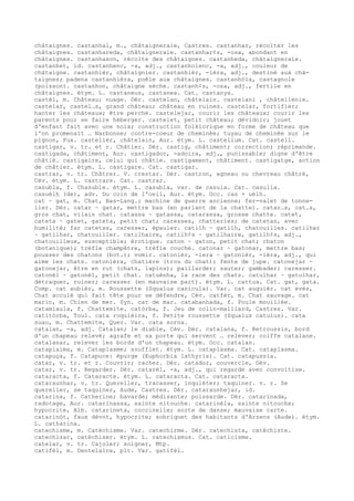 châtaignes. castanhal, m., châtaigneraie, Castres. castanhar, récolter les
châtaignes. castanhareda, châtaigneraie. castanhar¢s, -osa, abondant en
châtaignes. castanhason, récolte des châtaignes. castanheda, châtaigneraie.
castanhet, id. castanhenc, -a, adj., castanholenc, -a, adj., couleur de
châtaigne. castanhièr, châtaignier. castanhièr, -ièra, adj., destiné aux châ-
taignes; padena castanhièra, poêle aux châtaignes. castanhòla, castagnole
(poisson). castanhon, châtaigne sèche. castanh¢s, -osa, adj., fertile en
châtaignes. étym. L. castaneus, castanea. Cat. castanya.
castèl, m. Château; nuage. Dér. castelan, châtelain. castelani , châtellenie.
castelar, castel…s, grand château; château en ruines. castelar, fortifier;
hanter les châteaux; être perché. castelejar, courir les châteaux; courir les
parents pour se faire héberger. castelet, petit château; dévidoir; jouet
d'enfant fait avec une noix; construction folklorique en forme de château que
l'on promenait … Narbonne; contre-coeur de cheminée; tuyau de cheminée sur le
pignon, Fux. castelièr, châtelain, Aur. étym. L. castellum. Cat. castell.
castigar, v. tr. et r. Châtier. Dér. castig, châtiment; correction; réprimande.
castigada, châtiment, Aur. castigador, -adoira, adj., punissable; digne d'être
châtié. castigaire, celui qui châtie. castigament, châtiment. castigatge, action
de châtier. étym. L. castigare. Cat. castigar.
castrar, v. tr. Châtrer. V. crestar. Dér. castron, agneau ou chevreau châtré,
Cév. étym. L. castrare. Cat. castrar.
casubla, f. Chasuble. étym. L. casubla, var. de casula. Cat. casulla.
casuèlh (de), adv. Du coin de l'oeil, Aur. étym. Occ. cas + uèlh.
cat ~ gat, m. Chat, Bas-Lang.; machine de guerre ancienne; fer-valet de tonne-
lier. Dér. catar ~ gatar, mettre bas (en parlant de la chatte). catar…s, cat…s,
gros chat, vilain chat. catassa ~ gatassa, catarassa, grosse chatte. catet,
cateta ~ gatet, gateta, petit chat; caresses, chatteries; de catetas, avec
humilité; far catetas, caresser, épauler. catilh ~ gatilh, chatouilles. catilhar
~ gatilhar, chatouiller. catilhaire, catilh¢s ~ gatilhaire, gatilh¢s, adj.,
chatouilleux, susceptible; érotique. caton ~ gaton, petit chat; chaton
(botanique); trèfle champêtre, trèfle couché. catonar ~ gatonar, mettre bas;
pousser des chatons (bot.); vomir. catonièr, -iera ~ gatonièr, -ièra, adj., qui
aime les chats. catonièra, chatière (trou du chat); fente de jupe. catonejar ~
gatonejar, être en rut (chats, lapins); paillarder; sauter; gambader; caresser.
catonèl ~ gatonèl, petit chat. catuènha, la race des chats. catulhar ~ gatulhar,
détraquer, ruiner; caresser (en mauvaise part). étym. L. cattus. Cat. gat, gata.
Comp. cat aubièr, m. Roussette (Squalus canicula). Var. cat auguièr. cat evès,
Chat acculé qui fait tête pour se défendre, Cév. catfèr, m. Chat sauvage. cat
marin, m. Chien de mer. Syn. cat de mar. catabanhada, f. Poule mouillée.
catamiaula, f. Chattemite. catòrba, f. Jeu de colin-maillard, Castres. Var.
catitòrba, Toul. cata roquièira, f. Petite roussette (Squalus catulus). cata
suau, m. Chattemite, Quer. Var. cata sorna.
catalan, -a, adj. Catalan; le diable, Cév. Dér. catalana, f. Retroussis, bord
d'un chapeau relevé; agrafe et sa porte qui servent … relever; coiffe catalane.
catalanar, relever les bords d'un chapeau. étym. Occ. catalan.
cataplaima, m. Cataplasme; soufflet. étym. L. cataplasma. Cat. cataplasma.
catapuça, f. Catapuce: épurge (Euphorbia lathyris). Cat. catapussia.
catar, v. tr. et r. Couvrir; cacher. Dér. catador, couvercle, Gév.
catar, v. tr. Regarder. Dér. catarèl, -a, adj., qui regarde avec convoitise.
cataracta, f. Cataracte. étym. L. cataracta. Cat. cataracta.
cataraunhar, v. tr. Quereller, tracasser, inquiéter; taquiner. v. r. Se
quereller, se taquiner, Aude, Castres. Dér. cataraunhejar, id.
catarina, f. Catherine; bavarde; médisante; poissarde. Dér. catarinada,
radotage, Aur. catarinassa, sainte nitouche. catarinèla, sainte nitouche;
hypocrite, Alb. catarineta, coccinelle; sorte de danse; mauvaise carte.
catarinòt, faux dévot, hypocrite; sobriquet des habitants d'Arzens (Aude). étym.
L. catharina.
catechisme, m. Catéchisme. Var. catechirme. Dér. catechista, catéchiste.
catechizar, catéchiser. étym. L. catechismus. Cat. caticisme.
catelar, v. tr. Cajoler; soigner, Mtp.
catifèl, m. Dentelaire, plt. Var. gatifèl.
 