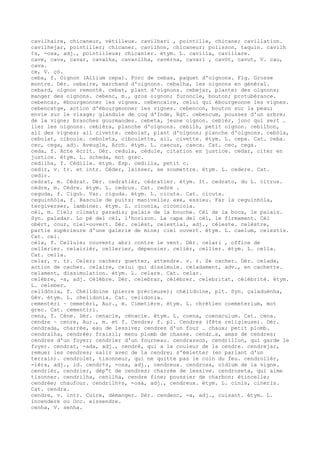 cavilhaire, chicaneur, vétilleux. cavilhari , pointille, chicane; cavillation.
cavilhejar, pointiller; chicaner. cavilhon, chicaneur; polisson, taquin. cavilh
¢s, -osa, adj., pointilleux; chicanier. étym. L. cavilla, cavillare.
cave, cava, cavar, cavalha, cavanilha, cavèrna, cavari , cavòt, cavut, V. cau,
cava.
ce, V. çò.
ceba, f. Oignon (Allium cepa). Forc de cebas, paquet d'oignons. Fig. Grosse
montre. Dér. cebaire, marchand d'oignons. cebalha, les oignons en général.
cebard, oignon remonté. cebat, plant d'oignons. cebejar, planter des oignons;
manger des oignons. cebenc, m., gros oignon; furoncle, bouton; protubérance.
cebencar, ébourgeonner les vignes. cebencaire, celui qui ébourgeonne les vignes.
cebencatge, action d'ébourgeonner les vignes. cebencon, bouton sur la peau;
envie sur le visage; glandule de coq d'Inde, Rgt. cebencum, pousses d'un arbre;
de la vigne; branches gourmandes. cebeta, jeune oignon. cebièr, jonc qui sert …
lier les oignons. cebièra, planche d'oignons. cebilh, petit oignon. cebilhon,
ail des vignes; ail civette. cebolat, plant d'oignon; planche d'oignons. cebòla,
cebolat, ciboule. ceboleta, ciboulette, ail, civette. étym. L. cepa. Cat. ceba.
cec, cega, adj. Aveugle, Arch. étym. L. caecus, caeca. Cat. cec, cega.
ceda, f. Acte écrit. Dér. cedula, cédule, citation en justice. cedar, citer en
justice. étym. L. scheda, mot grec.
cedilha, f. Cédille. étym. Esp. cedilla, petit c.
cedir, v. tr. et intr. Céder, laisser, se soumettre. étym. L. cedere. Cat.
cedir.
cedrat, m. Cédrat. Dér. cedratièr, cédratier. étym. It. cedrato, du L. citrus.
cèdre, m. Cèdre. étym. L. cedrus. Cat. cedre .
ceguda, f. Cigu‰. Var. ciguda. étym. L. cicuta. Cat. cicuta.
ceguinhòla, f. Bascule de puits; manivelle; axe, essieu. Far la ceguinhòla,
tergiverser, lambiner. étym. L. ciconia, ciconiola.
cèl, m. Ciel; climat; paradis; palais de la bouche. Cèl de la boca, le palais.
Syn. paladar. Lo pè del cèl, l'horizon. La capa del cèl, le firmament. Cèl
obèrt, cour, ciel-ouvert. Dér. celèst, celestial, adj., céleste. celèstre,
partie supérieure d'une galerie de mine; ciel ouvert. étym. L. caelum, celestis.
Cat. cel.
cèla, f. Cellule; couvent; abri contre le vent. Dér. celari , office de
cellerier. celairièr, cellerier, dépensier. celièr, cellier. étym. L. cella.
Cat. cella.
celar, v. tr. Celer; cacher; guetter, attendre. v. r. Se cacher. Dér. celada,
action de cacher. celaire, celui qui dissimule. celadament, adv., en cachette.
celament, dissimulation. étym. L. celare. Cat. celar.
celèbre, -a, adj. Célèbre. Dér. celebrar, célébrer. celebritat, célébrité. étym.
L. celeber.
celidònia, f. Chélidoine (pierre précieuse); chélidoine, plt. Syn. çaladuènha,
Gév. étym. L. chelidonia. Cat. celidonia.
cementèri ~ cemetèri, Aur., m. Cimetière. étym. L. chrétien coemeterium, mot
grec. Cat. cementiri.
cena, f. Cène. Dér. cenacle, cénacle. étym. L. coena, coenaculum. Cat. cena.
cendre ~ cenre, Aur., m. et f. Cendre; f. pl. Cendres (fête religieuse). Dér.
cendrada, charrée, eau de lessive; cendres d'un four … chaux; petit plomb.
cendralha, cendrée; fraisil; menu plomb de chasse. cendr…s, amas de cendres;
cendres d'un foyer; cendrier d'un fourneau. cendrasson, cendrillon, qui garde le
foyer. cendrat, -ada, adj., cendré, qui a la couleur de la cendre. cendrejar,
remuer les cendres; salir avec de la cendre; s'émietter (en parlant d'un
terrain). cendrolet, tisonneur, qui ne quitte pas le coin du feu. cendrolièr,
-ièra, adj., id. cendr¢s, -osa, adj., cendreux. cendrosa, oïdium de la vigne.
cendrièr, cendrier, dép“t de cendres; charrée de lessive. cendroseta, qui aime
tisonner. cendrilha, cenilha, cendre fine; poussier de charbon; étincelle;
cendrée; chaufour. cendrilh¢s, -osa, adj., cendreux. étym. L. cinis, cineris.
Cat. cendra.
cendre, v. intr. Cuire, démanger. Dér. cendenc, -a, adj., cuisant. étym. L.
incendere ou Occ. eissendre.
cenha, V. senha.
 
