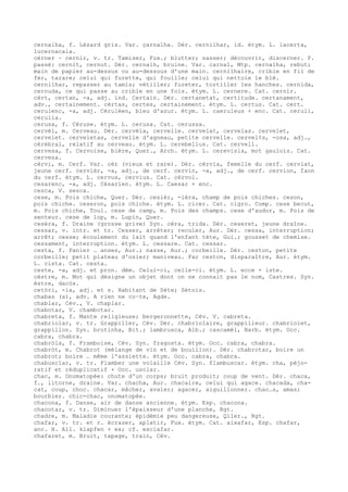 cernalha, f. Lézard gris. Var. çarnalha. Dér. cernilhar, id. étym. L. lacerta,
lucernacala.
cèrner ~ cernir, v. tr. Tamiser, Fux.; blutter; sasser; découvrir, discerner. P.
passé: cernit, cernut. Dér. cernalh, bruine. Var. carnal, Mtp. cernalha, rebut;
main de papier au-dessus ou au-dessous d'une main. cernilhaire, crible en fil de
fer, tarare; celui qui furette, qui fouille; celui qui nettoie le blé.
cernilhar, repasser au tamis; vétiller; fureter, tortiller les hanches. cernida,
cernuda, ce qui passe au crible en une fois. étym. L. cernere. Cat. cernir.
cèrt, certan, -a, adj. ind. Certain. Dér. certanetat, certitude. certanament,
adv., certainement. cèrtas, certes, certainement. étym. L. certus. Cat. cert.
cerulenc, -a, adj. Céruléen, bleu d'azur. étym. L. caeruleus + enc. Cat. ceruli,
cerulia.
cerusa, f. Céruse. étym. L. cerusa. Cat. cerussa.
cervèl, m. Cerveau. Dér. cervèla, cervelle. cervelat, cervelas. cervelet,
cervelet. cerveletas, cervelle d'agneau, petite cervelle. cervel¢s, -osa, adj.,
cérébral, relatif au cerveau. étym. L. cerebellus. Cat. cervell.
cervesa, f. Cervoise, bière, Quer., Arch. étym. L. cerevisia, mot gaulois. Cat.
cervesa.
cèrvi, m. Cerf. Var. cèr (vieux et rare). Dér. cèrvia, femelle du cerf. cerviat,
jeune cerf. cervièr, -a, adj., de cerf. cervin, -a, adj., de cerf. cervion, faon
du cerf. étym. L. cervus, cervius. Cat. cèrvol.
cesarenc, -a, adj. Césarien. étym. L. Caesar + enc.
cesca, V. sesca.
cese, m. Pois chiche, Quer. Dér. cesièr, -ièra, champ de pois chiches. ceson,
pois chiche. ceseron, pois chiche. étym. L. cicer. Cat. cigro. Comp. cese becut,
m. Pois chiche, Toul. cese de camp, m. Pois des champs. cese d'audor, m. Pois de
senteur. cese de lop, m. Lupin, Quer.
cesèra, f. Draine (grosse grive) Syn. cèra, trida. Dér. ceseret, jeune draîne.
cessar, v. intr. et tr. Cesser, arrêter; reculer, Aur. Dér. cessa, interruption;
arrêt; cesse; écoulement du lait quand l'enfant tète, Gui.; gousset de chemise.
cessament, interruption. étym. L. cessare. Cat. cessar.
cesta, f. Panier … anses, Aur.; nasse, Aur.; corbeille. Dér. ceston, petite
corbeille; petit plateau d'osier; maniveau. Far ceston, disparaître, Aur. étym.
L. cista. Cat. cesta.
ceste, -a, adj. et pron. dém. Celui-ci, celle-ci. étym. L. ecce + iste.
cèstre, m. Mot qui désigne un objet dont on ne connait pas le nom, Castres. Syn.
èstre, dacòs.
cetòri, -ia, adj. et s. Habitant de Sète; Sétois.
chabas (a), adv. A rien ne co–te, Agde.
chablar, Cév., V. chaplar.
chabotar, V. chambotar.
chabreta, f. Mante religieuse; bergeronnette, Cév. V. cabreta.
chabriolar, v. tr. Grappiller, Cév. Dér. chabriolaire, grappilleur. chabriolet,
grappillon. Syn. brotinha, Bit.; lambrusca, Alb.; cascamèl, Narb. étym. Occ.
cabra, chabra.
chabròla, f. Framboise, Cév. Syn. fragosta. étym. Occ. cabra, chabra.
chabròt, m. Chabrot (mélange de vin et de bouillon). Dér. chabrotar, boire un
chabrot; boire … même l'assiette. étym. Occ. cabra, chabra.
chabusclar, v. tr. Flamber une volaille Cév. Syn. flambuscar. étym. cha, péjo-
ratif et réduplicatif + Occ. usclar.
chac, m. Onomatopée: chute d'un corps; bruit produit; coup de vent. Dér. chaca,
f., litorne, draine. Var. chacha, Aur. chacaire, celui qui agace. chacada, cha-
cat, coup, choc. chacar, mâcher, avaler; agacer, aiguillonner. chac…s, amas;
bourbier. chic-chac, onomatopée.
chacona, f. Danse, air de danse ancienne. étym. Esp. chacona.
chacotar, v. tr. Diminuer l'épaisseur d'une planche, Rgt.
chadre, m. Maladie courante; épidémie peu dangereuse, Qller., Rgt.
chafar, v. tr. et r. écraser, aplatir, Fux. étym. Cat. aixafar, Esp. chafar,
anc. H. All. klapfen + ex; cf. esclafar.
chafaret, m. Bruit, tapage, train, Cév.
 