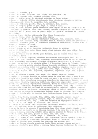 cibeta, f. Civette, plt.
cibièr, m. Civet (cuisine). Syn. civet, mot français, Cév.
cibièr, m. Souchet long (Cyperus longus), Toul.
cibla, f. Cible. étym. L. médiéval scibula, du Germ. sciba.
cibola, f. Ciboule (Allium fistulosum). Dér. ciboleta, ciboulette (Allium
schoenoprasum). étym. L. caepulla. Cat. cebolla.
cibòri, m. Ciboire; porche. étym. L. ciborium. Cat. cibori.
cibòt, m. Toupie; pomme de pin. étym. L. caepa + ottu.
cibre, m. Auge; baquet; petit réservoir dans lequel on met de l'argile et de
l'eau pour la poterie, Narb. Dér. cibrar, tamiser l'argile qui est dans le petit
réservoir en la jetant dans le grand. étym. L. cybraca, vaisseau de transport;
All. Zuber.
cici, m. Pipit (Anthus arboreus), Cév. étym. Onomatopée.
cicne, m. Cygne. étym. L. cycnus. Cat. cigne.
cicorèia, f. Barbe de capucin (Cichorium intybus). Var. chicorèa. étym. L.
cichorium. Cat. cicoira. Comp. cicorèia fòla f. Porcelle enracinée (Hypochoeris
radicata). cicorèia jauna, f. Pissenlit (Taraxacum densleonis). cicorèia de la
bròca, f. Chondrille jaune.
cièia, V. cirèisa, … cerièra.
cièja ~ ciège, m. et f. Vandoise (poisson). étym. L. acegia.
cièja, f. Silo. Syn. cròs. étym. sarde chea; basque, ede; base kèdia; Cat.
sitja, arag. ceia.
cigal, m. Cigale qui ne chante pas: femelle, que le peuple croit mâle;
étourderie; bévue.
cigala, f. Cigale; caprice; ivresse; étourderie; éphippigère vert, Bit.;
sauterelle. Syn. langosta. Dér. cigalada, étourderie; accès de folie; coup de
tête; élancement douloureux. cigalar, cigalejar, papilloter; être ébloui;
élancer (en parlant d'un abcès); aller … l'étourdie; faire le fringant; chanter;
publier. cigalet, petite cigale; léger, évaporé; sémillant, fringant. cigalièr,
abondant en cigales; celui qui capture les cigales. cigalon, petite espèce de
cigale. cigal¢s, -osa, adj., entre deux vins. étym. L. cicada. Cat. cigala.
cigarro, m. Cigare. Dér. cigarret, cigarreta, cigarette. étym. Esp. cigarro.
Cat. cigar.
cigat, m. Branche d'arbre, Don. étym. Occ. sagat, rejeton, pousse.
cigonha, f. Cigogne; bascule de puits; barre de bois qui tient l'anse d'une
cloche et … laquelle est fixée la corde qui sert … la sonner; irrésolution,
lambinerie. Dér. cigonhada, secousse; ébranlement. cigonhaire, lambin, irrésolu,
lanternier; inquiet, importun, rabâcheur. cigonhar, cigonhejar, remuer, secouer,
brimbaler, ébranler; importuner; lambiner, faire du mauvais travail; charcuter.
cigonhatge, lambinage; tripotage; remuement. cigonh¢s, -osa, adj., tracassier.
Une deuxième forme est utilisée en Haut-Languedoc: çaganhar, çaganh, çaganha,
çaganhon, mazette, maladroit. çaganhejar, faire du bruit; revenir … plusieurs
reprises sur un travail; tourmenter; agiter. étym. L. ciconia. Cat. cigonya.
ciguda, f. Cigu‰, plt. V. ceguda. Syn. juèlhverdassa. étym. L. cicuta. Cat.
cicuta.
cilh, m. Cil, Toul., sourcil. Dér. cilha, cil, sourcil. cilhar, ciller,
sourciller. Syn. parpelejar, ussejar. étym. L. cilium, pl. cilia. Cat. cella.
Comp. cilhabarrat,-ada, adj. , dont les sourcils se rejoignent; mauvais.
cilici, m. Cilice. étym. L. cilicium. Cat. cilici.
cilindre, m. Cylindre. Dér. cilindrar, cylindrer, aplanir. cilindric, -ica,
adj., cylindrique. étym. L. cylindrus. Cat. cilindre.
cim, m. Le haut; le sommet; l'extrémité, Fux. Dér. cima, cimal, cimada, cimèl,
cime, bouquet de fruits ou de fleurs; trochet. A la cima de, … la cime de.
cimèla, cimèrla, cimelet, extrême cime; glane; trochet de fleurs ou de fruits.
étym. L. cyma, mot grec, pousse de chou. Cat. cim, cima.
cimaisa, f. Cimaise, archit. étym. L. cimatium. Cat. cimaci.
cimbala, f. Cymbale. Var. chimbala. Dér. cimbaleta, petite cymbale. cimbalar,
jouer de la cymbale. cimbalièr, cymbalier. étym. L. cymbalum. Cat. cimbal.
cimbèc, m. Crochet pour courber les branches des arbres, Aur.
cimbèl, m. Ligne, signal, enseigne, Toul. Cév.; appeau, oiseau qui sert
d'appeau; clochette pour bêtes … cornes, Rgt.; taureau conducteur du troupeau;
 