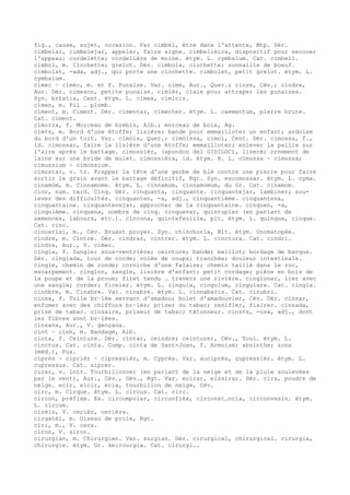 fig., cause, sujet, occasion. Far cimbèl, être dans l'attente, Mtp. Dér.
cimbelar, cimbelejar, appeler, faire signe. cimbelièira, dispositif pour secouer
l'appeau; cordelette; cordelière de moine. étym. L. cymbalum. Cat. cimbell.
cimbol, m. Clochette; grelot. Dér. cimbola, clochette; sonnaille de boeuf.
cimbolat, -ada, adj., qui porte une clochette. cimbolet, petit grelot. étym. L.
cymbalum.
cimec ~ cimèc, m. et f. Punaise. Var. cime, Aur., Quer.; cinze, Cév.; cindre,
Aur. Dér. cimeson, petite punaise. cimièr, claie pour attraper les punaises.
Syn. br£stia, Cent. étym. L. cimex, cimicis.
cimen, m. Fil … plomb.
ciment, m. Ciment. Dér. cimentar, cimenter. étym. L. caementum, pierre brute.
Cat. ciment.
cimorra, f. Morceau de brebis, Alb.; morceau de bois, Ag.
cim¢s, m. Bord d'une étoffe; lisière; bande pour emmailloter un enfant; ardoise
du bord d'un toit. Var. cimòis, Quer.; cimòissa, cimol, Cent. Dér. cimossa, f.,
id. cimossar, faire la lisière d'une étoffe; emmailloter; enlever la paille sur
l'aire après le battage. cimossièr, (apondon del GIDILOC), liseré; ornement de
laine sur une bride de mulet. cimossièra, id. étym. B. L. cimussa ~ cimossa;
cimussium ~ cimossium.
cimostar, v. tr. Frapper la tête d'une gerbe de blé contre une pierre pour faire
sortir le grain avant le battage définitif, Rgt. Syn. escomossar. étym. L. cyma.
cinamòm, m. Cinnamome. étym. L. cinnamum, cinnamomum, du Gr. Cat. cinamom.
cinc, num. card. Cinq. Dér. cinquanta, cinquante. cinquantejar, lambiner; sou-
lever des difficultés. cinquanten, -a, adj., cinquantième. cinquantena,
cinquantaine. cinquantenejar, approcher de la cinquantaine. cinquen, -a,
cinquième. cinquena, nombre de cinq. cinquenar, quintupler (en parlant de
semences, labours, etc.). cincona, quintefeuille, plt. étym. L. quinque, cinque.
Cat. cinc.
cincerisi, m., Cév. Bruant proyer. Syn. chinchorla, Bit. étym. Onomatopée.
cindre, m. Cintre. Dér. cindrar, cintrer. étym. L. cinctura. Cat. cindri.
cindre, Aur., V. cimec.
cingla, f. Sangle; sous-ventrière; ceinture; bande; maillot; bordage de barque.
Dér. cinglada, tour de corde; volée de coups; tranchée; douleur intestinale.
cingle, chemin de ronde; corniche d'une falaise; chemin taillé dans le roc,
escarpement. cinglon, sangle, lisière d'enfant; petit cordage; pièce en bois de
la poupe et de la proue; filet tendu … travers une rivière. cinglonar, lier avec
une sangle; corder; ficeler. étym. L. cingula, cingulum, cingulare. Cat. cingla.
cinòbre, m. Cinabre. Var. cinabre. étym. L. cinnabaris. Cat. cinubri.
cinsa, f. Toile br–lée servant d'amadou; bolet d'amadouvier, Cév. Dér. cinsar,
enfumer avec des chiffons br–lés; priser du tabac; renifler, flairer. cinsada,
prise de tabac. cinsaire, priseur de tabac; tâtonneur. cins¢s, -osa, adj., dont
les fibres sont br–lées.
cinsana, Aur., V. gençana.
cint ~ cinh, m. Bandage, Alb.
cinta, f. Ceinture. Dér. cintar, ceindre; ceinturer, Cév., Toul. étym. L.
cinctus. Cat. cinta. Comp. cinta de Sant-Joan, f. Armoise; absinthe; zona
(méd.), Fux.
ciprès ~ ciprièr ~ cipressièr, m. Cyprès. Var. auciprès, çupressièr. étym. L.
cupressus. Cat. xiprer.
cirar, v. intr. Tourbillonner (en parlant de la neige et de la pluie soulevées
par le vent), Aur., Cév., Gév., Rgt. Var. ecirar, eissirar. Dér. cira, poudre de
neige. ecir, eicir, ecia, tourbillon de neige, Cév.
circ, m. Cirque. étym. L. circus. Cat. circ.
circon, préfixe. Ex. circompolar, circonflèx, circonst…ncia, circonvesin. étym.
L. circum.
cirèis, V. cerièr, cerièra.
cirgatèl, m. Oiseau de proie, Rgt.
ciri, m., V. cera.
ciron, V. siron.
cirurgian, m. Chirurgien. Var. surgian. Dér. cirurgical, chirurgical. cirurgia,
chirurgie. étym. Gr. keirourgia. Cat. cirurgi….
 