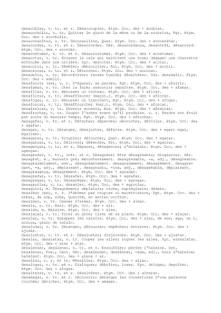desacoblar, v. tr. et r. Désaccoupler. étym. Occ. des + acoblar.
desacocholir, v. tr. Quitter le giron de la mère ou de la nourrice, Rgt. étym.
Occ. des + acocholir.
desaconselhar, v. tr. Déconseiller, Quer. étym. Occ. des + aconselhar.
desacordar, v. tr. et r. Désaccorder. Dér. desacordança, desacòrdi, désaccord.
étym. Occ. des + acordar.
desacostumar, v. tr. et r. Désaccoutumer. étym. Occ. des + acostumar.
desacotar, v. tr. Enlever la cale qui maintient une roue; dégager une charrette
enfoncée dans une ornière. Syn. descotar. étym. Occ. des + acotar.
desacotir, v. tr. Démêler; débrouiller, Aur. étym. Occ. des + acotir.
desacrocar, v. tr. et r. Décrocher. étym. Occ. des + acrocar.
desadelir, v. tr. Réconforter; rendre humide; désaltérer. Var. desadalir. étym.
Occ. des + adelir.
desafairir (se), v. r. S'égarer, se perdre, Rgt. étym. Occ. des + afairir.
desafamar, v. tr. Oter la faim; assouvir; repaître. étym. Occ. des + afamar.
desafilar, v. tr. émousser un couteau. étym. Occ. des + afilar.
desaflorar, v. tr. Désaffleurer (maçon.). étym. Occ. des + aflorar.
desafogar, v. tr. émousser un tranchant, Rgt. étym. Occ. des + afogar.
desaforcar, v. tr. Désaffourcher (mar.). étym. Occ. des + aforcar.
desafrairar, v. tr. Devenir ennemis, Aur. étym. Occ. des + afrairar.
desafruchar, v. tr. Couper l'arbre avant qu'il produise. v. r. Perdre son fruit
par suite du mauvais temps, Rgt. étym. Occ. des + afruchar.
desagafar, v. tr. et r. Détacher; dépendre; décrocher, décoller. étym. Occ. des
+ agafar.
desagar, v. tr. Déranger, désajuster, défaire. étym. Occ. des + egar; egar,
égaliser.
desagarar, v. tr. Troubler; détourner, Quer. étym. Occ. des + agarar.
desagarrar, v. tr. Délivrer; défendre, Bit. étym. Occ. des + agarrar.
desagençar, v. tr. et r. Déparer, désagencer; s'enlaidir. étym. Occ. des +
agençar.
desagradar, v. tr., intr. et r. Désagréer; être désagréable; disgracier. Dér.
desagrat, m., mauvais gré; mécontentement. desagradable, -a, adj., désagréable.
desagradablament, adv., désagréablement. desagradament, désagrément. desagra-
dant, -a, adj., déplaisant. desagradiu, -iva, adj., désagréable, déplaisant.
desagradança, désagrément. étym. Occ. des + agradar.
desagrafar, v. tr. Dégrafer. étym. Occ. des + agrafar.
desagregar, v. tr. Désagréger. étym. Occ. des + agregar.
desagrotlar, v. tr. ébranler. étym. Occ. des + agrotlar.
desaguici, m. Désagrément; déplaisir; niche, espièglerie; dédain.
desaibar (se), v. r. S'abîmer par coupure ou meurtrissure, Rgt. étym. Occ. des +
aibar, de aip, aibe, qualité, en ancien occitan.
desaimar, v. tr. Cesser d'aimer. étym. Occ. des + aimar.
desaïr, v. tr. Haïr. étym. Occ. des + aïr.
desaise, m. Malaise. étym. Occ. des + aise.
desajaçar, v. tr. Tirer du gîte; tirer de sa place. étym. Occ. des + ajaçar.
desajar, v. tr. égrapper les raisins. étym. Occ. des + ajar, de ase, age, du L.
acinus, grain de raisin.
desajudar, v. tr. Déranger, détourner; empêcher; entraver. étym. Occ. des +
ajudar.
desajustar, v. tr. et r. Désajuster; disjoindre. étym. Occ. des + ajustar.
desalar, desalatar, v. tr. Couper les ailes; rogner les ailes. Syn. eissalatar.
étym. Occ. des + alar + atar.
desalendar, desalenar, v. tr. et r. Essouffler; perdre l'haleine. Syn.
besalenar, Fux., Cent. Dér. desalendat, desalenat, -ada, adj., hors d'haleine;
haletant. étym. Occ. des + alena + ar.
desaliar, v. r. et tr. Mésallier. étym. Occ. des + aliar.
desalogar, v. tr. et r. Disloquer; déboîter, luxer. Syn. delogar, degolhar.
étym. Occ. des + alogar.
desalterar, v. tr. et r. Désaltérer. étym. Occ. des + alterar.
desamagar, v. tr. et r. Découvrir; déranger les couvertures d'une personne
couchée; dénicher. étym. Occ. des + amagar.
 