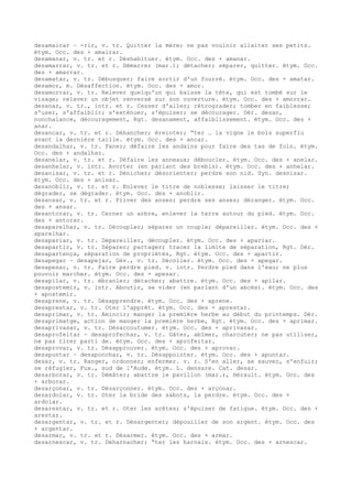 desamairar ~ -rir, v. tr. Quitter la mère; ne pas vouloir allaiter ses petits.
étym. Occ. des + amairar.
desamanar, v. tr. et r. Déshabituer. étym. Occ. des + amanar.
desamarrar, v. tr. et r. Démarrer (mar.); détacher; séparer, quitter. étym. Occ.
des + amarrar.
desamatar, v. tr. Débusquer; faire sortir d'un fourré. étym. Occ. des + amatar.
desamor, m. Désaffection. étym. Occ. des + amor.
desamorrar, v. tr. Relever quelqu'un qui baisse la tête, qui est tombé sur le
visage; relever un objet renversé sur son ouverture. étym. Occ. des + amorrar.
desanar, v. tr., intr. et r. Cesser d'aller; rétrograder; tomber en faiblesse;
s'user, s'affaiblir; s'exténuer, s'épuiser; se décourager. Dér. desan,
nonchalance, découragement, Rgt. desanament, affaiblissement. étym. Occ. des +
anar.
desancar, v. tr. et r. Déhancher; éreinter; “ter … la vigne le bois superflu
avant la dernière taille. étym. Occ. des + ancar.
desandalhar, v. tr. Faner; défaire les andains pour faire des tas de foin. étym.
Occ. des + andalhar.
desanelar, v. tr. et r. Défaire les anneaux; déboucler. étym. Occ. des + anelar.
desanhelar, v. intr. Avorter (en parlant des brebis). étym. Occ. des + anhelar.
desanisar, v. tr. et r. Dénicher; désorienter; perdre son nid. Syn. desnisar.
étym. Occ. des + anisar.
desanoblir, v. tr. et r. Enlever le titre de noblesse; laisser le titre;
dégrader, se dégrader. étym. Occ. des + anoblir.
desansar, v. tr. et r. Priver des anses; perdre ses anses; déranger. étym. Occ.
des + ansar.
desantorar, v. tr. Cerner un arbre, enlever la terre autour du pied. étym. Occ.
des + antorar.
desaparelhar, v. tr. Découpler; séparer un couple; dépareiller. étym. Occ. des +
aparelhar.
desapariar, v. tr. Dépareiller, découpler. étym. Occ. des + apariar.
desapartir, v. tr. Séparer; partager; tracer la limite de séparation, Rgt. Dér.
desapartença, séparation de propriétés, Rgt. étym. Occ. des + apartir.
desapegar ~ desapejar, Gév., v. tr. Décoller. étym. Occ. des + apegar.
desapesar, v. tr. Faire perdre pied. v. intr. Perdre pied dans l'eau; ne plus
pouvoir marcher. étym. Occ. des + apesar.
desapilar, v. tr. ébranler; détacher; abattre. étym. Occ. des + apilar.
desapostemir, v. intr. Aboutir, se vider (en parlant d'un abcès). étym. Occ. des
+ apostemir.
desaprene, v. tr. Désapprendre. étym. Occ. des + aprene.
desaprestar, v. tr. Oter l'apprêt. étym. Occ. des + aprestar.
desaprimar, v. tr. Amincir; manger la première herbe au début du printemps. Dér.
desaprimatge, action de manger la première herbe, Rgt. étym. Occ. des + aprimar.
desaprivasar, v. tr. Désaccoutumer. étym. Occ. des + aprivasar.
desaprofeitar ~ desaprofechar, v. tr. Gâter, abîmer, charcuter; ne pas utiliser,
ne pas tirer parti de. étym. Occ. des + aprofeitar.
desaprovar, v. tr. Désapprouver. étym. Occ. des + aprovar.
desapuntar ~ desaponchar, v. tr. Désappointer. étym. Occ. des + apuntar.
desar, v. tr. Ranger, ordonner; enfermer. v. r. S'en aller, se sauver, s'enfuir;
se réfugier, Fux., sud de l'Aude. étym. L. densare. Cat. desar.
desarborar, v. tr. Démâter; abattre le pavillon (mar.), Hérault. étym. Occ. des
+ arborar.
desarçonar, v. tr. Désarçonner. étym. Occ. des + arçonar.
desardolar, v. tr. Oter la bride des sabots, la perdre. étym. Occ. des +
ardolar.
desarestar, v. tr. et r. Oter les arêtes; s'épuiser de fatigue. étym. Occ. des +
arestar.
desargentar, v. tr. et r. Désargenter; dépouiller de son argent. étym. Occ. des
+ argentar.
desarmar, v. tr. et r. Désarmer. étym. Occ. des + armar.
desarnescar, v. tr. Déharnacher; “ter les harnais. étym. Occ. des + arnescar.
 