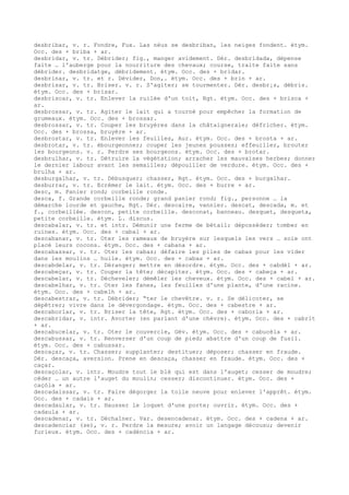 desbribar, v. r. Fondre, Fux. Las nèus se desbriban, les neiges fondent. étym.
Occ. des + briba + ar.
desbridar, v. tr. Débrider; fig., manger avidement. Dér. desbridada, dépense
faite … l'auberge pour la nourriture des chevaux; course, traite faite sans
débrider. desbridatge, débridement. étym. Occ. des + bridar.
desbrinar, v. tr. et r. Dévider, Don,. étym. Occ. des + brin + ar.
desbrisar, v. tr. Briser. v. r. S'agiter; se tourmenter. Dér. desbr¡s, débris.
étym. Occ. des + brisar.
desbriscar, v. tr. Enlever la ruilée d'un toit, Rgt. étym. Occ. des + brisca +
ar.
desbrossar, v. tr. Agiter le lait qui a tourné pour empêcher la formation de
grumeaux. étym. Occ. des + brossar.
desbrossar, v. tr. Couper les bruyères dans la châtaigneraie; défricher. étym.
Occ. des + brossa, bruyère + ar.
desbrostar, v. tr. Enlever les feuilles, Aur. étym. Occ. des + brosta + ar.
desbrotar, v. tr. ébourgeonner; couper les jeunes pousses; effeuiller, brouter
les bourgeons. v. r. Perdre ses bourgeons. étym. Occ. des + brotar.
desbrulhar, v. tr. Détruire la végétation; arracher les mauvaises herbes; donner
le dernier labour avant les semailles; dépouiller de verdure. étym. Occ. des +
brulha + ar.
desburgalhar, v. tr. Débusquer; chasser, Rgt. étym. Occ. des + burgalhar.
desburrar, v. tr. Ecrémer le lait. étym. Occ. des + burre + ar.
desc, m. Panier rond; corbeille ronde.
desca, f. Grande corbeille ronde; grand panier rond; fig., personne … la
démarche lourde et gauche, Rgt. Dér. descaire, vannier. descat, descada, m. et
f., corbeillée. descon, petite corbeille. desconat, banneau. desquet, desqueta,
petite corbeille. étym. L. discus.
descabalar, v. tr. et intr. Démunir une ferme de bétail; déposséder; tomber en
ruines. étym. Occ. des + cabal + ar.
descabanar, v. tr. Oter les rameaux de bruyère sur lesquels les vers … soie ont
placé leurs cocons. étym. Occ. des + cabana + ar.
descabassar, v. tr. Oter les cabas; défaire les piles de cabas pour les vider
dans les moulins … huile. étym. Occ. des + cabas + ar.
descabdelar, v. tr. Déranger; mettre en désordre. étym. Occ. des + cabdèl + ar.
descabeçar, v. tr. Couper la tête; décapiter. étym. Occ. des + cabeça + ar.
descabelar, v. tr. Décheveler; démêler les cheveux. étym. Occ. des + cabel + ar.
descabelhar, v. tr. Oter les fanes, les feuilles d'une plante, d'une racine.
étym. Occ. des + cabelh + ar.
descabestrar, v. tr. Débrider; “ter le chevêtre. v. r. Se délicoter, se
dépêtrer; vivre dans le dévergondage. étym. Occ. des + cabestre + ar.
descaborlar, v. tr. Briser la tête, Rgt. étym. Occ. des + caborla + ar.
descabridar, v. intr. Avorter (en parlant d'une chèvre). étym. Occ. des + cabrit
+ ar.
descabucelar, v. tr. Oter le couvercle, Gév. étym. Occ. des + cabucèla + ar.
descabussar, v. tr. Renverser d'un coup de pied; abattre d'un coup de fusil.
étym. Occ. des + cabussar.
descaçar, v. tr. Chasser; supplanter; destituer; déposer; chasser en fraude.
Dér. descaça, aversion. Prene en descaça, chasser en fraude. étym. Occ. des +
caçar.
descaçolar, v. intr. Moudre tout le blé qui est dans l'auget; cesser de moudre;
céder … un autre l'auget du moulin; cesser; discontinuer. étym. Occ. des +
caçòla + ar.
descadaissar, v. tr. Faire dégorger la toile neuve pour enlever l'apprêt. étym.
Occ. des + cadais + ar.
descadaular, v. tr. Hausser le loquet d'une porte; ouvrir. étym. Occ. des +
cadaula + ar.
descadenar, v. tr. Déchaîner. Var. desencadenar. étym. Occ. des + cadena + ar.
descadenciar (se), v. r. Perdre la mesure; avoir un langage décousu; devenir
furieux. étym. Occ. des + cadéncia + ar.
 