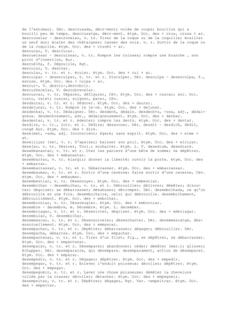 de l'estomac). Dér. descrusada, décr–ment; volée de coups; bouillon qui a
bouilli peu de temps. descrusatge, décr–ment. étym. Occ. des + crus, crusa + ar.
descruvelar ~ descrovelar, v. tr. Tirer de la coque ou de la coquille; écailler
un oeuf dur; écaler des châtaignes; casser des noix. v. r. Sortir de la coque ou
de la coquille. étym. Occ. des + cruvèl + ar.
descucar, V. desclucar.
descueissar ~ descuissar, v. tr. Rompre les cuisses; rompre une branche … son
point d'insertion, Aur.
descuèlha, f. Dépouille, Rgt.
descuiar, V. descoar.
descular, v. tr. et r. éculer. étym. Occ. des + cul + ar.
desculpar ~ desenculpar, v. tr. et r. Disculper. Dér. desculpa ~ desenculpa, f.,
excuse. étym. Occ. des + culpa + ar.
descur-, V. descru-,descobrir.
descurbecelar, V. descobrecelar.
descuscar, v. tr. Déparer, défigurer, Cév. étym. Occ. des + cuscar; anc. Occ.
cusco, valet; cuscar, soigner, parer, Cév.
desdaurar, v. tr. et r. Dédorer. étym. Occ. des + daurar.
desdejunar, v. tr. Rompre le je–ne. étym. Occ. des + dejunar.
desdenhar, v. tr. Dédaigner. Dér. desdenh, dédain. desdenh¢s, -osa, adj., dédai-
gneux. desdenhosament, adv., dédaigneusement. étym. Occ. des + denhar.
desdentar, v. tr. et r. édenter; rompre les dents. étym. Occ. des + dentar.
desdire, v. tr., intr. et r. Dédire; désavouer. Dér. desdit ~ desdich, dédit,
congé Aur. étym. Occ. des + dire.
deseimat, -ada, adj. Inconscient; égaré; sans esprit. étym. Occ. des + eime +
at.
deseiriçar (se), v. r. S'apaiser; baisser son poil. étym. Occ. des + eiriçar.
desejar, v. tr. Désirer, Toul.; souhaiter. étym. L. V. desedium, desediare.
desembanastar, v. tr. et r. Oter les paniers d'une bête de somme; se dépêtrer.
étym. Occ. des + embanastar.
desembarrar, v. tr. élargir; donner la liberté; ouvrir la porte. étym. Occ. des
+ embarrar.
desembarrassar, v. tr. et r. Débarrasser. étym. Occ. des + embarrassar.
desembaumar, v. tr. et r. Sortir d'une caverne; faire sortir d'une caverne, Cév.
étym. Occ. des + embaumar.
desembestiar, v. tr. Désennuyer. étym. Occ. des + embestiar.
desembolhar ~ desembulhar, v. tr. et r. Débrouiller; délivrer; démêler; discu-
ter; dégoiser; se débarrasser; désabuser; détromper. Dér. desembolhada, ce qu'on
débrouille en une fois. desembolhaire, celui qui débrouille. desembolhament,
débrouillement. étym. Occ. des + embolhar.
desemborniar, v. tr. Désaveugler. étym. Occ. des + emborniar.
desembre ~ decembre, m. Décembre. étym. L. december.
desembriagar, v. tr. et r. Désenivrer, dégriser. étym. Occ. des + embriagar.
desembular, V. desembolhar.
desemmascar, v. tr. et r. Désensorceler; désenchanter. Dér. desemmascatge, dés-
ensorcellement. étym. Occ. des + emmascar.
desempachar, v. tr. et r. Dépêtrer; débarrasser; dégager; débrouiller. Dér.
desempacha, débarras. étym. Occ. des + empachar.
desempantenar, v. tr. et r. Tirer d'un filet; fig., se dépêtrer, se débarrasser.
étym. Occ. des + empantenar.
desemparar, v. tr. et r. Désemparer; abandonner; céder; démâter (mar.); glisser;
échapper. Dér. desemparaire, qui désempare. desemparament, action de désemparer.
étym. Occ. des + emparar.
desempedir, v. tr. et r. Dégager; dépêtrer. étym. Occ. des + empedir.
desempegar, v. tr. et r. Enlever l'enduit poisseux; décoller; dépêtrer. étym.
Occ. des + empegar.
desempegomir, v. tr. et r. Laver une chose poisseuse; démêler la chevelure
collée par la crasse; décoller; détacher. étym. Occ. des + empegomir.
desempeitar, v. tr. et r. Dépêtrer; dégager, Rgt. Var. -empeitrar. étym. Occ.
des + empeitar.
 