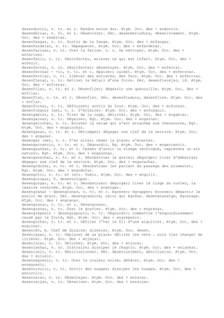 desendurcir, v. tr. et r. Rendre moins dur. étym. Occ. des + endurcir.
desenebriar, v. tr. et r. Désenivrer. Dér. desenebriadura, désenivrement. étym.
Occ. des + enebriar.
desenfangar, v. tr. Sortir de la fange. étym. Occ. des + enfangar.
desenfardelar, v. tr. Dépaqueter. étym. Occ. des + enfardelar.
desenfarinar, v. tr. Oter la farine. v. r. Se nettoyer. étym. Occ. des +
enfarinar.
desenfecir, v. tr. Désinfecter, enlever ce qui est infect. étym. Occ. des +
enfecir.
desenfectar, v. tr. Désinfecter; désennuyer. étym. Occ. des + enfectar.
desenferonar ~ -ir, v. tr. et r. Apaiser; calmer. étym. Occ. des + enferonar.
desenferriar, v. tr. Libérer des entraves, des fers. étym. Occ. des + enferriar.
desenfierar, v. tr. Retirer le bétail d'une foire. Dér. desenfierejar, id. étym.
Occ. des + enfierar.
desenfilar, v. tr. et r. Désenfiler; dégarnir une quenouille. étym. Occ. des +
enfilar.
desenflar, v. tr. et r. Désenfler. Dér. desenfiadura, désenflure. étym. Occ. des
+ enflar.
desenfornar, v. tr. Défourner; sortir du four. étym. Occ. des + enfornar.
desenfosquir (se), v. r. S'éclairer. étym. Occ. des + enfosquir.
desengabiar, v. tr. Tirer de la cage, délivrer. étym. Occ. des + engabiar.
desengainar, v. tr. Dégainer, Rgt. étym. Occ. des + engainar.
desengalochar, v. tr. Enlever la neige qui s'est attachée aux chaussures, Rgt.
étym. Occ. des + engalochar.
desenganar, v. tr. et r. Détromper; dégager une clef de la serrure. étym. Occ.
des + enganar.
desengar (se), v. r. S'en aller; céder la place; s'écarter.
desengarrancir, v. tr. et r. Dégourdir, Ag. étym. Occ. des + engarrancir.
desengaunhar, v. tr. et r. Cesser d'avoir le visage renfrogné, reprendre un air
naturel, Rgt. étym. Occ. des + engaunhar.
desengavachar, v. tr. et r. Désobstruer le gosier; dégorger; tirer d'embarras;
dégager une clef de la serrure. étym. Occ. des + engavachar.
desengodofar, v. tr. et r. Désobstruer (en parlant du passage des aliments),
Rgt. étym. Occ. des + engodofar.
desengolir, v. tr. et intr. Vomir. étym. Occ. des + engolir.
desengolopar, V. desenvolopar.
desengorgar, v. tr. et r. Désobstruer; dégorger; tirer le linge du cuvier, la
lessive terminée. étym. Occ. des + engorgar.
desengranar ~ desengrunar, v. tr. et r. égrener; égrapper; écosser; dégarnir le
moulin de grain. Dér. desengranaire, celui qui égrène. desengranatge, égrenage.
étym. Occ. des + engranar.
desengranar, v. tr. et r. Désengrener.
desengravar, v. tr. Oter le gravier. étym. Occ. des + engravar.
desengrepesir ~ desengraponir, v. tr. Dégourdir; combattre l'engourdissement
causé par le froid, Rgt. étym. Occ. des + engrepesir.
desengulhar, v. tr. et r. Défiler (“ter le fil d'une aiguille). étym. Occ. des +
engulhar.
desenièr, m. Chef de dizaine: dizenier. étym. Occ. desen.
desenjaçar, v. tr. Déplacer de sa place; déliter les vers … soie (les changer de
litière). étym. Occ. des + enjaçar.
desenjocar, v. tr. Déjucher. étym. Occ. des + enjocar.
desenlanhar, v. tr. Distraire; dissiper le chagrin. étym. Occ. des + enlanhar.
desenlusir, v. tr. Désillusionner. Dér. desenlusiment, désillusion. étym. Occ.
des + enlusir.
desennegresir, v. tr. Oter la couleur noire; déhâler. étym. Occ. des +
ennegresir.
desennivolir, v. tr. Sortir des nuages; dissiper les nuages. étym. Occ. des +
ennivolir.
desenraiar, v. tr. Désenrayer. étym. Occ. des + enraiar.
desenraiçar, v. tr. Déraciner. étym. Occ. des + enraiçar.
 