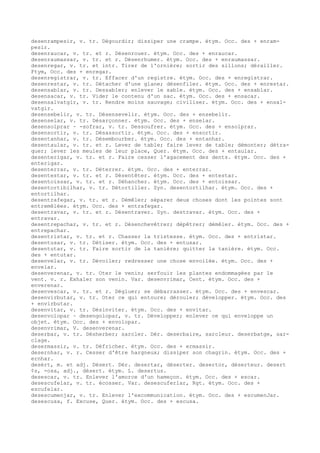desenrampesir, v. tr. Dégourdir; dissiper une crampe. étym. Occ. des + enram-
pesir.
desenraucar, v. tr. et r. Désenrouer. étym. Occ. des + enraucar.
desenraumassar, v. tr. et r. Désenrhumer. étym. Occ. des + enraumassar.
desenregar, v. tr. et intr. Tirer de l'ornière; sortir des sillons; dérailler.
Ftym, Occ. des + enregar.
desenregistrar, v. tr. Effacer d'un registre. étym. Occ. des + enregistrar.
desenrestar, v. tr. Détacher d'une glane; désenfiler. étym. Occ. des + enrestar.
desensablar, v. tr. Dessabler; enlever le sable. étym. Occ. des + ensablar.
desensacar, v. tr. Vider le contenu d'un sac. étym. Occ. des + ensacar.
desensalvatgir, v. tr. Rendre moins sauvage; civiliser. étym. Occ. des + ensal-
vatgir.
desensebelir, v. tr. Désensevelir. étym. Occ. des + ensebelir.
desenselar, v. tr. Désarçonner. étym. Occ. des + enselar.
desensolprar ~ -sofrar, v. tr. Dessoufrer. étym. Occ. des + ensolprar.
desensortir, v. tr. Désassortir. étym. Occ. des + ensortir.
desentanhar, v. tr. Désembourber. étym. Occ. des + entanhar.
desentaular, v. tr. et r. Lever de table; faire lever de table; démonter; détra-
quer; lever les meules de leur place, Quer. étym. Occ. des + entaular.
desenterigar, v. tr. et r. Faire cesser l'agacement des dents. étym. Occ. des +
enterigar.
desenterrar, v. tr. Déterrer. étym. Occ. des + enterrar.
desentestar, v. tr. et r. Désentêter. étym. Occ. des + entestar.
desentoissar, v. tr. et r. Déhancher. étym. Occ. des + entoissar.
desentortibilhar, v. tr. Détortiller. Syn. desentortilhar. étym. Occ. des +
entortilhar.
desentrafegar, v. tr. et r. Démêler; séparer deux choses dont les pointes sont
entremêlées. étym. Occ. des + entrafegar.
desentravar, v. tr. et r. Désentraver. Syn. destravar. étym. Occ. des +
entravar.
desentrepachar, v. tr. et r. Désenchevêtrer; dépêtrer; démêler. étym. Occ. des +
entrepachar.
desentristar, v. tr. et r. Chasser la tristesse. étym. Occ. des + entristar.
desentusar, v. tr. Détiser. étym. Occ. des + entusar.
desentutar, v. tr. Faire sortir de la tanière; quitter la tanière. étym. Occ.
des + entutar.
desenvelar, v. tr. Dévoiler; redresser une chose envoilée. étym. Occ. des +
envelar.
desenverenar, v. tr. Oter le venin; serfouir les plantes endommagées par le
vent. v. r. Exhaler son venin. Var. desenvrimar, Cent. étym. Occ. des +
enverenar.
desenvescar, v. tr. et r. Dégluer; se débarrasser. étym. Occ. des + envescar.
desenvirbutar, v. tr. Oter ce qui entoure; dérouler; développer. étym. Occ. des
+ envirbutar.
desenvitar, v. tr. Désinviter. étym. Occ. des + envitar.
desenvolopar ~ desengolopar, v. tr. Développer; enlever ce qui enveloppe un
objet. étym. Occ. des + envolopar.
desenvrimar, V. desenverenar.
deserbar, v. tr. Désherber; sarcler. Dér. deserbaire, sarcleur. deserbatge, sar-
clage.
desermassir, v. tr. Défricher. étym. Occ. des + ermassir.
desernhar, v. r. Cesser d'être hargneux; dissiper son chagrin. étym. Occ. des +
ernhar.
desèrt, m. et adj. Désert. Dér. desertar, déserter. desertor, déserteur. desert
¢s, -osa, adj., désert. étym. L. desertus.
desescar, v. tr. Enlever l'amorce d'un hameçon. étym. Occ. des + escar.
desescufelar, v. tr. écosser. Var. desescuferlar, Rgt. étym. Occ. des +
escufelar.
desescumenjar, v. tr. Enlever l'excommunication. étym. Occ. des + escumenJar.
desescusa, f. Excuse, Quer. étym. Occ. des + escusa.
 