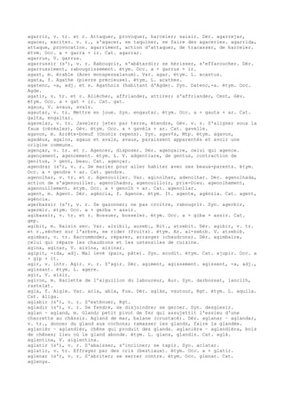 agarrir, v. tr. et r. Attaquer, provoquer, harceler; saisir. Dér. agarrejar,
agacer, exciter. v. r., s'agacer, se taquiner, se faire des agaceries. agarrida,
attaque, provocation. agarriment, action d'attaquer, de tracasser, de harceler.
étvm. Occ. a + garra + ir. Cat. agarrar.
agarrus, V. garrus.
agarrussir (s'), v. r. Rabougrir, s'abâtardir; se hérisser, s'effaroucher. Dér.
agarrussiment, rabougrissement. étym. Occ. a + garrus + ir.
agast, m. érable (Acer monspessalanum). Var. agar. étym. L. acastus.
agata, f. Agathe (pierre précieuse). étym. L. acathes.
agatenc, -a, adj. et s. Agathois (habitant d'Agde). Syn. Datenc,-a. étym. Occ.
Agde.
agatir, v. tr. et r. Allécher, affriander, attirer; s'affriander, Cent, Gév.
étym. Occ. a + gat + ir. Cat. gat.
agaus, V. avaus, avals.
agautar, v. tr. Mettre en joue. Syn. engautar. étym. Occ. a + gauta + ar. Cat.
galta, engaltar.
agavelar, v. tr. Javeler; jeter par terre, étendre, Gév. v. r. S'aligner sous la
faux (céréales), Gév. étym. Occ. a + gavèla + ar. Cat. gavelle.
agavon, m. Arrête-boeuf (Ononis repens). Syn. agav¢s, Mtp. étym. agavon,
agadèus, agalon, agaus et avals, avaus, paraissent apparentés et avoir une
origine commune.
agençar, v. tr. et r. Agencer, disposer. Dér. agençaire, celui qui agence.
agençament, agencement. étym. L. V. adgentiare, de gentus, contraction de
genitus, > gent, beau. Cat. agençar.
agendrar (s'), v. r. Se marier pour aller habiter avec ses beaux-parents. étym.
Occ. a + gendre + ar. Cat. gendre.
agenolhar, v. tr. et r. Agenouiller. Var. aginolhar, adenolhar. Dér. agenolhada,
action de s'agenouiller. agenolhador, agenouilloir, prie-Dieu. agenolhament,
agenouillement. étym. Occ. a + genolh + ar. Cat. agenollar.
agent, m. Agent. Dér. agéncia, f. Agence. étym. It. agente, agénzia. Cat. agent,
agéncia.
agerbassir (s'), v. r. Se gazonner; ne pas croitre, rabougrir. Syn. agerbir,
agermir. étym. Occ. a + gerba + assir.
agibassir, v. tr. et r. Bossuer, bosseler. étym. Occ. a + giba + assir. Cat.
gep.
agibit, m. Raisin sec. Var. alzibil, auzeb¡, Bit., atzebit. Dér. agibir, v. tr.
et r.,sécher sur l'arbre, se rider (fruits). étym. Ar. al-zebib. V. atzebib.
agimbar, v. tr. Raccommoder, réparer, arranger (chaudrons). Dér. agimbaire,
celui qui répare les chaudrons et les ustensiles de cuisine.
agina, aginar, V. aisina, aisinar.
agipit, -ida, adj. Mal levé (pain, pâte). Syn. acodit. étym. Cat. ajupir. Occ. a
+ gip + it.
agir, v. intr. Agir. v. r. S'agir. Dér. agiment, agissement. agissent, -a, adj.,
agissant. étym. L. agere.
agir, V. aisir.
agiron, m. Raclette de l'aiguillon du laboureur, Aur. Syn. darbossat, lancilh,
rastelat.
agla, f. Aigle. Var. acla, abla, Fux. Dér. aglàs, vautour, Rgt. étym. L. aquila.
Cat. àliga.
aglabir (s'), v. r. S'exténuer, Rgt.
agladir (s'), v. r. Se fendre, se disjoindre; se gercer. Syn. desglesir.
aglan ~ agland, m. Gland; petit pivot de fer qui assujettit l'essieu d'une
charrette au châssis. Agland de mar, balane (crustacé). Dér. aglanar ~ aglandar,
v. tr., donner du gland aux cochons; ramasser les glands, faire la glandée.
aglanièr ~ aglandièr, chêne qui produit des glands. aglanièra ~ aglandièra, bois
de chênes; lieu où le gland abonde. étym. L. glans, glandis. Cat. aglà.
aglantina, V. aiglentina.
aglatir (s'), v. r. S'abaisser, s'incliner; se tapir. Syn. aclatar.
aglatir, v. tr. Effrayer par des cris (bestiaux). étym. Occ. a + glatir.
aglenar (s'), v. r. S'abriter; se serrer contre. étym. Occ. glenar. Cat.
aglenya.
 