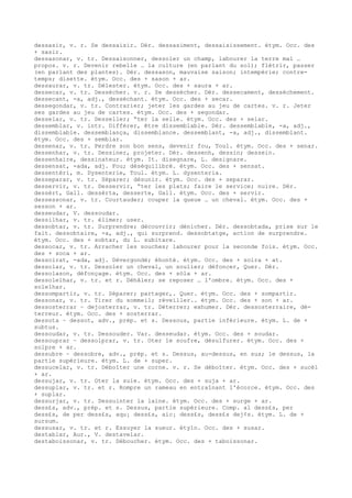 dessasir, v. r. Se dessaisir. Dér. dessasiment, dessaisissement. étym. Occ. des
+ sasir.
dessasonar, v. tr. Dessaisonner, dessoler un champ, labourer la terre mal …
propos. v. r. Devenir rebelle … la culture (en parlant du sol); flétrir, passer
(en parlant des plantes). Dér. dessason, mauvaise saison; intempérie; contre-
temps; disette. étym. Occ. des + sason + ar.
dessaurar, v. tr. Délester. étym. Occ. des + saura + ar.
dessecar, v. tr. Dessécher. v. r. Se dessécher. Dér. dessecament, desséchement.
dessecant, -a, adj., desséchant. étym. Occ. des + secar.
dessegondar, v. tr. Contrarier; jeter les gardes au jeu de cartes. v. r. Jeter
ses gardes au jeu de cartes. étym. Occ. des + segondar.
desselar, v. tr. Desseller; “ter la selle. étym. Occ. des + selar.
dessemblar, v. intr. Différer, être dissemblable. Dér. dessemblable, -a, adj.,
dissemblable. dessemblança, dissemblance. dessemblant, -a, adj., dissemblant.
étym. Occ. des + semblar.
dessenar, v. tr. Perdre son bon sens, devenir fou, Toul. étym. Occ. des + senar.
dessenhar, v. tr. Dessiner, projeter. Dér. dessenh, dessin; dessein.
dessenhaire, dessinateur. étym. It. disegnare, L. designare.
dessensat, -ada, adj. Fou; déséquilibré. étym. Occ. des + sensat.
dessentèri, m. Dysenterie, Toul. étym. L. dysenteria.
desseparar, v. tr. Séparer; désunir. étym. Occ. des + separar.
desservir, v. tr. Desservir, “ter les plats; faire le service; nuire. Dér.
dessèrt, Gall. dessèrta, desserte, Gall. étym. Occ. des + servir.
dessessonar, v. tr. Courtauder; couper la queue … un cheval. étym. Occ. des +
sesson + ar.
desseudar, V. dessoudar.
dessilhar, v. tr. élimer; user.
dessobtar, v. tr. Surprendre; découvrir; dénicher. Dér. dessobtada, prise sur le
fait. dessobtaire, -a, adj., qui surprend. dessobtatge, action de surprendre.
étym. Occ. des + sobtar, du L. subitare.
dessocar, v. tr. Arracher les souches; labourer pour la seconde fois. étym. Occ.
des + soca + ar.
dessoirat, -ada, adj. Dévergondé; éhonté. étym. Occ. des + soira + at.
dessolar, v. tr. Dessoler un cheval, un soulier; défoncer, Quer. Dér.
dessolason, défonçage. étym. Occ. des + sòla + ar.
dessolelhar, v. tr. et r. Déhâler; se reposer … l'ombre. étym. Occ. des +
solelhar.
dessompartir, v. tr. Séparer; partager,. Quer. étym. Occ. des + sompartir.
dessonar, v. tr. Tirer du sommeil; réveiller.. étym. Occ. des + son + ar.
dessosterrar ~ dejosterrar, v. tr. Déterrer; exhumer. Dér. dessosterraire, dé-
terreur. étym. Occ. des + sosterrar.
dessota ~ dessot, adv., prép. et s. Dessous, partie inférieure. étym. L. de +
subtus.
dessoudar, v. tr. Dessouder. Var. desseudar. étym. Occ. des + soudar.
dessouprar ~ dessolprar, v. tr. Oter le soufre, désulfurer. étym. Occ. des +
solpre + ar.
dessubre ~ dessobre, adv., prép. et s. Dessus, au-dessus, en sus; le dessus, la
partie supérieure. étym. L. de + super.
dessucelar, v. tr. Déboîter une corne. v. r. Se déboîter. étym. Occ. des + sucèl
+ ar.
dessujar, v. tr. Oter la suie. étym. Occ. des + suja + ar.
dessuplar, v. tr. et r. Rompre un rameau en entraînant l'écorce. étym. Occ. des
+ suplar.
dessurjar, v. tr. Dessuinter la laine. étym. Occ. des + surge + ar.
dess£s, adv., prép. et s. Dessus, partie supérieure. Comp. al dess£s, per
dess£s, de per dess£s, aqu¡ dess£s, aic¡ dess£s, dess£s dej¢s. étym. L. de +
sursum.
dessusar, v. tr. et r. Essuyer la sueur. éty1n. Occ. des + susar.
destablar, Aur., V. destavelar.
destaboissonar, v. tr. Déboucher. étym. Occ. des + taboissonar.
 