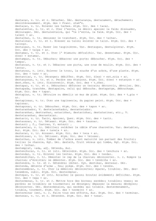 destacar, v. tr. et r. Détacher. Dér. destacança, destacament, détachement;
désintéressement. étym. des + Franc. stak“n.
destacar, v. tr. Enlever les taches. étym. Occ. des + tacar.
destalentar, v. tr. et r. Oter l'envie, le désir; apaiser la faim; dissuader,
décourager. Dér. destalentaire, qui “te l'envie, la faim. étym. Occ. des +
talent + ar.
destalhar, v. tr. émousser le tranchant. étym. Occ. des + talhar.
destalonar, v. tr. et r. Blesser au talon; enlever le talon. étym. Occ. des +
talonar.
destalpar, v. tr. Raser les taupinières. Var. destaupar, destalpierar. étym.
Occ. des + talpa + ar.
destamar, v. tr. et r. Oter l' étamure; défraîchir. Var. desestamar. étym. Occ.
d(es) + estamar.
destampar, v. tr. Débucher; débarrer une porte; déboucher. étym. Occ. des +
tampar.
destancar, v. tr. et r. Débarrer une porte, une roue de moulin. étym. Occ. des +
tancar.
destancar, v. intr. Enlever le tronc, la souche d'un arbre, d'une plante. étym.
Occ. des + tanc + ar.
destanciar, v. tr. Déranger; débiffer. étym. Occ. d(es) + est…ncia + ar.
destançonar, v. tr. et r. Perdre ses étançons. étym. Occ. d(es) + estançon + ar.
dest…nher, v. intr. Disconvenir. étym. Occ. des + t…nher.
destapar, v. tr. et r. Déboucher; défoncer un terrain; découvrir, dévoiler. Dér.
destapada, tranchée. destapaire, celui qui débouche. destapatge, débouchage.
étym. Occ. des + tapar.
destapiar, v. tr. Détruire ou démolir un mur de pisé. étym. Occ. des + t…pia +
ar.
destapissar, v. tr. Oter une tapisserie, du papier peint. étym. Occ. des +
tapissar.
destaponar, v. tr. Déboucher. étym. Occ. des + tapon + ar.
destaranhador, V. destelaranhador, desrantelador.
destaranhar, destranhar, estarinhar, destarinhar, destatarinar, etc., V.
destelaranhar, desrantelar.
destarir, v. tr. Tarir, épuiser, Quer. étym. Occ. des + tarir.
destaussar, v. tr. Détaxer. étym. Occ. des + taussar.
destauti , f., Castres, V. estauti .
destavelar, v. tr. Débiller; relâcher le câble d'une charrette. Var. destablar,
Aur. étym. Occ. des + tavela + ar.
destecar, v. tr. écosser. étym. Occ. des + teca + ar.
destéisser, v. tr. Détisser. étym. Occ. des + téisser.
destelhar, v. intr. Tomber de l'arbre avant maturité (en parlant des fruits);
teiller le chanvre, Rgt. Dér. destelh, fruit véreux qui tombe, Rgt. étym. Occ.
des + telhar.
destemplat, -ada, adj. Détendu, Aur.
destenchurar, v. tr. et intr. Déteindre. étym. Occ. des + tenchura + ar.
destendar, v. tr. Enlever les tentes. étym. Occ. des + tendar.
destendilhar, v. tr. Démonter le cep de la charrue; déconcerter. v. r. Rompre la
charrue; s'éreinter; se démonter. étym. Occ. des + tendilha + ar.
destendre, v. tr. et r. Détendre; lâcher. Syn. destibar, destesar. Dér.
destenda, détente d'arme … feu; piège. étym. Occ. des + tendre.
destenembrar, v. tr. Oter la mémoire; déconcerter; égarer, troubler. Dér. des-
tenembre, oubli. étym. Occ. destermenar.
destepar, v. tr. et intr. Arracher le gazon; brouter avidement; défricher. étym.
Occ. des + tepa + ar.
destermenar, v. tr. et r. Mettre hors des bornes; excéder; troubler; vexer; se
perdre; se troubler; se tourmenter; se déranger; dépasser la mesure; dérégler;
déconcerter. Dér. destermenaire, qui excède; qui trouble. destermenament,
trouble, tourment. étym. Occ. des + terme(n) + ar.
desterminar (se), v. r. Faire tous ses efforts, Aur. étym. Occ. des + terminar.
destesar, v. tr. et r. Détendre. étym. Occ. des + tesar.
 