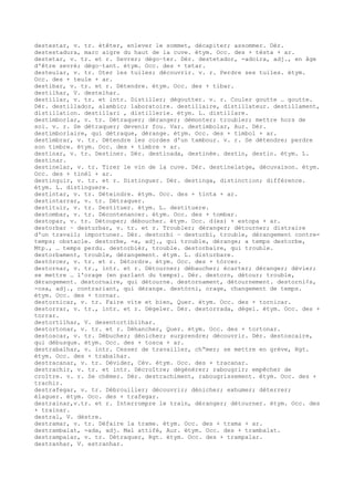 destestar, v. tr. étêter, enlever le sommet, décapiter; assommer. Dér.
destestadura, marc aigre du haut de la cuve. étym. Occ. des + tèsta + ar.
destetar, v. tr. et r. Sevrer; dégo–ter. Dér. destetador, -adoira, adj., en âge
d'être sevré; dégo–tant. étym. Occ. des + tetar.
desteular, v. tr. Oter les tuiles; découvrir. v. r. Perdre ses tuiles. étym.
Occ. des + teule + ar.
destibar, v. tr. et r. Détendre. étym. Occ. des + tibar.
destilhar, V. destelhar.
destillar, v. tr. et intr. Distiller; dégoutter. v. r. Couler goutte … goutte.
Dér. destillador, alambic; laboratoire. destillaire, distillateur. destillament,
distillation. destillari , distillerie. étym. L. distillare.
destimborlar, v. tr. Détraquer; déranger; démonter; troubler; mettre hors de
soi. v. r. Se détraquer; devenir fou. Var. destimbolar, Aur. Dér.
destimborlaire, qui détraque, dérange. étym. Occ. des + timbol + ar.
destimbrar, v. tr. Détendre les cordes d'un tambour. v. r. Se détendre; perdre
son timbre. étym. Occ. des + timbre + ar.
destinar, v. tr. Destiner. Dér. destinada, destinée. destin, destin. étym. L.
destinar.
destinelar, v. tr. Tirer le vin de la cuve. Dér. destinelatge, décuvaison. étym.
Occ. des + tinèl + ar.
destinguir, v. tr. et r. Distinguer. Dér. destinga, distinction; différence.
étym. L. distinguere.
destintar, v. tr. Déteindre. étym. Occ. des + tinta + ar.
destintarrar, v. tr. Détraquer.
destituir, v. tr. Destituer. étym. L. destituere.
destombar, v. tr. Décontenancer. étym. Occ. des + tombar.
destopar, v. tr. Détouper; déboucher. étym. Occ. d(es) + estopa + ar.
destorbar ~ desturbar, v. tr. et r. Troubler; déranger; détourner; distraire
d'un travail; importuner. Dér. destorbi ~ desturbi, trouble, dérangement contre-
temps; obstacle. destorbe, -a, adj., qui trouble, dérange; a temps destorbe,
Mtp., … temps perdu. destorbièr, trouble. destorbaire, qui trouble.
destorbament, trouble, dérangement. étym. L. disturbare.
destòrcer, v. tr. et r. Détordre. étym. Occ. des + tòrcer.
destornar, v. tr., intr. et r. Détourner; débaucher; écarter; déranger; dévier;
se mettre … l'orage (en parlant du temps). Dér. destorn, détour; trouble,
dérangement. destornaire, qui détourne. destornament, détournement. destorni¢s,
-osa, adj., contrariant, qui dérange. destòrni, orage, changement de temps.
étym. Occ. des + tornar.
destornicar, v. tr. Faire vite et bien, Quer. étym. Occ. des + tornicar.
destorrar, v. tr., intr. et r. Dégeler. Dér. destorrada, dégel. étym. Occ. des +
torrar.
destortilhar, V. desentortibilhar.
destortonar, v. tr. et r. Déhancher, Quer. étym. Occ. des + tortonar.
destoscar, v. tr. Débucher; dénicher; surprendre; découvrir. Dér. destoscaire,
qui débusque. étym. Occ. des + tosca + ar.
destrabalhar, v. intr. Cesser de travailler, ch“mer; se mettre en grève, Rgt.
étym. Occ. des + trabalhar.
destracanar, v. tr. Dévider, Cév. étym. Occ. des + tracanar.
destrachir, v. tr. et intr. Décroître; dégénérer; rabougrir; empêcher de
croître. v. r. Se chêmer. Dér. destrachiment, rabougrissement. étym. Occ. des +
trachir.
destrafegar, v. tr. Débrouiller; découvrir; dénicher; exhumer; déterrer;
élaguer. étym. Occ. des + trafegar.
destrainar,v.tr. et r. Interrompre le train, déranger; détourner. étym. Occ. des
+ trainar.
destral, V. dèstre.
destramar, v. tr. Défaire la trame. étym. Occ. des + trama + ar.
destrambalat, -ada, adj. Mal attifé, Aur. étym. Occ. des + trambalat.
destrampalar, v. tr. Détraquer, Rgt. étym. Occ. des + trampalar.
destranhar, V. estranhar.
 