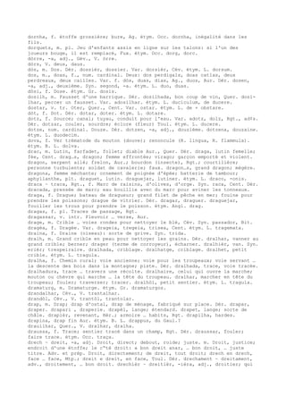 dornha, f. étoffe grossière; bure, Ag. étym. Occ. dornha, inégalité dans les
fils.
dorquets, m. pl. Jeu d'enfants assis en ligne sur les talons: si l'un des
joueurs bouge, il est remplacé, Fux. étym. Occ. dorg, dorc.
dòrre, -a, adj., Gév., V. òrre.
dòrs, V. deus, daus.
dòs, m. Dos. Dér. dossièr, dossier. Var. dorsièr, Cév. étym. L. dorsum.
dos, m., doas, f., num. cardinal. Deux: dos perdigals, doas catlas, deux
perdreaux, deux cailles. Var. f. dòs, duas, dias, Ag., duos, Aur. Dér. dosen,
-a, adj., deuxième. Syn. segond, -a. étym. L. duo, duas.
dòsi, f. Dose. étym. Gr. dosis.
dosilh, m. Fausset d'une barrique. Dér. dosilhada, bon coup de vin, Quer. dosi-
lhar, percer un fausset. Var. adosilhar. étym. L. duciculum, de ducere.
dostar, v. tr. Oter, Quer., Cent. Var. ostar. étym. L. de + obstare.
dòt, f. Dot. Dér. dotar, doter. étym. L. dotare.
dotz, f. Source; canal; tuyau, conduit pour l'eau. Var. adotz, dolz, Rgt., ad¢s.
Dér. dotzar, couler, sourdre; éclore (fleur) Toul. étym. L. ducere.
dotze, num. cardinal. Douze. Dér. dotzen, -a, adj., douzième. dotzena, douzaine.
étym. L. duodecim.
dova, f. Ver trématode du mouton (douve); renoncule (R. lingua, R. flammula).
étym. B. L. dolva.
drac, m. Lutin, farfadet, follet; diable Aur., Quer. Dér. draga, lutin femelle;
fée, Cent. drag…s, dragon; femme effrontée; virago; garçon emporté et violent.
dragon, serpent ailé; frelon, Aur.; bourdon (insecte), Rgt.; courtilière;
personne turbulente; soldat de cavalerie; faux. dragon…s, grand dragon; mégère.
dragona, femme méchante; ornement de poignée d'épée; batterie de tambour;
aphyllanthe, plt. draguet, lutin. draguejar, lutiner. étym. L. draco, -onis.
draca ~ traca, Rgt., f. Marc de raisins, d'olives, d'orge. Syn. raca, Cent. Dér.
dracada, pressée de marc; eau bouillie avec du marc pour aviner les tonneaux.
draga, f. Drague; bateau de dragueur; grand filet de pêche en mer; fouine pour
prendre les poissons; drague de vitrier. Dér. dragar, draguer. draguejar,
fouiller les trous pour prendre le poisson. étym. Angl. drag.
dragas, f. pl. Traces de passage, Rgt.
dragassar, v. intr. Pleuvoir … verse, Aur.
drage, m. Crible … voies rondes pour nettoyer le blé, Cév. Syn. passador, Bit.
dragèa, f. Dragée. Var. drageia, tregeia, trisea, Cent. étym. L. tragemata.
draina, f. Draine (oiseau): sorte de grive. Syn. trida.
dralh, m. Grand crible en peau pour nettoyer les grains. Dér. dralhar, vanner au
grand crible; berner; drager (terme de corroyeur), écharner. dralhièr, van. Syn.
erièr; trespeiraire. dralhada, criblage. dralhatge, criblage. dralhet, petit
crible. étym. L. tragula.
dralha, f. Chemin rural; voie ancienne; voie pour les troupeaux; voie servant …
la descente des bois dans la montagne; piste. Dér. dralhada, trace, voie tracée.
dralhadura, trace … travers une récolte. dralhaire, celui qui ouvre la marche;
mouton ou chèvre qui marche … la tête du troupeau. dralhar, marcher en tête du
troupeau; fouler; traverser; tracer. dralhòl, petit sentier. étym. L. tragula.
dramaturg, m. Dramaturge. étym. Gr. dramaturgos.
drandalhar, Cév., V. trantalhar.
drandòl, Cév., V. trantòl, trantolar.
drap, m. Drap; drap d'ostal, drap de ménage, fabriqué sur place. Dér. drapar,
draper. drapari , draperie. drapèl, lange; étendard. drapet, lange; sorte de
châle. drapièr, revenant, Hér.; armoire … habits, Rgt. drapilha, hardes.
drapina, drap fin Aur. étym. B. L. drappus, du Gaul.?
drauilhar, Quer., V. dralhar, dralha.
draussa, f. Trace; sentier tracé dans un champ, Rgt. Dér. draussar, fouler;
faire trace. étym. Occ. traça.
drech ~ dreit, -a, adj. Droit, direct; debout, roide; juste. m. Droit, justice;
endroit d'une étoffe; le c“té droit: a bon dreit anar, … bon droit, … juste
titre. Adv. et prép. Droit, directement; de dreit, tout droit; drech en drech,
face … face, Mtp.; dreit e dreit, en face, Toul. Dér. drechament ~ dreitament,
adv., droitement, … bon droit. drechièr ~ dreitièr, -ièra, adj., droitier; qui
 