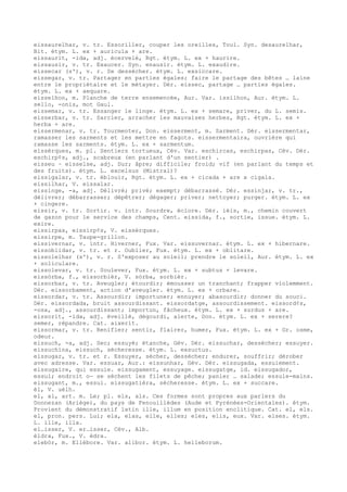 eissaurelhar, v. tr. Essoriller, couper les oreilles, Toul. Syn. desaurelhar,
Bit. étym. L. ex + auricula + are.
eissaurit, -ida, adj. écervelé, Rgt. étym. L. ex + haurire.
eissausir, v. tr. Exaucer. Syn. enausir. étym. L. exaudire.
eissecar (s'), v. r. Se dessécher. étym. L. exsiccare.
eissegar, v. tr. Partager en parties égales; faire le partage des bêtes … laine
entre le propriétaire et le métayer. Dér. eissec, partage … parties égales.
étym. L. ex + aequare.
eisselhon, m. Planche de terre ensemencée, Aur. Var. issilhon, Aur. étym. L.
sello, -onis, mot Gaul.
eissemar, v. tr. Essanger le linge. étym. L. ex + semare, priver, du L. semis.
eisserbar, v. tr. Sarcler, arracher les mauvaises herbes, Rgt. étym. L. ex +
herba + are.
eissermenar, v. tr. Tourmenter, Don. eisserment, m. Sarment. Dér. eissermentar,
ramasser les sarments et les mettre en fagots. eissermentaira, ouvrière qui
ramasse les sarments. étym. L. ex + sarmentum.
eissèrques, m. pl. Sentiers tortueux, Cév. Var. eschircas, eschirpas, Cév. Dér.
eschirp¢s, adj., scabreux (en parlant d'un sentier) .
eisseu ~ eisselse, adj. Dur; âpre; difficile; froid; vif (en parlant du temps et
des fruits). étym. L. excelsus (Mistral)?
eissigalar, v. tr. éblouir, Rgt. étym. L. ex + cicada + are x cigala.
eissilhar, V. eissalar.
eissinge, -a, adj. Délivré; privé; exempt; débarrassé. Dér. essinjar, v. tr.,
délivrer; débarrasser; dépêtrer; dégager; priver; nettoyer; purger. étym. L. ex
+ cingere.
eissir, v. tr. Sortir. v. intr. Sourdre, éclore. Dér. ièis, m., chemin couvert
de gazon pour le service des champs, Cent. eissida, f., sortie, issue. étym. L.
exire.
eissirpas, eissirp¢s, V. eissèrques.
eissirpe, m. Taupe-grillon.
eissivernar, v. intr. Hiverner, Fux. Var. eissuvernar. étym. L. ex + hibernare.
eissoblidar, v. tr. et r. Oublier, Fux. étym. L. ex + oblitare.
eissolelhar (s'), v. r. S'exposer au soleil; prendre le soleil, Aur. étym. L. ex
+ soliculare.
eissolevar, v. tr. Soulever, Fux. étym. L. ex + subtus + levare.
eissòrba, f., eissorbièr, V. sòrba, sorbièr.
eissorbar, v. tr. Aveugler; étourdir; émousser un tranchant; frapper violemment.
Dér. eissorbament, action d'aveugler. étym. L. ex + orbare.
eissordar, v. tr. Assourdir; importuner; ennuyer; abasourdir; donner du souci.
Dér. eissordada, bruit assourdissant. eissordatge, assourdissement. eissord¢s,
-osa, adj., assourdissant; importun, fâcheux. étym. L. ex + surdus + are.
eissorit, -ida, adj. éveillé, dégourdi, alerte, Don. étym. L. ex + serere?
semer, répandre. Cat. aixerit.
eissormar, v. tr. Renifler; sentir, flairer, humer, Fux. étym. L. ex + Gr. osme,
odeur.
eissuch, -a, adj. Sec; essuyé; étanche, Gév. Dér. eissuchar, dessécher; essuyer.
eissuchina, eissuch, sécheresse. étym. L. exsuctus.
eissugar, v. tr. et r. Essuyer, sécher, dessécher; endurer, souffrir; dérober
avec adresse. Var. essuar, Aur.: eissunhar, Gév. Dér. eissugada, essuiement.
eissugaire, qui essuie. eissugament, essuyage. eissugatge, id. eissugador,
essui; endroit o— se sèchent les filets de pêche; panier … salade; essuie-mains.
eissugant, m., essui. eissugatièra, sécheresse. étym. L. ex + succare.
èl, V. uèlh.
el, al, art. m. Le; pl. els, als. Ces formes sont propres aux parlers du
Donnezan (Ariège), du pays de Fenouillèdes (Aude et Pyrénées-Orientales). étym.
Provient du démonstratif latin ille, illum en position enclitique. Cat. el, els.
el, pron. pers. Lui; ela, elas, elle, elles; eles, elis, eux. Var. elses. étym.
L. ille, illa.
el…isser, V. er…isser, Cév., Alb.
èldra, Fux., V. èdra.
elebòr, m. Ellébore. Var. alibor. étym. L. helleborum.
 