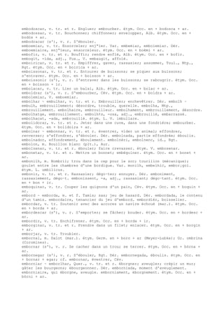 embodoscar, v. tr. et r. Engluer; embourber. étym. Occ. en + bodosca + ar.
embodossar, v. tr. Bouchonner; chiffonner; envelopper, Alb. étym. Occ. en +
bodòs + ar.
embodracar (s'), v. r. S'ébouler.
emboemiar, v. tr. Ensorceler; enj“ler. Var. embemiar, embolemiar. Dér.
emboemiaire, enj“leur, ensorceleur. étym. Occ. en + boèmi + ar.
embofir, v. tr. et r. Bouffir; rendre enflé, Alb. étym. Occ. en + bofir.
embogit, -ida, adj., Fux., V. embaugit, affolé.
emboiricar, v. tr. et r. Empiffrer, gaver, rassasier; assommer, Toul., Mtp.,
Rgt. étym. Occ. en + boirica + ar.
emboissonar, v. tr. et r. Entourer de buissons; se piquer aux buissons;
s'entraver. étym. Occ. en + boisson + ar.
emboissonir (s'), v. r. S'entraver dans les buissons; se rabougrir. étym. Occ.
en + boisson + ir.
embolacar, v. tr. Lier un balai, Alb. étym. Occ. en + bolac + ar.
emboldrar (s'), v. r. S'embourber, Cév. étym. Occ. en + boldra + ar.
embolemiar, V. emboemiar.
embolhar ~ embulhar, v. tr. et r. Embrouiller; enchevêtrer. Dér. embolh ~
embulh, embrouillement; désordre, trouble, querelle. embolha, Mtp.,
embrouillement. embolhaire, embrouilleur. embolhament, embrouillement, désordre.
embolhatge, embrouillement. embolh¢s, -osa, adj., embrouillé, embarrassé.
embolhacat, -ada, embrouillé. étym. L. V. imbullare.
embolidorar, v. tr. et r. Jeter dans une cuve, dans une fondrière; embourber.
étym. Occ. en + bolidoira + ar.
embolnar ~ embonnar, v. tr. et r. éventrer, vider un animal; effondrer,
renverser; s'effondrer, s'ébouler. Dér. embolnada, partie effondrée; éboulis.
embolnador, effondrement, éboulement. embolnèri, embolnenc, id., Rgt.
embolon, m. Bouillon blanc (plt.), Aur.
embolzenar, v. tr. et r. ébouler; faire crevasser. étym. V. embosenar.
embonetar, v. tr. et r. Mettre un bonnet; embéguiner. étym. Occ. en + bonet +
ar.
embonilh, m. Nombril; trou dans le cep pour le soc; tourillon (mécanique);
goulet entre les chambres d'une bordigue. Var. monilh, embelhic, embor¡gol.
étym. L. umbilicus.
embonir, v. tr. et r. Rassasier; dégo–ter; ennuyer. Dér. emboniment,
rassasiement, dégo–t. embonissent, -a, adj., rassasiant; dégo–tant. étym. Occ.
en + bon + ir.
emboquinar, v. tr. Couper les quignons d'un pain, Cév. étym. Occ. en + boquin +
ar.
embord ~ emborda, m. et f. Tamis; sas; jeu de hasard. Dér. embordada, le contenu
d'un tamis. embordaire, tenancier du jeu d'embord. embordièr, boisselier.
embordar, v. tr. Soutenir avec des accores un navire échoué (mar.). étym. Occ.
en + borda + ar.
embordescar (s'), v. r. S'emporter; se fâcher; bouder. étym. Occ. en + bordesc +
ar.
embordir, v. tr. Enchifrener. étym. Occ. en + borda + ir.
emborginar, v. tr. et r. Prendre dans un filet; enlacer. étym. Occ. en + borgin
+ ar.
emborjar, v. tr. Troubler.
embornal, m. Dalot (mar.). étym. Germ. en + boro + ar (Meyer-Lubke); Gr. ombrina
(Coromines).
embornar (s'), v. r. Se cacher dans un trou; se terrer. étym. Occ. en + bòrna +
ar.
embornegar (s'), v. r. S'ébouler, Rgt. Dér. embornegada, éboulis. étym. Occ. en
+ bornar + egar; cf. embornar, éventrer, Cév.
emborniar ~ emborlhar, Quer., v. tr. et r. éborgner; aveugler; crépir un mur;
gâter les bourgeons; ébourgeonner. Dér. emborniada, moment d'aveuglement.
emborniaire, qui éborgne, aveugle. emborniament, éborgnement. étym. Occ. en +
bòrni + ar.
 