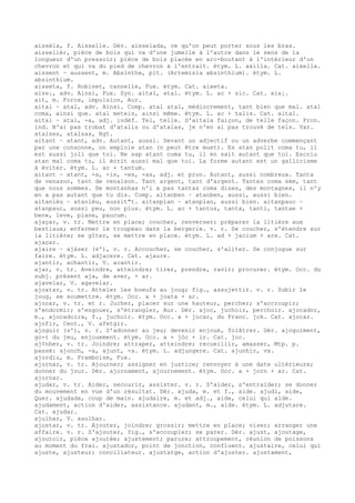 aissèla, f. Aisselle. Dér. aisselada, ce qu'on peut porter sous les bras.
aisselièr, pièce de bois qui va d'une jumelle à l'autre dans le sens de la
longueur d'un pressoir; pièce de bois placée en arc-boutant à l'intérieur d'un
chevron et qui va du pied de chevron à l'entrait. étym. L. axilla. Cat. aixella.
aissent ~ aussent, m. Absinthe, plt. (Artemisia absinthium). étym. L.
absinthium.
aisseta, f. Robinet, cannelle, Fux. étym. Cat. aixeta.
aiss¡, adv. Ainsi, Fux. Syn. aital, atal. étym. L. ac + sic. Cat. aix¡.
ait, m. Force, impulsion, Aur.
aital ~ atal, adv. Ainsi. Comp. atal atal, médiocrement, tant bien que mal. atal
coma, ainsi que. atal meteis, ainsi même. étym. L. ac + talis. Cat. aital.
aital ~ atal, -a, adj. indéf. Tel, telle. D'aitala faiçon, de telle façon. Pron.
ind. N'ai pas trobat d'atalis ou d'atalas, je n'en ai pas trouvé de tels. Var.
atalses, atalsas, Rgt.
aitant ~ atant, adv. Autant, aussi. Devant un adjectif ou un adverbe commençant
par une consonne, on emploie atan (n peut être muet). Es atan polit coma tu, il
est aussi joli que toi. Ne sap atant coma tu, il en sait autant que toi. Escriu
atan mal coma tu, il écrit aussi mal que toi. La forme autant est un gallicisme
à éviter. étym. L. ac + tantum.
aitant ~ atant, -a, -is, -es, -as, adj. et pron. Autant, aussi nombreux. Tanta
de venason, tant de venaison. Tant argent, tant d'argent. Tantes coma sèm, tant
que nous sommes. De montanhas n'i a pas tantas coma dises, des montagnes, il n'y
en a pas autant que tu dis. Comp. aitanben ~ atanben, aussi, aussi bien.
aitanlèu ~ atanlèu, aussit"t. aitanplan ~ atanplan, aussi bien. aitanpauc ~
atanpauc, aussi peu, non plus. étym. L. ac + tantus, tanta, tanti, tantae +
bene, leve, plane, paucum.
ajaçar, v. tr. Mettre en place; coucher, renverser; préparer la litière aux
bestiaux; enfermer le troupeau dans la bergerie. v. r. Se coucher, s'étendre sur
la litière; se gîter, se mettre en place. étym. L. ad + jacium + are. Cat.
ajaçar.
ajaire ~ ajàser (s'), v. r. Accoucher, se coucher, s'aliter. Se conjugue sur
faire. étym. L. adjacere. Cat. ajaure.
ajantir, achantir, V. acantir.
ajar, v. tr. Aveindre, atteindre; tirer, prendre, ravir; procurer. étym. Occ. du
subj. présent aja, de aver, + ar.
ajavelar, V. agavelar.
ajoatar, v. tr. Atteler les boeufs au joug; fig., assujettir. v. r. Subir le
joug, se soumettre. étym. Occ. a + joata + ar.
ajocar, v. tr. et r. Jucher, placer sur une hauteur, percher; s'accroupir;
s'endormir; s'engouer, s'étrangler, Aur. Dér. ajoc, juchoir, perchoir. ajocador,
m., ajocadoira, f., juchoir. étym. Occ. a + jocar, du Franc. jok. Cat. ajocar.
ajofir, Cent., V. afetgir.
ajoguir (s'), v. r. S'adonner au jeu; devenir enjoué, folâtrer. Dér. ajoguiment,
go-t du jeu, enjouement. étym. Occ. a + jòc + ir. Cat. joc.
aj¢nher, v. tr. Joindre; attraper, atteindre; recueillir, amasser, Mtp. p.
passé: ajonch, -a, ajunt, -a. étym. L. adjungere. Cat. ajunhir, vx.
ajordiu, m. Framboise, Fux.
ajornar, v. tr. Ajourner; assigner en justice; renvoyer à une date ultérieure;
donner du jour. Dér. ajornament, ajournement. étym. Occ. a + jorn + ar. Cat.
ajornar.
ajudar, v. tr. Aider, secourir, assister. v. r. S'aider, s'entraider; se donner
du mouvement en vue d'un résultat. Dér. ajuda, m. et f., aide. ajudi, aide,
Quer. ajudada, coup de main. ajudaire, m. et adj., aide, celui qui aide.
ajudament, action d'aider, assistance. ajudant, m., aide. étym. L. adjutare.
Cat. ajudar.
ajulhar, V. asulhar.
ajustar, v. tr. Ajouter, joindre; grossir; mettre en place; viser; arranger une
affaire. v. r. S'ajouter, fig., s'accoupler; se parer. Dér. ajust, ajoutage,
ajoutoir, pièce ajoutée; ajustement; parure; attroupement, réunion de poissons
au moment du frai. ajustador, point de jonction, confluent. ajustaire, celui qui
ajuste, ajusteur; conciliateur. ajustatge, action d'ajuster. ajustament,
 