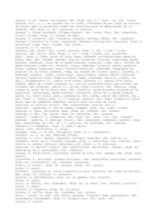 alatar, v. tr. Gauler les arbres, Gév. étym. Occ. a + lata + ar. Cat. llata.
alatrar (s'), v. r. Se coucher sur le flanc, s'étendre de son long; se vautrer;
se rouler dans la poussière comme les volailles pour se débarrasser de la
vermine, Cév. étym. L. ad + laterare. V. alairar.
alausa, f. Alose (poisson) (Clupea alausa). Syn. colac, Toul. Dér. alausièra,
filet à aloses. étym. L. alausa, du Gaul.
alausa, f. Alouette. Syn. alauseta, lauseta; vanneau, Revel. Dér. lausetar,
chasser l'alouette au filet. alausaire, chasseur d'alouettes. alausièr, filet à
alouettes. étym. Gaul. alauda. Cat. alosa.
alauseta, f. V. alausa.
alavetz, adv. Alors. Syn. alara, alavora. étym. L. ad + illam + vicem.
alavora, adv. Alors, Narb. étym. L. ad + illam + horam. Cat. allavores.
alba ~ auba, f. Aube, point du jour; aube, vêtement ecclésiastique; peuplier
blanc, Mtp. Dér. albada, aubade, coup de cloche de l'aurore. albairada, gelée
blanche. albairar, faire de la gelée blanche. albairat, -ada, adj., couvert de
gelée blanche à demi m-r (fruits). alban, hobereau (oiseau); saule, peuplier
blanc. albana, bigarreau jaune (Cerasus duracina). albanada, champignon du
peuplier et du saule. albanat, -ada, qui manque de cuisson (pain). albanèl, m.
hobereau (oiseau). albar, saule blanc (Salix alba); viorne aubier (Viburnum
opulus); peuplier blanc (Populus alba), Agde. albareda, saulaie. albenc, -a,
adj., incandescent; m., aubier d'un arbre. albenca, f., aubier d'un arbre.
albeta, début de l'aube. albeson, m., caillou quartzeux blanc que roulent les
rivières des Cévennes. aubica f., grosse figue violette, Cév. aubicon, figue
longue et noire de la Saint-Jean, Cév. albièira, gelée blanche; plantation de
peupliers. albieirada, gelée blanche. albieirar, faire de la gelée blanche.
aubin, m., lapin blanc, Quer.; aubergine, Cév. album, aubier des arbres, Aur.,
Rgt. étym. L. albus, alba. L. V. albanus, albaris. Cat. alba. L'adjectif albus
entre dans de nombreux composés, surtout dans les noms de lieux.
albairon, m. Airelle (fruit). Dér. albaironièr, airelle (plt.).
albalada ~ aubalada, f. Feu de ramée, flambée. étym. Occ. auba + alada.
albaran, m. Reçu, quittance, Quer. étym. Ar. albaran. Cat. albarà.
albarda, f. Bât. Syn. barda. étym. Ar. barda'ah. Cat. albarda.
albavit ~ aubavit, f. Clématite, Cév. étym. Occ. alba + vit. Cat. vidalba.
albèrga ~ aubèrja, f. Alberge (fruit). Dér. albergièr, albergier (arbre). étym.
Esp. albérchiga, de l'Ar. al + L. persica, mot mozarabe. Cat. alberge.
albespin, m. Aubépine. étym. L. alba + spina.
albia, -ièr, Saint-Pons, V. aliga.
albigés, -esa, s. et adj. Albigeois. étym. B. L. Albigensis.
albigòt, -a, s. et adj. Habitant d'Albi.
albirar, v. intr. Penser, imaginer, estimer; regarder. Dér. albire, m.,
jugement, avis; go-t; volonté, courage. étym. L. arbitrare. Cat. albirar, albir.
alborn, m. Aubour (Cytisus laburnum), plt. étym. L. V. alburnum.
albricòt, m. Abricot (fruit). Dér. albricotièr, abricotier, (arbre). étym. Ar.
alberqo-q, du L. praecoquus. Cat. albercoc.
albuga, f. Terre forte, argileuse, marnes du Lias. Var. aubuge, Rgt. étym. Gaul.
albuca.
alcachòfa, f. Artichaut (Cynara scolimus). Var. escarchòfa, escariòfa, carchòfa.
étym. Ar. al-karcho-f. Cat. carxofa, alcarxofa.
alcal¡, m. Alcali. étym. Ar. alqaly, soude. Cat. alcali.
alçar, V. auçar.
alcassin ~ aucassin, m. Toile à matelas ou pour recouvrir les taies d'oreiller,
Rgt. étym. Ar. alkissa. V. aucassin.
alcavòt, m. Entremetteur. étym. Ar. al qawwad. Cat. alcavot.
alcet, V. aucet.
alcòl, m. Alcool. Syn. aigardent. étym. Ar. al kohol. Cat. alcohol, alcofoll.
alçor, V. auçor.
alcoton, m. Hoqueton. étym. Ar. al qoton.
alcòva, f. Alc"ve. étym. Ar. alqoubba. Cat. alcova.
alcun ~ aucun, -a, adj. ind. Aucun, quelque. d'aucuns còps, quelquefois. Dér.
alcunament, aucunement. étym. L. aliquis unus. Cat. alc£, -na.
alçura, V. auçura.
 