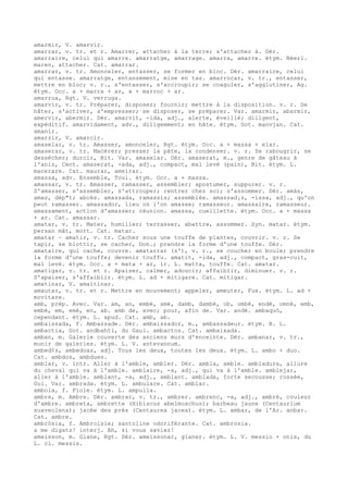 amarmir, V. amarvir.
amarrar, v. tr. et r. Amarrer, attacher à la terre; s'attacher à. Dér.
amarraire, celui qui amarre. amarratge, amarrage. amarra, amarre. étym. Néerl.
maren, attacher. Cat. amarrar.
amarrar, v. tr. Amonceler, entasser, se former en bloc. Dér. amarraire, celui
qui entasse. amarratge, entassement, mise en tas. amarrocar, v. tr., entasser,
mettre en bloc; v. r., s'entasser, s'accroupir; se coaguler, s'agglutiner, Ag.
étym. Occ. a + marra + ar, a + marroc + ar.
amarrua, Rgt. V. verruga.
amarvir, v. tr. Préparer, disposer; fournir; mettre à la disposition. v. r. Se
hâter, s'activer, s'empresser; se disposer, se préparer. Var. amarmir, abarmir,
amervir, abermir. Dér. amarvit, -ida, adj., alerte, éveillé; diligent,
expéditif. amarvidament, adv., diligemment; en hâte. étym. Got. manvjan. Cat.
amanir.
amarzir, V. amarcir.
amaselar, v. tr. Amasser, amonceler, Rgt. étym. Occ. a + massa + elar.
amaserar, v. tr. Macérer; presser la pâte, la condenser. v. r. Se rabougrir, se
dessécher; durcir, Bit. Var. amaselar. Dér. amaserat, m., genre de gâteau à
l'anis, Cent. amaserat, -ada, adj., compact, mal levé (pain), Bit. étym. L.
macerare. Cat. maurar, ameirar.
amassa, adv. Ensemble, Toul. étym. Occ. a + massa.
amassar, v. tr. Amasser, ramasser, assembler; apostumer, suppurer. v. r.
S'amasser, s'assembler, s'attrouper; rentrer chez soi; s'assommer. Dér. amàs,
amas, dép"t; abcès. amassada, ramassis; assemblée. amassad¡s, -issa, adj., qu'on
peut ramasser. amassador, lieu où l'on amasse; ramasseur. amassaire, ramasseur.
amassament, action d'amasser; réunion. amassa, cueillette. étym. Occ. a + massa
+ ar. Cat. amassar.
amatar, v. tr. Mater, humilier; terrasser, abattre, assommer. Syn. matar. étym.
persan mât, mort. Cat. matar.
amatar ~ amatir, v. tr. Cacher sous une touffe de plantes, couvrir. v. r. Se
tapir, se blottir, se cacher, Don.; prendre la forme d'une touffe. Dér.
amataire, qui cache, couvre. amatarrar (s'), v. r., se coucher en boule; prendre
la forme d'une touffe; devenir touffu. amatit, -ida, adj., compact, gras-cuit,
mal levé. étym. Occ. a + mata + ar, ir. L. matta, touffe. Cat. amatar.
amatigar, v. tr. et r. Apaiser, calmer, adoucir; affaiblir, diminuer. v. r.
S'apaiser, s'affaiblir. étym. L. ad + mitigare. Cat. mitigar.
amatinar, V. amaitinar.
amautar, v. tr. et r. Mettre en mouvement; appeler, ameuter, Fux. étym. L. ad +
movitare.
amb, prép. Avec. Var. am, an, embé, amé, damb, dambé, ob, ombé, endé, omné, emb,
embé, em, emé, en, ab. amb de, avec; pour, afin de. Var. andé. ambaquò,
cependant. étym. L. apud. Cat. amb, ab.
ambaissada, f. Ambassade. Dér. ambaissador, m., ambassadeur. étym. B. L.
ambactia, Got. andbahti, du Gaul. ambactos. Cat. ambaixada.
amban, m. Galerie couverte des anciens murs d'enceinte. Dér. ambanar, v. tr.,
munir de galeries. étym. L. V. antevannum.
ambed¢s, ambedoas, adj. Tous les deux, toutes les deux. étym. L. ambo + duo.
Cat. ambdos, ambdues.
amblar, v. intr. Aller à l'amble, ambler. Dér. ambla, amble. ambladura, allure
du cheval qui va à l'amble. amblaire, -a, adj., qui va à l'amble. amblejar,
aller à l'amble. amblant, -a, adj., amblant. amblada, forte secousse; rossée,
Gui. Var. ambrada. étym. L. ambulare. Cat. amblar.
ambola, f. Fiole. étym. L. ampulla.
ambre, m. Ambre. Dér. ambrar, v. tr., ambrer. ambrenc, -a, adj., ambré, couleur
d'ambre. ambreta, ambrette (Hibiscus abelmoschus); barbeau jaune (Centaurium
suaveolens); jacée des prés (Centaurea jacea). étym. L. ambar, de l'Ar. anbar.
Cat. ambre.
ambròsia, f. Ambroisie; santoline odoriférante. Cat. ambrosia.
a me digatz! interj. Ah, si vous saviez!
ameisson, m. Glane, Rgt. Dér. ameissonar, glaner. étym. L. V. messio + onis, du
L. cl. messis.
 