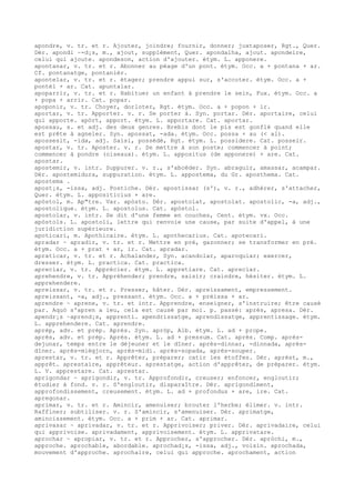 apondre, v. tr. et r. Ajouter, joindre; fournir, donner; juxtaposer, Rgt., Quer.
Dér. apondi ~-d¡s, m., ajout, supplément, Quer. apondalha, ajout. apondeire,
celui qui ajoute. apondeson, action d'ajouter. étym. L. apponere.
apontanar, v. tr. et r. Abonner au péage d'un pont. étym. Occ. a + pontana + ar.
Cf. pontanatge, pontanièr.
apontelar, v. tr. et r. étager; prendre appui sur, s'accoter. étym. Occ. a +
pontèl + ar. Cat. apuntalar.
apoparrir, v. tr. et r. Habituer un enfant à prendre le sein, Fux. étym. Occ. a
+ popa + arrir. Cat. popar.
apoponir, v. tr. Choyer, dorloter, Rgt. étym. Occ. a + popon + ir.
aportar, v. tr. Apporter. v. r. Se porter à. Syn. portar. Dér. aportaire, celui
qui apporte. apòrt, apport. étym. L. apportare. Cat. aportar.
apossau, s. et adj. des deux genres. Brebis dont le pis est gonflé quand elle
est prête à agneler. Syn. apossat, -ada. étym. Occ. possa + au (< al).
apossesit, -ida, adj. Saisi, possédé, Rgt. étym. L. possidere. Cat. posseir.
apostar, v. tr. Aposter. v. r. Se mettre à son poste; commencer à point;
commencer à pondre (oiseaux). étym. L. appositus (de apponere) + are. Cat.
apostar.
apostemir, v. intr. Suppurer. v. r., s'abcéder. Syn. abraguir, amassar, acampar.
Dér. apostemidura, suppuration. étym. L. appostema, du Gr. aposthema. Cat.
apostema .
apost¡s, -issa, adj. Postiche. Dér. apostissar (s'), v. r., adhérer, s'attacher,
Quer. étym. L. appositicius + are.
apòstol, m. Ap"tre. Var. apòsto. Dér. apostolat, apostolat. apostolic, -a, adj.,
apostolique. étym. L. apostolus. Cat. apòstol.
apostolar, v. intr. Se dit d'une femme en couches, Cent. étym. vx. Occ.
apòstols. L. apostoli, lettre qui renvoie une cause, par suite d'appel, à une
juridiction supérieure.
apoticari, m. Apothicaire. étym. L. apothecarius. Cat. apotecari.
apradar ~ apradir, v. tr. et r. Mettre en pré, gazonner; se transformer en pré.
étym. Occ. a + prat + ar, ir. Cat. apradar.
apraticar, v. tr. et r. Achalander, Syn. acandolar, aparoquiar; exercer,
dresser. étym. L. practica. Cat. practica.
apreciar, v. tr. Apprécier. étym. L. appretiare. Cat. apreciar.
aprehendre, v. tr. Appréhender; prendre, saisir; craindre, hésiter. étym. L.
apprehendere.
apreissar, v. tr. et r. Presser, hâter. Dér. apreissament, empressement.
apreissant, -a, adj., pressant. étym. Occ. a + prèissa + ar.
aprendre ~ aprene, v. tr. et intr. Apprendre, enseigner, s'instruire; être causé
par. Aquò s'apren a ieu, cela est causé par moi. p. passé: aprés, apresa. Dér.
apendr¡s ~aprend¡s, apprenti. apendrissatge, aprendissatge, apprentissage. étym.
L. apprehendere. Cat. aprendre.
aprèp, adv. et prép. Après. Syn. apròp, Alb. étym. L. ad + prope.
après, adv. et prép. Après. étym. L. ad + pressum. Cat. après. Comp. après-
dejunar, temps entre le déjeuner et le dîner. après-dinnar, -dinnada, après-
dîner. après-miègjorn, après-midi. après-sopada, après-souper.
aprestar, v. tr. et r. Apprêter, préparer; catir les étoffes. Dér. aprèst, m.,
apprêt. aprestaire, apprêteur. aprestatge, action d'apprêter, de préparer. étym.
L. V. apprestare. Cat. aprestar.
aprigondar ~ aprigondir, v. tr. Approfondir, creuser; enfoncer, engloutir;
étudier à fond. v. r. S'engloutir, disparaître. Dér. aprigondiment,
approfondissement, creusement. étym. L. ad + profondus + are, ire. Cat.
apregonar.
aprimar, v. tr. et r. Amincir, amenuiser; brouter l'herbe; élimer. v. intr.
Raffiner; subtiliser. v. r. S'amincir, s'amenuiser. Dér. aprimatge,
amincissement. étym. Occ. a + prim + ar. Cat. aprimar.
aprivasar ~ aprivadar, v. tr. et r. Apprivoiser; priver. Dér. aprivadaire, celui
qui apprivoise. aprivadament, apprivoisement. étym. L. apprivatare.
aprochar ~ apropiar, v. tr. et r. Approcher, s'approcher. Dér. apròchi, m.,
approche. aprochable, abordable. aprochad¡s, -issa, adj., voisin. aprochada,
mouvement d'approche. aprochaire, celui qui approche. aprochament, action
 