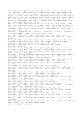 clayonnage pour le poisson; âtre de cheminée. arcèl, arceau. arcolan, arc-en-
ciel. arconcèl, archet de berceau; cerceau de barrique; fièvre éphémère des
nourrices. arcelar, couvrir un berceau de son archet. arcelàs, grand cerceau.
arquet, petit arc; archet de violon; instrument de tourneur; étui de faucille;
piège; arc-en-ciel, Cent. arquetar, tendre, ajuster, parer; arc-bouter; agiter
les jambes convulsivement au moment de la mort. arquièr, archer. Comp. arc
botant, m., arc-boutant. arc vòut, m., arcade, vo-te. arc-de-Sant-Martin, m.,
arc-en-ciel. étym. L. arcus. Cat. arc.
arca, f. Coffre; arcade, arche de pont; coffre à pain, Rgt.; coffre à linge,
Quer.; coffre à grains, Aur. Dér. arcassa, arcasse (derrière de la poupe d'un
vaisseau). arcèli, m., coquillages divers: vénus, lavignon. Syn. clausissa.
arquièra, dispositif pour prendre les coquillages (râteau et filet). étym. L.
arca, arcella. Cat. arca.
arcabusa, f. Arquebuse. Dér. arcabusada, arquebusade. arcabusièr, arquebusier.
étym. Germ. hakenb ﾁ chse; It. archibugio. Cat. arcab£s.
arcalièch ~ arcalèit, m. Châlit. Syn. cadalèit. étym. L. arca + lectus.
arcamina, f. Arcane, préparation de mercure; vif-argent. étym. Occ. alquimia x
arcana.
arcana, f. Craie rouge; ocre rouge; sanguine; oxyde rouge de mercure; arcane
(composition secrète des alchimistes). Dér. arcanet, rougeur du visage.
arcaneta, orcanette. étym. L. arcanus, secret. Cat. arcà.
arcangèl, m. Archange, Rgt. étym. L. archangelus. Cat. arcàngel.
arcavòt, V. alcavòt.
arcbalesta, f. Arbalète; pièce de charpente; piège pour les oiseaux. Dér.
arcbalestièr, arbalétrier (soldat armé d'une arbalète); hurluberlu; martinet
(oiseau); pièce de charpente d'un comble. arcbalestièra, meurtrière; femme
légère. étym. L. arcus + balista.
arcemisa, f. Armoise (Artemisia vulgaris). étym. L. artemisia. Cat. artemisa.
archavesque, m. Archevêque. Dér. archavescal, -a, adj., archiépiscopal.
archavescat, archevêché. étym. L. archi + episcopus.
archibanc, m. Coffre servant de banc devant l'âtre; banc d'honneur. étym. L.
arca + Germ. banki, influencé par le préfixe archi. Cat. arquibanc.
archicancelièr, m. Archichancelier. étym. Gr. archi + cancelier, du L.
cancellarius.
archidiague, m. Archidiacre. étym. Gr. archi + L. diaconus.
archiduc, m. Archiduc. Dér. archiducal, -a, adj., archiducal. archiducat,
archiducat. archiduquessa, archiduchesse. étym. Gr. archi + L. dux, ducis. Cat.
arxiduc.
archimbèla, f. Balance à un seul plateau; poids public.
archipèl, m. Archipel. étym. It. archipelago. Cat. arxipèlag.
archipòt, m. Viande cuite à l'étouffée. étym. Fr. hochepot.
archiprèire, m. Archiprêtre. Dér. archipreirat, archiprêtré. étym. Gr. archi +
L. presbyter. Cat. arxiprest.
architècte, m. Architecte. Dér. architectura, architecture. architectural, -a,
adj.,architectural. étym. Gr. architekton. Cat. arquitecte.
architrau, m. Architrave. étym. It. architrave. Cat. arquitrau.
archius, m. pl. Archives. Dér. archivaire, archiviste. archivista, id. étym. B.
L. archivum, du Gr. arkheion. Cat. arxiu.
archivòlt, m. Archivolte. étym. It. archivolto. Cat. arquivolta.
arcielons, m. pl. Cèpe; potiron (Boletus edulis), Cév. Syn. bolet, bruguet.
arciprièr, Quer. V. ciprièr, cipressièr.
arçon, m. Arçon; outil pour battre la laine. Dér. arçonar, v. tr., battre la
laine avec l'arçon. arçonaire, ouvrier qui bat la laine. étym. B. L. arcio,
arcionis, du L. arcus. Cat. arço.
arda, f. Colère, cri de colère et de menace, Cév. étym. All. hart, violent
(Mistral).
ardada, f. Troupe de bêtes fauves; volée d'oiseaux; meute, grande quantité. Syn.
ardal, ardau, Gév., Cév. étym. Franc. herda.
ardal ~ ardau, m. V. ardada.
 