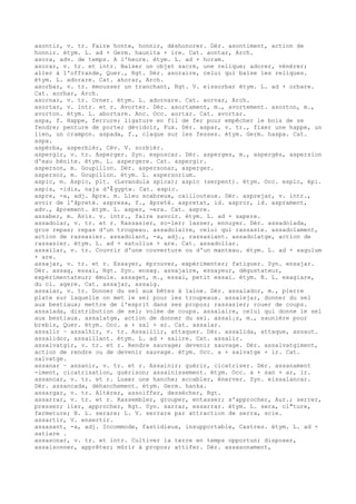 asontir, v. tr. Faire honte, honnir, déshonorer. Dér. asontiment, action de
honnir. étym. L. ad + Germ. haunita + ire. Cat. aontar, Arch.
asora, adv. de temps. A l'heure. étym. L. ad + horam.
asorar, v. tr. et intr. Baiser un objet sacré, une relique; adorer, vénérer;
aller à l'offrande, Quer., Rgt. Dér. asoraire, celui qui baise les reliques.
étym. L. adorare. Cat. ahorar, Arch.
asorbar, v. tr. émousser un tranchant, Rgt. V. eissorbar étym. L. ad + orbare.
Cat. aorbar, Arch.
asornar, v. tr. Orner. étym. L. adornare. Cat. aornar, Arch.
asortar, v. intr. et r. Avorter. Dér. asortament, m., avortement. asorton, m.,
avorton. étym. L. abortare. Anc. Occ. aortar. Cat. avortar.
aspa, f. Happe, ferrure; ligature en fil de fer pour empêcher le bois de se
fendre; penture de porte; dévidoir, Fux. Dér. aspar, v. tr., fixer une happe, un
lien, un crampon. aspada, f., claque sur les fesses. étym. Germ. haspa. Cat.
aspa.
aspèrba, asperbièr, Cév. V. sorbièr.
aspergir, v. tr. Asperger. Syn. esposcar. Dér. asperges, m., aspergès, aspersion
d'eau bénite. étym. L. aspergere. Cat. aspergir.
asperson, m. Goupillon. Dér. aspersonar, asperger.
aspersor, m. Goupillon. étym. L. aspersorium.
aspic, m. Aspic, plt. (Lavandula spica); aspic (serpent). étym. Occ. espic, épi.
aspis, -idis, naja d'ﾐ gypte. Cat. espic.
aspre, -a, adj. Apre. m. Lieu scabreux, caillouteux. Dér. asprejar, v. intr.,
avoir de l'âpreté. aspresa, f., âpreté. aspretat, id. aspror, id. asprament,
adv., âprement. étym. L. asper, -era. Cat. aspre.
assaber, m. Avis. v. intr., faire savoir. étym. L. ad + sapere.
assadolar, v. tr. et r. Rassasier, so-ler; lasser, ennuyer. Dér. assadolada,
gros repas; repas d'un troupeau. assadolaire, celui qui rassasie. assadolament,
action de rassasier. assadolant, -a, adj., rassasiant. assadolatge, action de
rassasier. étym. L. ad + satullus + are. Cat. assadollar.
assailar, v. tr. Couvrir d'une couverture ou d'un manteau. étym. L. ad + sagulum
+ are.
assajar, v. tr. et r. Essayer, éprouver, expérimenter; fatiguer. Syn. ensajar.
Dér. assag, essai, Rgt. Syn. ensag. assajaire, essayeur, dégustateur,
expérimentateur; émule. assaget, m., essai, petit essai. étym. B. L. exagiare,
du cl. agere. Cat. assajar, assaig.
assalar, v. tr. Donner du sel aux bêtes à laine. Dér. assalador, m., pierre
plate sur laquelle on met le sel pour les troupeaux. assalejar, donner du sel
aux bestiaux; mettre de l'esprit dans ses propos; rassasier; rouer de coups.
assalada, distribution de sel; volée de coups. assalaire, celui qui donne le sel
aux bestiaux. assalatge, action de donner du sel. assal¡s, m., saunière pour
brebis, Quer. étym. Occ. a + sal + ar. Cat. assalar.
assalir ~ assalhir, v. tr. Assaillir, attaquer. Dér. assalida, attaque, assaut.
assalidor, assaillant. étym. L. ad + salire. Cat. assalir.
assalvatgir, v. tr. et r. Rendre sauvage; devenir sauvage. Dér. assalvatgiment,
action de rendre ou de devenir sauvage. étym. Occ. a + salvatge + ir. Cat.
salvatge.
assanar ~ assanir, v. tr. et r. Assainir; guérir, cicatriser. Dér. assanament
-iment, cicatrisation, guérison; assainissement. étym. Occ. a + san + ar, ir.
assancar, v. tr. et r. Luxer une hanche; accabler, énerver. Syn. eissalancar.
Dér. assancada, déhanchement. étym. Germ. hanka.
assargar, v. tr. Altérer, assoiffer, dessécher, Rgt.
assarrar, v. tr. et r. Rassembler, grouper, entasser; s'approcher, Aur.; serrer,
presser; lier, approcher, Rgt. Syn. sarrar, essarrar. étym. L. sera, cl"ture,
fermeture; B. L. serare; L. V. serrare par attraction de serra, scie.
assartir, V. ensertir.
assasant, -a, adj. Incommode, fastidieux, insupportable, Castres. étym. L. ad +
satiare .
assasonar, v. tr. et intr. Cultiver la terre en temps opportun; disposer,
assaisonner, apprêter; mûrir à propos; attifer. Dér. assasonament,
 