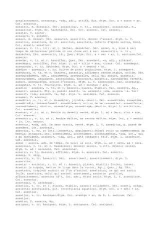 assaisonnement. assasonat, -ada, adj., attifé, Aur. étym. Occ. a + sason + ar.
Cat. assaonar.
assassin, m. Assassin. Dér. assassinar, v. tr., assassiner. assassinat, m.,
assassinat. étym. Ar. hachchâchî. Anc. Occ. ansessi. Cat. assass¡.
assatar, V. asatar.
assaupre, V. assaber.
assaut, m. Assaut. Dér. assautar, assaillir, donner l'assaut. étym. L. V.
assaltus, assaltare, du cl. assultus, assultare, refaits d'après saltus, bond.
Cat. assalt, assaltar.
assecar, v. tr., intr. et r. Sécher, dessécher. Dér. assec, m., mise à sec;
temps de sécheresse; période où une chose est à sec. assecarlir, v. tr.,
dessécher, Cév. assecarir, id., Quer. étym. Occ. a + sec + ar. L. assicare.Cat.
assecar.
assedar, v. tr. et r. Assoiffer, Quer. Dér. assedant, -a, adj., altérant.
assedegar, assoiffer, Fux. étym. L. ad + sitis + are, -icare. Cat. assedegar.
assegondar, v. tr. Seconder. étym. Occ. a + segond + ar.
assègre ~ asseguir, v. tr. Suivre de près; poursuivre. étym. L. assequere.
assegurar, v. tr. et r. Assurer, garantir, affirmer; rendre stable, solide. Dér.
asseguradament, adv., assurément, asseguraire, celui qui assure, garantit.
assegurament, assurance. assegurança, assurance, garantie, sauvegarde; fermeté,
audace. asseguratge, action d'assurer. étym. L. V. assecurare. Cat. assegurar.
assegutar, v. tr. Poursuivre. étym. L. ad + secutus + are.
assèire ~ assèser, v. tr. et r. Asseoir, placer, établir. Var. assètre, Ag.,
assesir, assasir, Mtp. p. passé: assèit, -a, assegut, -uda, assèis, -a. Var:
assesit, -ida, assièch, -a, Rgt. étym. L. assidere. Cat. asseure.
assemar, V. acermar.
assemblar, v. tr. et r. Assembler, joindre, réunir. Dér. assemblada, assemblée.
assemblad¡s, rassemblement. assemblament, action de se rassembler. assemblança,
rassemblement, réunion. assemblatge, assemblage, réunion. étym. L. assimilare.
Cat. assemblar.
assenar, v. tr. et r. Rendre ou devenir sensé. étym. L. ad + Germ. sinn + are.
Cat. assenat.
assenhorir, v. tr. et r. Rendre maître, se rendre maître. étym. Occ. a + senhor
+ ir. Cat. senyor.
assentat, -ada, adj. De sens rassis, sensé. étym. L. V. asseditus, p. passé de
assedere. Cat. assentat.
assentir, v. tr. et intr. Consentir, acquiescer; fêler; avoir un commencement de
hernie; attaquer. Dér. assentiment, assentiment. assentimentat, -ada, adj., qui
a du sentiment. assentit, -ida, adj., gâté (enfant); fêlé. étym. L. assentire.
Cat. assentir.
asser ~ assera, adv. de temps. Ce soir; le soir. étym. L. ad + seru, ad + sera.
asserenar, v. tr. et r. Rasséréner; devenir serein. v.intr. Devenir serein.
étym. L. ad + serenare. Cat. asserenar.
asserir, v. tr. Assurer, affirmer. étym. L. asserere. Cat. asserir.
assèrp, V. sèrp.
asservir, v. tr. Asservir. Dér. asserviment, asservissement. étym. L.
asservire.
assetar ~ assietar, v. tr. et r. Asseoir, placer, établir; fouler, tasser.
Assetar la bugada, mettre le linge dans le cuvier, Rgt., Quer., Ag. Dér.
assetador, trépied; endroit où l'on s'assied. assetadura, ce qui est assis;
foulé. assetaire, celui qui assied. assetament, assiette position,
affermissement. assetons (d'), loc. adv., étant assis. étym. L. V. asseditare.
Cat. assentar.
assetegar, V. assedegar.
assetiar, v. tr. et r. Placer, établir, asseoir solidement. Dér. assèti, siège,
assiette; scrofulaire, plt. (Scrofularia aquatica). étym. Occ. a + sèti + ar.
Cat. assetiar.
assetjar, v. tr. Assiéger.ﾐ tym. Occ. a+sètge + ar, du B. L. sedicum. Cat.
assetjar.
assètre, V. asseire, Ag.
assignar, v. tr. Assigner. étym. L. assignare. Cat. assignar.
 