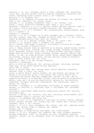 assostar, v. tr. et r. Protéger, mettre à l'abri, défendre. Dér. assostad¡s,
-issa, adj., qui peut abriter; facile à abriter. assostaire, protecteur, qui
abrite. assostatge, mise à couvert. étym. L. ad + substare.
assostir, v. tr. Accabler, Fux.
assostrar, v. tr. Préparer la litière des chevaux, les soigner. Syn. apalhar.
étym. L. ad + substrare. Cat. sostre, couche.
assoudar, v. tr. Soudoyer, stipendier. étym. L. ad + solidus + are.
assuau ! interj. Attention! Doucement! Quer. étym. L. ad + suavis.
assuausar ~ assuausir, v. tr. et r. Adoucir, calmer, apaiser, pacifier. étym. L.
ad + suavis + are ou suavisare, d'après suavisator. Cat. assuaujar.
assubjectir, v. tr. et r. Assujétir. Dér. assubjectiment, assujétissement. étym.
Occ. a + subjèct + ir.
assubtar, V. assobtar.
assucar, v. tr. et r. Frapper sur la tête, assommer, Quer.; entasser, serrer,
Don. Dér. assucat, -ada, adj., assommé; en pointe. étym. Occ. a + suc + ar; suc,
sommet de montagne pointu, suca, tête. Cat. assucar.
assugar, v. tr. et r. épuiser, essuyer. étym. L. ad + sucus + are.
assumir, v. tr. Assumer. étym. L. assumere. Cat. assumir.
ast, m. Broche, tige, hampe. A mièg ast, à mi-chemin, au milieu de la hampe.
Virar l'ast, tourner la broche à r"tir.
asta, f. Hampe, manche; timon de charrette ou de charrue; grande broche; courson
de vigne. A mièja asta, à moitié. Dér. astada, brochée. astadeta, brochette.
astar, embrocher. astejar, faire aller la broche; brandir une pique. astèla,
hampe; éclat de bois. Var. estèla. astelada, brochée. astelièr, hâtier, Alb.
astenc, -a, adj.. en forme de broche. astièr, hâtier (grand chenet supportant
les broches). astièra, grand chenet. astilha, hâtille, viande en brochette.
étym. L. hasta, hastum. Cat. ast, asta.
astaragués, -esa, s. et adj. Du pays d'Astarac.
asterisc, m. Astérisque.
astic, m. Astic de cordonnier. Dér. asticar, astiquer. asticatge, asticage.
étym. Angl. stick, bâton; dérivé de asta (Mistral).
astla, Fux. V. ascla.
astor, m. Autour, Quer. Dér. astoret, petit autour; épervier. astoretar,
fasciner. étym. L. astur. Cat. astor.
astre, m. Astre; destin; chance, bonheur. Per còp d'astre, par chance, par
hasard. A tot astre bon astre, à tout hasard. Dér. astrar, mettre sous
l'influence des astres; destiner, prédestiner. astrenc, -a, adj., qui se
rapporte aux astres, à la destinée. astrièr, sorte de gaufre ou de pâtisserie.
astruc, -uga, adj., né sous une bonne étoile, heureux; m., félicitations,
compliment. astrugar, féliciter, complimenter. Syn. benastrugar. étym. L.
astrum. Cat. astre.
astrénher ~ astrénger, v. tr. Astreindre, contraindre. p. passé: astrench,
astrent, -a, astreint; f., astreinte. étym. L. astringere. Cat. astrénger,
astringir.
astrològ, m. Astrologue; homme bizarre, songe-creux; bavard. Var. estarlòt,
estornogòl, Quer.
ast£cia, f. Astuce. Dér. astuci¢s, -osa, adj., astucieux. astuciosament, adv.,
astucieusement. étym. L. astucia. Cat. astucia.
asucar, v. tr. Regarder avec envie, Fux.
asulhar, v. intr. et tr. Disparaître à l'horizon; se coucher (astre); regarder.
Conjug. asuèlhi, asulham. Var. ajulhar, Rgt. Dér. asuèlh, Rgt., horizon; orvet
(serpent). étym. L. ad + oculare.
asunar, v. tr. et r. Unir, rassembler. Dér. asunat, -ada, adj., empressé contre,
excité. Syn. afiscat. étym. L. adunare. Cat. adunar.
asurpar, Fux. V. asarpar.
atacant-de-pas, m. Coupe-jarret; guet-apens. Var. tacant-de-pas.
atacar, v. tr. et r. Attaquer. Syn. acometre. Dér. atac, attaque, agression;
attaque d'apoplexie. ataca, id. atacable, -a, adj., attaquable. atacaire,
agresseur. atacant, -a, m., attaquant. étym. It. attaccare, attacher. Cat. atac,
atacar.
 