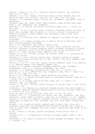 ateunar ~ ateunir, v. tr. et r. Atténuer, amincir, aplatir. Var. ateuntrir.
étym. Occ. a + teune + ir.
atierar, v. tr. et r. Aligner, mettre en ligne, en file; atteler, Aur.; se
mettre en train. Var. atièirar. étym. Occ. a + tièra + ar. Cat. tira.
atilhar, v. tr. Arranger, parer, attifer. Dér. atilhament, ajustement. étym. L.
apticulare.
atimbrat, -ada, adj. Calme, réglé. Temps atimbrat, temps au beau fixe, Quer.
étym. L. ad + temperatus. Cat. atemperat.
atimonar, v. tr. Atteler les boeufs à la charrue. étym. Occ. a + timon + ar.
Cat. tim¢.
atindar, v. tr. et r. Ajuster, parer; arranger, organiser, placer; se fixer, se
parer. Syn. entindar. Dér. atindolar, v. tr. et r., placer un tonneau sur
chantier; se mettre au beau (temps). Syn. entindonar. étym. frison tind,
support, chantier.
atintar, v. tr. Incliner, Aur.; décanter un liquide en inclinant le vase. v. r.,
se pencher.
atintelar, v. tr. Placer un objet sur un support; mettre en équilibre, Quer.
étym. variante probable de atindar.
atir, v. tr. Poursuivre, Rgt. étym. L. aptus + ire.
atirar, v. tr. Attirer, allécher. Dér. atiraire, adj., attractif. atiralh,
attirail. atiralhar, arranger, préparer, parer. atirament, attraction. atirant,
-a, adj., attirant. atira, outil de corroyeur pour étirer les peaux, étire.
étym. L. V. tirare, du Germ. teran, déchirer. Cat. atirar.
atisar, v. tr. et r. Attiser, aviver. Syn. entusar. étym. L. V. attitiare, de
titio. Cat. atisar.
atissar, v. tr. et r. Exciter, haler; vexer, molester; prendre en grippe;
s'opiniâtrer, prendre une chose en tic. Dér. atiss¢s, -osa, adj., agaçant. étym.
Occ. a + tissa + ar.
atitolar, v. tr. et r. Dorloter, choyer, cajoler, amadouer. étym. tita, mamelle,
L. V., mamelle, Béarn, tita, mamelle, poupée, Prov.
atocar, v. tr. Toucher, concerner; incomber; atteindre. Dér. atocament,
attouchement. étym. L. V. toccare (onomatopée). Cat. tocar.
atoissar, v. tr. émousser (tranchant), Ag. étym. Occ. a + toissa + ar.
atopinar, v. tr. et r. Emmitoufler. Syn. entopinar. étym. Occ. a + topin + ar,
du V. H. All. topf. Cat. tup¡.
atorar, v. tr. Combler de terre; ranger quelqu'un à son devoir, Cév.
atornar (s'), v. r. Rendre les coups reçus, se revancher; se parer. étym. Occ. a
+ tornar. Cat. tornar.
atornelar, v. tr. Ranger, mettre en ordre. étym. Occ. a + tornèl + ar.
atornhit, -ida, adj. Rabougri.
atortir, v. tr. et r. Tortuer, rendre tortueux, se tortuer. étym. L. ad + tortus
+ ire. Cat. tort.
atostonar, v. tr. Préparer une tartine au fromage ou avec tout autre aliment. v.
r. S'écraser comme une substance pâteuse propre à faire des tartines. étym. Occ.
a + toston + ar, du L. tostus.
atots, m. Atout (au jeu); soufflet. étym. Occ. a + tot. Cat. atot.
atrabalir (s'), v. r. Prendre go-t au travail, Rgt. Dér. atrabalit, -ida, adj.,
laborieux, occupé, ardent au travail. étym. Occ. a + trabalh + ir. Cat. treball.
atracar, v. tr. et intr. Empiler, entasser; accoster un navire à quai; tracer un
chemin dans la neige, Aur. Dér. atracada, tas, pile. étym. Néerl. trekken.Cat.
atracar.
atraçar, v. tr. Tracer un chemin; ramasser petit à petit, Rgt., Toul. Dér.
atraçador, bâton muni d'une planchette pour diviser le caillé, Rgt. atraç, pl.
-ces, m., amas, Toul.; bagages, sac, Don.; outils, ustensiles, Cent. étym. L. ad
+ tractiare.
atrach ~ atrait, m. Attrait, qualité attrayante, ce qui attire. étym. V.
atraire.
atrachar (s'), v. r. S'apercevoir, s'aviser, se rendre compte. étym. L. ad +
tractare.
atrachelar, v. tr. Rouler le chanvre ou la laine peignée en poupées. étym. Occ.
a + trachèl + ar.
 