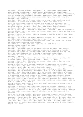 précédente, l'année dernière. avantportal, m., avantporte. avantprepaus, m.,
avant-propos. avantscèna, f., avant-scène. avantvèlha, f., avant-veille.
avantar, v. tr. Lancer, jeter; présenter. Dér. avantatge, avantage, supériorité,
profit. avantatjar, avantager, favoriser. avantatj¢s, -osa, adj., avantageux,
profitable. avantatjosament, avantageusement. étym. Occ. avant + ar. Cat.
avantar, Arch. avantatge.
avantir, v. intr. et tr. Avancer, mettre en avant; servir, profiter. A qué
m'avantiri ? à quoi cela me servirait-il? étym. Occ. avant + ir.
avar, -a, adj. Avare; anguleux (noix). Notz avara, noix anguleuse. Dér.
avarejar, lésiner. avarent, -a, adj., avare. avarament, adv., avec avarice.
avarécia, avarice. avareci¢s, -osa, adj., avaricieux. avareciosament,
chichement. étym. L. avarus, avaritia. Cat. avar, avar¡cia.
avarar, v. intr. et tr. Prendre le large (mar.), prendre la mer, se préparer au
départ; débuter. v. r., se lancer, se risquer, Mtp. étym. L. vara, perche, bâton
fourchu. Cat. avarar.
avasar, v. tr. et r. Enfoncer dans la vase,Aur.; remplir de terre, Toul. étym.
Occ. a + vasa + ar.
avastar, v. tr. élargir le bétail; exposer, hasarder. v. r. Se hasarder, faire
une offre trop avantageuse. étym. Occ. a + vast + ar.
avaus ~ avals, m. Chêne-kermès (Quercus coccifera). Var. agaus. Syn. garrus,
garrolha. Dér. avaussièr, chêne-kermès.
avedilhar, v. tr. Déchirer, Gév. étym. Occ. a + vedilha + ar.
avedre, aveire, avudre, V. aver.
avejaire, V. vejaire.
avelana, f. Noisette: fruit du noisetier (Corylus avellana). Var. aulana,
auglana, avelan, Quer. Dér. avelanièr, noisetier. avelanièra, avelaneda,
plantation de noisetiers. avelanieirada, jet de noisetier qui sert de lien.
étym. L. (nux) abellana, noix d'Abella en Campanie. Cat.avellana.
avelatièr, m. Arbre de Judée (Cercis siliquastrum). Syn. blasinièr.
avelhar, V. velhar.
avena, f. Avoine. Syn. civada. Dér, avenièra, champ d'avoine. avenàs, pain
d'avoine. avenat, gruau d'avoine. étym. L. avena. Cat. avena.
avenar, v. tr. et intr. Alimenter une source; faire venir le lait du sein;
sourdre. étym. Occ. a + vena + ar.
avenc, m. Gouffre, puits naturel creusé par les eaux dans les terrains
calcaires, Cent., Rgt. Dér. avencar, v. tr., abîmer, éreinter; v. r., s'abîmer,
s'éreinter. étym. Gaul. ab, eau + inco. Cat. avenc.
avencir, v. tr. Vaincre, surmonter; achever, atteindre, aveindre. Dér.
avenciment, action de vaincre, achèvement. étym. L. ad + vincere. Cat. vencer.
avenir, v. intr. Advenir, arriver. v. r. Se convenir, sympathiser, s'accorder.
Dér. avenença, accord, convention; affabilité, courtoisie. avenent, m., venue;
d'un avenent, d'une seule venue. adj., avenant, gracieux; prochain. Annada
avenent, année prochaine; voisin, à portée. avenidor, avenir, m., avenir.
avenidor, -idoira, adj., futur, qui doit arriver. avenguda, f., avenue; endroit
par où arrive le gibier. avengut, -uda, adj., grand pour l'âge, précoce; adulte.
étym. L. advenire. Cat. avenir.
avent, m. Avent. Los avents, l'avent (les neuf jours avant la No‰l). étym. L.
adventus, arrivée. Cat. advent.
aventura, f. Aventure. Dér. aventurar, aventurer, hasarder, risquer. v. r.,
s'aventurer, se risquer. aventuraire, celui qui aventure. aventurament, action
d'aventurer. aventurièr, -a, s. et adj., aventurier; adventice (plante). aventur
¢s, -osa, adj., aventureux. étym. L. adventura, ce qui doit arriver. Cat.
aventura.
aver, v. tr. Avoir, posséder; atteindre, aveindre; attraper, voler; lasser,
mettre sur les dents. Conjug. Inf. Var. abeire, aberre, abure, avedre, aguer,
aguèdre. P. passé, agut, var. abut, ajut. Ind. prés. ai, as, a, avèm, avètz, an.
Imp. ind. avi . Prétérit aguèri. Var. agèri, abèri, asquèri, Aur. Fut. aurai.
Cond. prés. auri . Subj. prés. aja. Impér. aja, ajatz. P. prés. avent. Var.
aguen, agen. m., avoir, possession, richesse; troupeau, bêtes à laine. étym. L.
habere. Cat. haver.
 