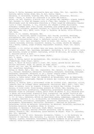 baita, f. Hutte, baraque; maisonnette dans une vigne, Cév. Syn. capitèla. Dér.
baitona, petite hutte. étym. Anc. H. All. baita, repos.
baiuèrna, f. étincelle, bluette, Cév. Dér. baiuernar, étinceler, éblouir.
bajal ~ bajat, m. Fiente qui s'attache à la laine des brebis.
bajan, -a, adj. Blanchi, à moitié cuit (en parlant des légumes); nigaud, badaud.
Syn. bajanèl. m. Plat de légumes cuits à l'eau. Dér. bajana, f., châtaigne
décortiquée; plat de châtaignes blanchies à l'eau; soupe de châtaignes; légumes
cuits à l'eau. bajanar, v. tr., blanchir les légumes à l'eau bouillante,
échauder; tremper dans l'eau froide. bajanada, plat préparé par cuisson à l'eau
bouillante; niaiserie. bajanat, bajanac, m., bouillon de châtaignes Rgt.
bajanat, -ada, adj., gâté, couvi. étym. L. bajanus, de Baïes, ville d'Italie.
Cat. baja.
bajar, v. tr. Lasser, fatiguer, Gév.
bajaula, f. Bourriche, panier à poisson, Gui; bourde, sornette, mensonge,
plaisanterie. Dér. bajaular, v. intr., parler à tort et à travers, dire des
sornettes, plaisanteries. étym. L. bajulare, porter à bras.
bajocar, v. intr. Agir sottement, faire le niais. Dér. bajòc, -a, adj., sot,
nigaud. bajocada, sottise, niaiserie. bajòca, f., cosse, gousse de légumes,
Fux.; bosse, tumeur, loupe d'arbre; engoulevent (oiseau). étym. Cat. bajoc,
bajoca.
bajolar, v. tr. Porter un enfant dans ses bras, dorloter, bercer, caresser,
soigner un enfant. Dér. bajolada, bercement. bajolaire, m. et f., celui ou celle
qui dorlote, soigne un enfant. bajolatge, action de dorloter, de soigner. étym.
L. bajulare porter à bras.
bajòt, -a, s. et adj. Qui habite Bages (Aude).
bal, V. balar.
bala, f. Balle, ballot de marchandises. Dér. baladoira (còrda), corde
d'emballage. étym. Franc. balla.
bala, f. Balle de fusil; balle à jouer. Dér. balon, grosse balle; aérostat.
balonar ballonner. étym. It. palla, du Lomb. ballo.
balafi (a), loc. adv. En abondance, Fux. Toul. Syn. a rofle, a baudre. étym.
Occ. palaficar, balaficar.
balag, m. Balai, Rgt., Gév. Syn. engranièra. Dér. balaja, f., balai. balajar, v.
tr., balayer. balajad¡s, balayures. balajadura, balayures. balajatge, balayage.
balatgièr, balayures. balajons, m. pl., rouvet (Osyris alba), Saint-Pons.
balajum, balayures. étym. breton balazn, du Gaul. *balatno.
balais, m. Rubis balai. étym. Ar. balakhtch de Balakhchân, près de Samarcande.
balalin-balalan, onomatopée. Exprime le branle des cloches; le cahotement, les
bras ballants.
balanç, m. Branle, Quer.; balancement volée de cloches; élan, impulsion, allure,
cadence; bout de cordage libre; perplexité, hésitation, Mtp., Quer., Fux., Don.
Téner en balanç, tenir en suspens. A balanç au branle des cloches. A grand
balanç, à toute volée. Prene balanç, prendre de l'élan. Dér. balança, f.,
balance, équilibre, pondération, comparaison, perplexité; balance, plateau de
balance; signe du zodiaque; truble, petit filet de pêche; f. pl., balances pour
la pêche aux écrevisses; dispositif pour transporter les gerbes constitué par
deux plateaux en équilibre sur le dos d'un mulet. Var. balàntias, Fux. balançar,
v. tr. et intr., balancer, mettre en équilibre; peser, compenser, comparer; être
en suspens, hésiter; v. r., se balancer, se contrebalancer. balançada, contenu
d'une balance, oscillation. balançador, balançoire. balançaire, qui balance.
balançament, balancement, hésitation. balançari , fabrique de balances.
balançatge, action de balancer. balancejar, se dandiner. balancièr, marchand de
balances, balancier de pendule. étym. L. bilanx.
balandra, f. Vaisseau à fond plat. étym. Néerl. bijlander.
balandran, m. Casaque, manteau d'étoffe grossière, robe de capucin, froc;
dadais, flandrin. Dér. balandrana, grand manteau de berger. étym. It. palandra,
Anc. Occ. opalanda.
balandrar, v. tr. et intr. Balancer, brimbaler, flâner. v. r. Se dandiner, se
balancer en marchant. Dér. balandra, f., bascule de puits de campagne. Syn.
caplèva, cigonha. balandran, balancement, branle; brimbale de puits; plateau de
romaine; chose encombrante; cahotement; branle de cloches; train de maison;
 