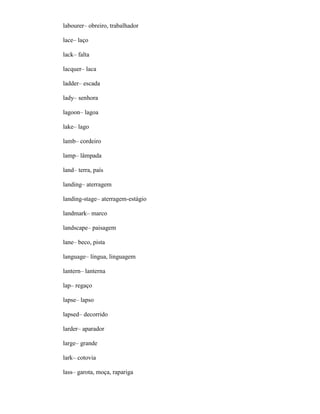 labourer– obreiro, trabalhador
lace– laço
lack– falta
lacquer– laca
ladder– escada
lady– senhora
lagoon– lagoa
lake– lago
lamb– cordeiro
lamp– lâmpada
land– terra, país
landing– aterragem
landing-stage– aterragem-estágio
landmark– marco
landscape– paisagem
lane– beco, pista
language– língua, linguagem
lantern– lanterna
lap– regaço
lapse– lapso
lapsed– decorrido
larder– aparador
large– grande
lark– cotovia
lass– garota, moça, rapariga
 