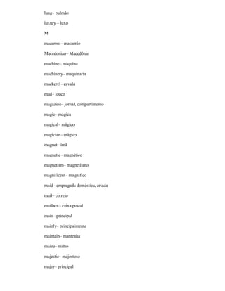 lung– pulmão
luxury – luxo
M
macaroni– macarrão
Macedonian– Macedônio
machine– máquina
machinery– maquinaria
mackerel– cavala
mad– louco
magazine– jornal, compartimento
magic– mágica
magical– mágico
magician– mágico
magnet– ímã
magnetic– magnético
magnetism– magnetismo
magnificent– magnífico
maid– empregada doméstica, criada
mail– correio
mailbox– caixa postal
main– principal
mainly– principalmente
maintain– mantenha
maize– milho
majestic– majestoso
major– principal
 