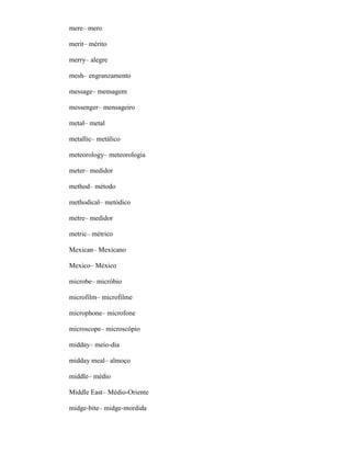 mere– mero
merit– mérito
merry– alegre
mesh– engranzamento
message– mensagem
messenger– mensageiro
metal– metal
metallic– metálico
meteorology– meteorologia
meter– medidor
method– método
methodical– metódico
metre– medidor
metric– métrico
Mexican– Mexicano
Mexico– México
microbe– micróbio
microfilm– microfilme
microphone– microfone
microscope– microscópio
midday– meio-dia
midday meal– almoço
middle– médio
Middle East– Médio-Oriente
midge-bite– midge-mordida
 