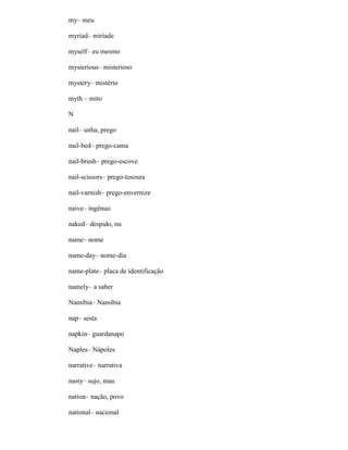 my– meu
myriad– miríade
myself– eu mesmo
mysterious– misterioso
mystery– mistério
myth – mito
N
nail– unha, prego
nail-bed– prego-cama
nail-brush– prego-escove
nail-scissors– prego-tesoura
nail-varnish– prego-envernize
naive– ingênuo
naked– despido, nu
name– nome
name-day– nome-dia
name-plate– placa de identificação
namely– a saber
Namibia– Namíbia
nap– sesta
napkin– guardanapo
Naples– Nápoles
narrative– narrativa
nasty– sujo, mau
nation– nação, povo
national– nacional
 