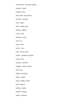 street-corner– rua-canto, esquina
streetcar– bonde
strength– força
stress-mark– força-marca
stretcher– esticador
strict– estrito
strike– batida, bater
striking– golpear
string– corda
stringent– estrito
strip– tira
stripe– listra
stroke– curso
stroll– dê uma volta
stroller– carrinho de criança
strong– forte
structure– estrutura
struggle– esforço, pelejar
stub– topo
student– estudante
studio– estúdio
study– estudar, estudo
stuff– material
stuffing– encher
stumble– tropeço
sturdy– resistente
 