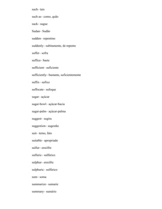 such– tais
such as– como, quão
suck– sugue
Sudan– Sudão
sudden– repentino
suddenly– subitamente, de repente
suffer– sofra
suffice– baste
sufficient– suficiente
sufficiently– bastante, suficientemente
suffix– sufixo
suffocate– sufoque
sugar– açúcar
sugar-bowl– açúcar-bacia
sugar-palm– açúcar-palma
suggest– sugira
suggestion– sugestão
suit– terno, fato
suitable– apropriado
sulfur– enxôfre
sulfuric– sulfúrico
sulphur– enxôfre
sulphuric– sulfúrico
sum– soma
summarize– sumarie
summary– sumário
 