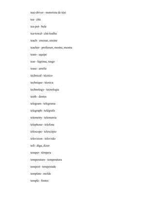taxi-driver– motorista de táxi
tea– chá
tea-pot– bule
tea-towel– chá-toalha
teach– ensinar, ensine
teacher– professor, mestre, mestra
team– equipe
tear– lágrima, rasgo
tease– arrelíe
technical– técnico
technique– técnica
technology– tecnologia
teeth– dentes
telegram– telegrama
telegraph– telégrafo
telemetry– telemetria
telephone– telefone
telescope– telescópio
television– televisão
tell– diga, dizer
temper– têmpera
temperature– temperatura
tempest– tempestade
template– molde
temple– fontes
 