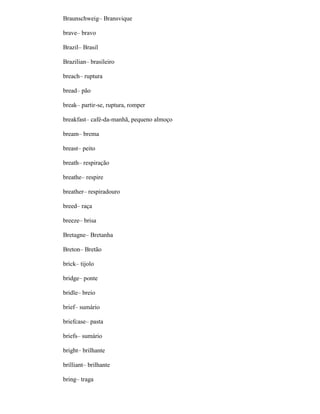 Braunschweig– Bransvique
brave– bravo
Brazil– Brasil
Brazilian– brasileiro
breach– ruptura
bread– pão
break– partir-se, ruptura, romper
breakfast– café-da-manhã, pequeno almoço
bream– brema
breast– peito
breath– respiração
breathe– respire
breather– respiradouro
breed– raça
breeze– brisa
Bretagne– Bretanha
Breton– Bretão
brick– tijolo
bridge– ponte
bridle– breio
brief– sumário
briefcase– pasta
briefs– sumário
bright– brilhante
brilliant– brilhante
bring– traga
 